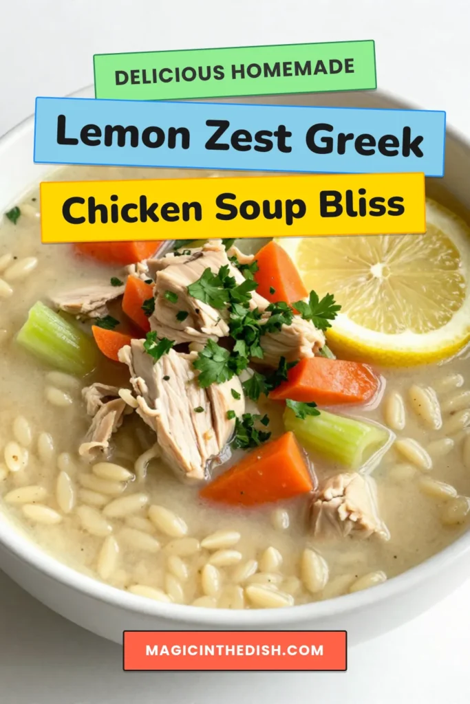 Savor the comforting flavors of Lemon Greek chicken soup with this easy recipe! This healthy lemon chicken soup combines tender chicken and orzo pasta in a delicious, lemon-infused broth, perfect for any occasion. Enjoy this Greek style chicken soup that's quick to make and sure to please the whole family. Discover your new go-to chicken orzo soup recipe today. Don’t forget to save this for later! #LemonGreekChickenSoup #HealthyRecipes #SoupLovers #ComfortFood