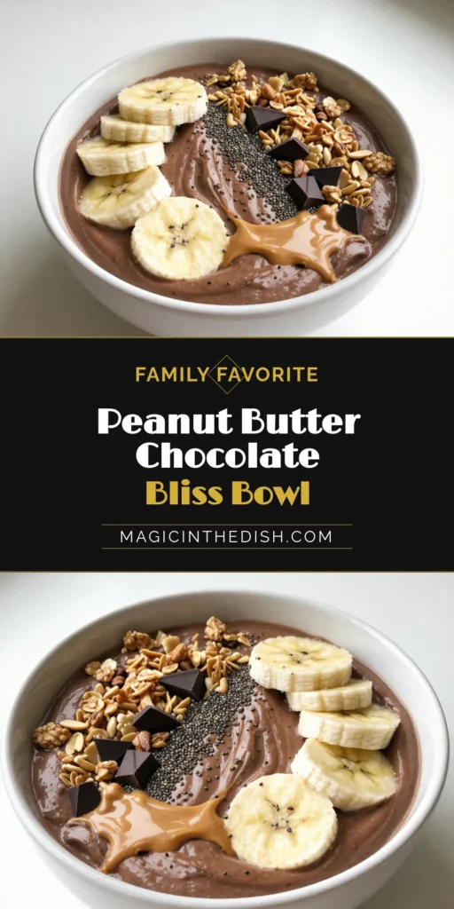 Indulge in a delicious Peanut Butter Chocolate Smoothie Bowl that's perfect for a nutritious breakfast! This healthy smoothie recipe features a creamy blend of frozen banana and rich cocoa, topped with fresh bananas, granola, and a drizzle of peanut butter. It's an easy way to kickstart your day with a tasty and filling meal. Try this chocolate smoothie bowl today and elevate your mornings! Save this recipe for your next healthy treat! #PeanutButterSmoothieBowl #ChocolateSmoothieBowl #HealthySmoothieRecipe #NutritiousBreakfastBowl