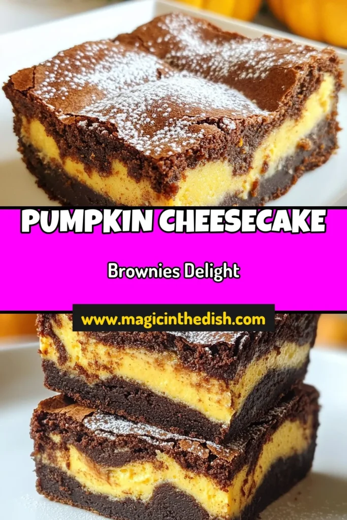 Indulge in the festive flavors of Fall with these decadent Pumpkin Cheesecake Brownies! This easy pumpkin brownies recipe combines rich chocolatey goodness with creamy cheesecake and pumpkin puree for a delightful twist on traditional desserts. Perfect for gatherings or cozy nights in, these Cheesecake Brownies with Pumpkin will be a hit! Don’t miss out on this must-try fall dessert recipe. Pin now and make your fall gatherings sweeter! #PumpkinDessert #FallBaking #BrownieRecipes #PumpkinSpice
