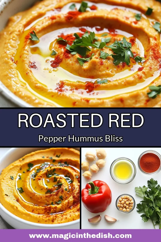 Discover the vibrant flavors of roasted red pepper hummus with this easy appetizer recipe! This healthy hummus dip features a creamy blend of chickpeas, tahini, and roasted red bell peppers, perfect for any occasion. Enjoy this chickpea hummus recipe with pita, veggies, or crackers. Elevate your snacking with this tahini hummus recipe that’s both nutritious and delicious. Save this recipe for your next gathering! #RoastedRedPepperHummus #HummusRecipes #HealthySnacks #AppetizerIdeas