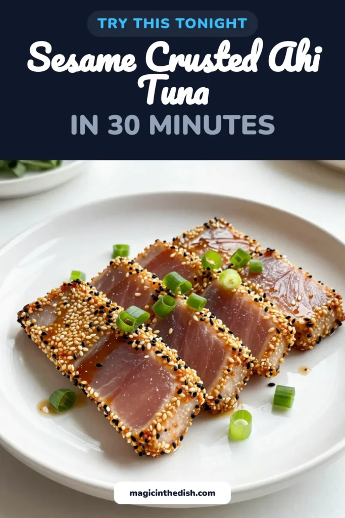 Discover the deliciousness of Sesame Crusted Ahi Tuna with this easy Ahi Tuna recipe! This quick tuna dinner is perfect for a healthy seafood recipe that impresses. Coated with a mix of sesame seeds, it's not only flavorful but packed with nutrients. Ready in just 30 minutes, enjoy the fresh taste of Ahi tuna seared to perfection. Save this recipe now for your next culinary adventure! #AhiTuna #HealthyEating #SeafoodRecipes #QuickDinner