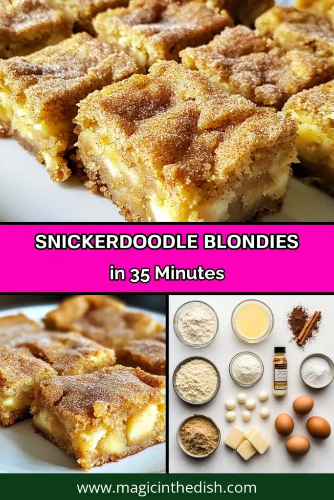 Indulge in this delightful snickerdoodle blondies recipe, perfect for a quick and easy blondie dessert! These cinnamon blondies with white chocolate offer a chewy texture that's irresistible. With just 10 minutes of prep, you can whip up homemade snickerdoodle treats that are sure to impress. Bake a batch today and savor the flavors! Save this recipe for your next sweet craving! #SnickerdoodleBlondies #EasyBlondieDessert #CinnamonBlondies #HomemadeTreats