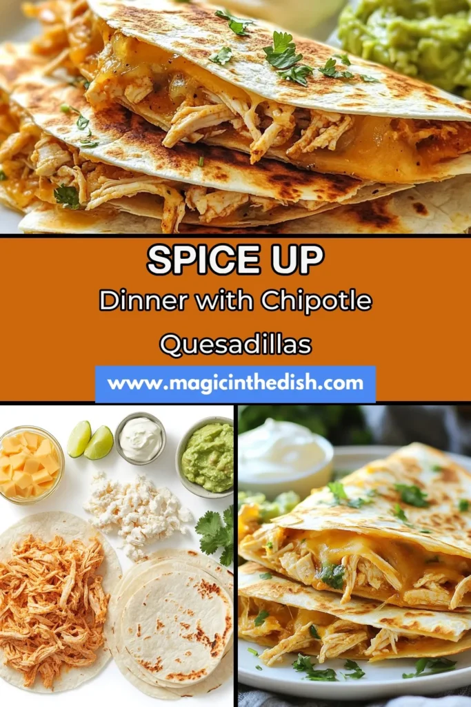 Craving something deliciously zesty? Try these Chipotle Lime Chicken Quesadillas! This easy chicken quesadilla recipe combines tender shredded chicken with chipotle chili powder and fresh lime for a flavorful twist. Perfect for quick dinner ideas, you’ll love the zesty quesadilla filling. Serve them warm with guacamole and sour cream for a tasty treat! Save this recipe for your next meal! #ChipotleLime #EasyQuesadillas #DinnerIn15 #MexicanRecipes
