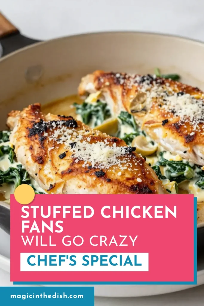 Discover the ultimate dinner with this Cheesy Spinach Artichoke Stuffed Chicken recipe! Filled with a creamy spinach artichoke filling, this stuffed chicken breast recipe is a healthy chicken dinner idea that your family will love. Baked to perfection, this savory dish combines flavors for an unforgettable meal. Try this delicious and easy recipe and impress your dinner guests! Save this idea for your next meal! #StuffedChicken #HealthyDinner #ChickenRecipes #SpinachArtichoke