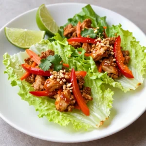 - 1 lb ground chicken - 1 tablespoon sesame oil - 1 small onion, finely chopped - 2 cloves garlic, minced - 1 red bell pepper, diced - 1 carrot, grated - 1/4 cup sweet chili sauce - 2 tablespoons soy sauce - 1 tablespoon fresh lime juice - Lettuce leaves (butter or iceberg) - Fresh cilantro, chopped - Chopped peanuts, optional To make Sweet Chili Chicken Lettuce Wraps, gather these essential ingredients. Ground chicken is the main protein. It cooks quickly and absorbs flavors well. The sesame oil adds a nice nutty taste. Onions and garlic bring depth to the dish. Diced red bell peppers and grated carrots add color and crunch. Sweet chili sauce gives it a sweet and spicy kick. Soy sauce adds umami, while lime juice brightens the flavors. Fresh lettuce leaves act as the wrap, holding everything together. You can add chopped peanuts for extra texture and flavor. - Suggested spices and herbs: salt, black pepper, ginger, green onions - Optional seasoning enhancements: sriracha, hoisin sauce For spice, use salt and black pepper to taste. They help balance the dish. If you like more heat, consider adding sriracha. Ginger adds warmth and depth, while chopped green onions can enhance freshness. Hoisin sauce can also add a sweet, rich flavor. Adjust the spices to fit your taste. {{ingredient_image_2}} 1. Heat the sesame oil in a large skillet over medium heat until it shimmers. 2. Add the finely chopped onion and minced garlic. Cook for about three minutes, stirring often, until the onion is soft and fragrant. 3. Next, increase the heat to medium-high. Add the ground chicken to the skillet. Cook it for about five to seven minutes. Stir regularly and break up the meat with a spatula until it is browned and no longer pink. 1. Now, mix in the diced red bell pepper and grated carrot. Cook for about two to three more minutes, until the vegetables are tender. 2. Pour in the sweet chili sauce, soy sauce, and fresh lime juice. Stir everything well. Make sure all the ingredients are coated in the sauce. Season with salt and pepper to taste. 1. To serve, take a generous spoonful of the chicken mixture and place it into each lettuce leaf. 2. Garnish with fresh chopped cilantro and, if you like, sprinkle chopped peanuts on top for extra crunch. Maintaining the right heat level is key. Start with medium heat to warm your sesame oil. This helps the onion and garlic cook evenly. When you add the ground chicken, raise the heat to medium-high. This helps brown the chicken nicely. Break up the meat as it cooks. You want it golden and no longer pink. This gives it great flavor and texture. How you arrange your wraps matters. Place the filled lettuce wraps on a colorful platter. This makes your dish pop! Add lime wedges around the edges. They add color and a zesty taste when squeezed on top. For a finishing touch, sprinkle fresh cilantro over the wraps. It looks nice and adds fresh flavor. Want a lighter version? Use leaner proteins like turkey or chicken breast. They still taste great! You can also look for low-sugar sweet chili sauce. This keeps the flavor but cuts down on sugar. Consider adding more veggies like mushrooms or zucchini for extra nutrition. These changes make your meal both tasty and healthy. Pro Tips Use Fresh Ingredients: Fresh vegetables and herbs will elevate the flavor of your lettuce wraps, making them more vibrant and delicious. Customize the Heat: Adjust the amount of sweet chili sauce to control the spiciness. For a hotter kick, add some crushed red pepper flakes or sliced jalape&ntilde;os. Make Ahead: Prepare the chicken mixture ahead of time and store it in the refrigerator. Just reheat it before serving for a quick and easy meal. Presentation Matters: Serve the wraps on a colorful platter with lime wedges and fresh cilantro for an appealing presentation that invites guests to dig in. {{image_4}} You can change the protein in these wraps. Turkey works well if you want a leaner option. Ground beef also gives a nice flavor. For a vegetarian option, try using tofu. Firm tofu absorbs flavors well. Just crumble it before cooking. Want more heat? Add red pepper flakes or sriracha to the mix. This adds a nice kick. If you prefer different tastes, swap the sweet chili sauce for a hoisin or teriyaki sauce. Each will give a new twist to the wraps. You can also try adding ginger for a fresh zing. These wraps are great with a side. Try serving them with rice or noodles. This makes it a full meal. You can add a simple salad on the side too. It adds some crunch and freshness. Enjoy these wraps however you like! To store leftover wraps, place them in a shallow container. Use a lid or plastic wrap to cover them. This keeps the chicken fresh and moist. I recommend using glass or BPA-free plastic containers. These materials are safe and help you see what's inside. To reheat without losing flavor, use a skillet or microwave. If using a skillet, add a splash of water and cook on low. Stir gently until heated through. In the microwave, cover the dish with a damp paper towel. Heat in short bursts, stirring in between, until warm. To freeze the chicken mixture, let it cool completely first. Then, scoop it into freezer-safe bags or containers. Remove as much air as possible to prevent freezer burn. When you want to eat it, thaw in the fridge overnight. Heat it in a skillet before serving in the lettuce wraps. You can use several options if you want to swap out ground chicken. Ground turkey is a great choice. It has a similar taste and texture. You can also try ground beef for a richer flavor. For a vegetarian option, use crumbled tofu or tempeh. These alternatives work well with the sweet chili sauce. Just ensure they are well-seasoned to enhance the taste. To add heat to your wraps, consider using spicy sauces. You can mix in sriracha or chili paste with the sweet chili sauce. Adding chopped fresh jalape&ntilde;os or red pepper flakes also works well. If you like it hot, try using a hotter chili sauce instead of sweet chili sauce. This will give the wraps a nice kick and make them extra flavorful. Yes, you can prepare these wraps ahead of time! Cook the chicken mixture and store it in the fridge for up to three days. When ready to eat, just warm the mixture in a pan. Keep the lettuce leaves separate until serving. This way, they stay fresh and crisp. You can also freeze the chicken mixture for longer storage. Just defrost it in the fridge before reheating. In this post, we covered how to create delicious chicken lettuce wraps. We looked at key ingredients, the cooking steps, and some helpful tips. You learned about alternative proteins and how to customize these wraps. Remember, cooking is fun, and you can make this dish your own. Try different spices or add your favorite veggies. Enjoy your meal, and don&rsquo;t hesitate to share your version with friends!