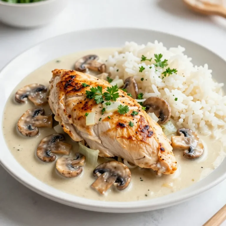 - 4 boneless, skinless chicken breasts - 2 cups of sliced mushrooms (choose either cremini or button mushrooms) - 1 small onion, finely chopped - 3 cloves garlic, minced - 1 cup heavy cream - 1 cup chicken broth - 2 tablespoons olive oil - 1 tablespoon unsalted butter - 1 teaspoon dried thyme - 1 teaspoon paprika - Salt and pepper to taste In this dish, chicken breasts are the star. They cook quickly and stay juicy. I love using cremini or button mushrooms for their rich taste. The fine-chopped onion and minced garlic add depth to the flavor. Heavy cream makes the sauce rich and smooth. Chicken broth gives it a savory base. Olive oil and butter add great taste when cooking. For seasoning, dried thyme and paprika give a warm flavor. Salt and pepper balance everything out. Together, these ingredients create a creamy mushroom chicken that is easy and delightful. {{ingredient_image_2}} - Seasoning the chicken breasts Start by taking the chicken breasts. Season both sides well with salt, pepper, dried thyme, and paprika. This step adds flavor and helps create a nice crust when cooking. - Preparing the cooking space Clear off your counter and gather all your ingredients. This makes cooking smoother and keeps you organized. Get your large skillet ready on the stove. - Searing the chicken Heat olive oil in your skillet over medium-high heat. Once it shimmers, place the seasoned chicken inside. Cook each side for about 5-7 minutes. You want them golden brown and fully cooked. Check if they reach 165°F inside. Then, take them out and let them rest on a plate. - Sautéing the vegetables Lower the heat to medium and add unsalted butter to the same skillet. Once it melts, toss in the chopped onion. Sauté for 3-4 minutes until it turns soft and fragrant. Next, stir in minced garlic and sliced mushrooms. Cook for about 5 minutes until the mushrooms soften and turn golden. - Combining broth and cream Pour in the chicken broth and stir well. Bring this mixture to a gentle simmer. Let it cook for about 3-4 minutes, so it reduces a little. After that, lower the heat and add the heavy cream. Stir continuously for another 2-3 minutes until it’s heated through and creamy. - Incorporating chicken back into sauce Carefully return the cooked chicken breasts to the skillet. Spoon that rich mushroom sauce over each piece. Allow everything to simmer together for another 5 minutes. This melds the flavors and makes the dish even tastier. To get golden-brown chicken, you need to start with dry chicken. Pat it with paper towels. Season it well with salt and pepper. Heat the olive oil until it shimmers. Sear each side for about 5-7 minutes. This will lock in flavor and keep your chicken juicy. For a creamy sauce, keep an eye on the heat. After adding the chicken broth, let it simmer. This helps reduce the liquid and concentrate the flavor. When you add the heavy cream, stir gently. This will give you the smooth texture you want. If you want to switch up the mushrooms, try shiitake or portobello. They add a rich flavor. You can also use dried mushrooms, but rehydrate them first. Looking for a lighter option? You can use low-fat cream or even Greek yogurt. Just be careful with heat, as yogurt can curdle. For side dishes, serve the creamy mushroom chicken over rice or pasta. Both soak up the sauce well. You can also add steamed broccoli or a fresh salad for balance. To garnish, chop fresh parsley finely. Sprinkle it over the chicken just before serving. This adds color and freshness. A drizzle of sauce over the top makes it look fancy too. Pro Tips Use Fresh Ingredients: Fresh mushrooms and herbs will elevate the dish's flavor profile significantly compared to dried or canned options. Perfectly Cooked Chicken: Use a meat thermometer to ensure the chicken reaches an internal temperature of 165°F for optimal juiciness and safety. Thicken the Sauce: If you prefer a thicker sauce, allow it to simmer longer or add a cornstarch slurry (1 tablespoon cornstarch mixed with 2 tablespoons cold water) to achieve your desired consistency. Flavor Variations: Experiment with different herbs such as rosemary or sage, or add a splash of white wine for a deeper flavor in the sauce. {{image_4}} You can boost the flavor of creamy mushroom chicken in fun ways. - Adding white wine for depth: A splash of white wine can add a rich taste. It enhances the sauce and pairs well with the mushrooms. Just pour it into the skillet after sautéing the mushrooms. Let it cook for a few minutes until it reduces. - Incorporating cheese options: Cheese can add a creamy and savory twist. Try stirring in some grated Parmesan or creamy goat cheese. It will melt into the sauce and create a richer flavor. If you have special dietary needs, you can still enjoy this dish. - Gluten-free modifications: Make this dish gluten-free by using gluten-free chicken broth. Always check the label to ensure it meets your needs. - Dairy-free alternatives: For a dairy-free version, swap heavy cream for coconut milk or a cashew cream. These options provide creaminess without dairy. Serving creamy mushroom chicken can be fun and creative. - Pairing with different sides: It goes well with fluffy rice, pasta, or mashed potatoes. These sides soak up the creamy sauce nicely. - Suggestions for salads or breads: A fresh salad, like a simple green salad or a Caesar, can balance the richness. Crusty bread is great for dipping in the sauce too. - To store leftovers, place them in an airtight container. - Let the chicken cool down before sealing. - For best taste, eat leftovers within 3 days. - To reheat, use the stovetop or microwave. - Heat until the chicken is warm throughout. - Yes, creamy mushroom chicken can be frozen. - Use a freezer-safe container or bag. - Label with the date for easy tracking. - To thaw, move it to the fridge overnight. - Reheat gently in a skillet or microwave. - Stored chicken lasts 3-4 days in the fridge. - If frozen, it can last up to 3 months. - Look for changes in color or smell. - If it smells off, do not eat it. You can pair creamy mushroom chicken with many tasty sides. Here are some great options: - Fluffy rice - Pasta (like fettuccine or penne) - Mashed potatoes - Steamed broccoli - Roasted green beans - Garlic bread Each side brings out the chicken's rich flavors. Fluffy rice soaks up the creamy sauce well. Pasta adds a nice texture and flavor. Choose what you love most! Yes, you can make creamy mushroom chicken ahead of time. Here are some tips: - Cook the chicken and sauce as directed. - Cool the dish completely before storing. - Place in an airtight container in the fridge. - It stays fresh for 3-4 days. For meal prep, you can also cook the chicken and sauce separately. This way, you can combine them just before serving. To check if your chicken is done, use a meat thermometer. Insert it in the thickest part of the breast. The chicken should reach an internal temperature of 165°F. Here are some tips: - Look for clear juices when you cut into it. - The meat should not be pink inside. - If you don’t have a thermometer, cook it for about 7 minutes per side. These methods ensure your chicken is safe to eat and super juicy! This blog post covers all aspects of making creamy mushroom chicken. We discussed key ingredients like chicken, mushrooms, and aromatics that enhance flavor. You learned step-by-step cooking instructions for perfect results. I shared useful tips for cooking and presentation, plus variations for different diets. Remember to store leftovers safely and check for spoilage signs. Now, dive into this dish and enjoy every bite! Cooking can be fun and rewarding.
