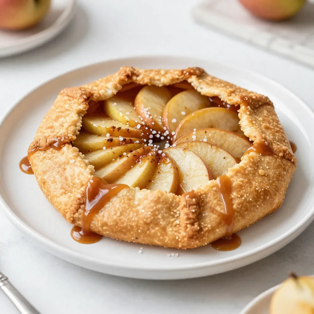 - 1 pre-made pie crust (or homemade for a fresher taste) - 3 medium-sized apples (such as Granny Smith or Honeycrisp), peeled, cored, and thinly sliced - 1/3 cup packed brown sugar - 1 tablespoon freshly squeezed lemon juice - 1 teaspoon ground cinnamon - 1/4 teaspoon ground nutmeg - 1/4 teaspoon fine sea salt - 1/2 cup salted caramel sauce (store-bought or homemade) - 1 large egg, beaten (for egg wash) - 1 tablespoon coarse sea salt (for garnish) - 1/4 cup chopped nuts (like walnuts or pecans) for a crunch - 1/4 cup dried cranberries or raisins for a sweet twist - 1/2 teaspoon vanilla extract for extra flavor depth - Use a gluten-free pie crust if needed. - Swap apples for pears or peaches for a different taste. - Replace brown sugar with coconut sugar for a healthier option. - Use maple syrup instead of salted caramel for a unique flavor. Each ingredient plays a key role in making your salted caramel apple galette special. The apples provide sweetness, while the spices add warmth. The salted caramel ties it all together, creating a dessert you can't resist. Remember, feel free to customize based on what you like! {{ingredient_image_2}} First, gather your ingredients. You will need: - 1 pre-made pie crust (or homemade for a fresher taste) - 3 medium-sized apples (like Granny Smith or Honeycrisp), peeled, cored, and thinly sliced - 1/3 cup packed brown sugar - 1 tablespoon freshly squeezed lemon juice - 1 teaspoon ground cinnamon - 1/4 teaspoon ground nutmeg - 1/4 teaspoon fine sea salt - 1/2 cup salted caramel sauce (store-bought or homemade) - 1 large egg, beaten (for egg wash) - 1 tablespoon coarse sea salt (for garnish) Next, preheat your oven to 400°F (200°C). This step warms the oven for even baking. In a large bowl, mix the apple slices with brown sugar, lemon juice, cinnamon, nutmeg, and fine sea salt. Toss them gently. Let the mixture sit for about 10 minutes. This time allows the apples to soak up flavors. Now, roll out your pie crust. If it's homemade, aim for a rough 12-inch circle. If you use store-bought dough, just unroll it on a parchment-lined baking sheet. Spoon the apple mixture into the center of the dough. Leave a 2-inch border around the edges. Drizzle half of the salted caramel sauce over the apples. This step adds yummy flavor. Next, fold the edges of the dough over the apples. Create pleats as you go. This forms a lovely open-faced galette. Brush the exposed edges of the crust with the beaten egg. This gives the galette a shiny, golden finish. Place your galette in the preheated oven. Bake it for 25-30 minutes. Look for a deep golden brown crust and tender apples. Once it's done, take it out and let it cool for a few minutes. Drizzle the rest of the salted caramel sauce over the top. Sprinkle with coarse sea salt for a tasty contrast. Slice the galette into generous wedges. It’s best served warm. You can even add a scoop of vanilla ice cream for a treat! To make a crust that is flaky, keep your ingredients cold. Use chilled butter and ice water. When you mix the dough, handle it gently. Overworking the dough can make it tough. Roll it out just enough to form a circle. Aim for about 12 inches. If you use a pre-made crust, let it sit at room temperature for a few minutes before rolling it out. This will help it relax and avoid cracking. Choose apples that hold their shape well. Granny Smith and Honeycrisp are great choices. Slice them thinly, about 1/4 inch thick. This helps them cook evenly. Toss the apple slices with brown sugar, lemon juice, cinnamon, nutmeg, and salt. Let them sit for about 10 minutes. This allows the flavors to blend and the apples to soften slightly before baking. Make sure to layer them nicely in the galette for even cooking. If you have leftover galette, store it in an airtight container. Place it in the fridge for up to three days. To reheat, bake it at 350°F (175°C) for about 10 minutes. This will help the crust regain its crispness. You can also warm individual slices in the microwave for about 20-30 seconds. If you like, drizzle more salted caramel over the top when serving again for added flavor. Pro Tips Choose the Right Apples: Opt for a mix of tart and sweet apples like Granny Smith and Honeycrisp for a balanced flavor profile. Let the Apples Rest: Allowing the apple mixture to sit for 10 minutes helps to enhance the flavors and soften the apples slightly before baking. Crust Care: If using a pre-made crust, ensure it's cold before baking to achieve a flaky texture. You can chill it in the refrigerator for a few minutes if necessary. Presentation Matters: Serve the galette on a rustic wooden board and garnish with fresh herbs or extra caramel for a visually appealing touch. {{image_4}} You can use many types of apples for your galette. Granny Smith apples give a nice tartness. Honeycrisp apples add a sweet crunch. Fuji apples are also great due to their sweetness and firmness. Mix different apples for a fun flavor. Each variety brings its own taste. You can even try softer apples like McIntosh for a different texture. To enhance the galette, you can add nuts or dried fruits. Chopped walnuts or pecans give a nice crunch. They also add rich flavor. Dried cranberries or raisins bring a sweet contrast. Just sprinkle them over the apple filling before folding the crust. This small touch can make a big difference in taste and texture. Spices can elevate your galette’s flavor. Besides cinnamon and nutmeg, try adding ginger or cardamom for warmth. A splash of vanilla extract can also boost the taste. Just mix it in with the apples for a lovely aroma. You can explore different combinations to find your perfect balance. I love to serve salted caramel apple galette with vanilla ice cream. The cool ice cream melts slightly on warm galette. This creates a creamy and sweet contrast. You can also try whipped cream. It adds a light, fluffy texture. If you want extra flavor, top with cinnamon or maple-flavored whipped cream. For special occasions, make the galette look stunning. Serve it on a rustic wooden board. Add fresh apple slices or sprigs of mint for color. Drizzle extra salted caramel on top. This adds a shiny finish that makes it more inviting. You can also sprinkle some coarse sea salt for a nice touch. Serve your galette warm for the best taste. If it cools down, reheat it in the oven. Just a few minutes at 350°F (175°C) will do the trick. For a cozy feel, serve it right from the oven. Guests will love the warm, gooey apples and the crunchy crust. Enjoy every bite! A salted caramel apple galette lasts about 2-3 days when stored. Keep it in an airtight container at room temperature. After that, the crust may become soggy. If you want to keep it longer, you can freeze it. Wrap it well in plastic wrap or foil. It can last for up to three months in the freezer. Yes, you can make the galette ahead of time. You can prepare the filling and dough a day before. Keep the dough wrapped in the fridge. Store the apple mixture in a bowl covered with plastic wrap. When you're ready to bake, roll out the dough and fill it with the apples. Bake it fresh for the best taste and texture. A galette is an open-faced pastry. It has a rustic look and often has a free-form shape. A pie, on the other hand, has a top crust and a more structured shape. The crust of a galette is usually thinner and crisper. Galettes are often easier to make, as they don’t require a pie pan or perfect edges. This article covers everything you need for a salted caramel apple galette. You learned about essential and optional ingredients, step-by-step prep and baking instructions, and helpful tips for a flaky crust and perfect apple cooking. I shared tasty variations and serving suggestions to impress your guests. Keep these ideas handy for your next baking adventure. Enjoy the process and savor each bite!