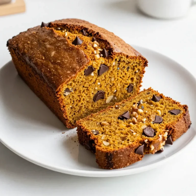 To make chocolate chip pumpkin bread, you need the following ingredients: - 1 cup canned pumpkin puree - 1/2 cup vegetable oil - 1 cup packed brown sugar - 1/2 cup granulated sugar - 3 large eggs, at room temperature - 2 cups all-purpose flour - 1 teaspoon baking soda - 1/2 teaspoon baking powder - 1 teaspoon ground cinnamon - 1/2 teaspoon ground nutmeg - 1/4 teaspoon ground ginger - 1/2 teaspoon salt - 1 cup semi-sweet chocolate chips - 1/2 cup chopped walnuts (optional) Each ingredient plays a role in making this bread taste great and stay moist. You can change the recipe to fit your taste. Here are some options: - Nuts: If you don't like walnuts, try pecans or just skip them. - Chocolate: Use dark chocolate chips for a richer taste. - Spices: Add more spices like allspice or cloves for extra flavor. - Sugar: You can use coconut sugar instead of brown sugar for a different sweetness. These changes can help you make a bread that you love even more. Choosing good ingredients makes a big difference. Here are my top tips: - Pumpkin Puree: Look for 100% pumpkin without added sugars or spices. This gives the best flavor. - Oils: Use a light vegetable oil, like canola or sunflower, for a neutral taste. - Flour: Fresh all-purpose flour works best. Check the date on the package. - Spices: Freshly ground spices have more flavor. Buy whole spices and grind them if you can. - Chocolate Chips: Choose high-quality semi-sweet chocolate chips for the best melt and taste. Using great ingredients makes your chocolate chip pumpkin bread taste even better! {{ingredient_image_2}} First, you need to preheat your oven to 350°F (175°C). This step is very important. While the oven heats, grab a 9x5 inch loaf pan. Grease it with cooking spray or butter. This helps the bread come out easily after baking. In a large bowl, add 1 cup of canned pumpkin puree. Then, pour in 1/2 cup of vegetable oil. Next, add 1 cup of packed brown sugar and 1/2 cup of granulated sugar. Mix these together with a whisk or an electric mixer until the mix is smooth. This creates a nice base for your bread. In another bowl, sift together 2 cups of all-purpose flour, 1 teaspoon of baking soda, 1/2 teaspoon of baking powder, 1 teaspoon of ground cinnamon, 1/2 teaspoon of ground nutmeg, 1/4 teaspoon of ground ginger, and 1/2 teaspoon of salt. Sifting helps distribute the spices and leavening agents evenly, which is key for good texture. Now, take the dry mix and gradually fold it into the wet mixture. Use a spatula or wooden spoon for this step. You want to mix just enough until combined. Avoid overmixing, or your bread could turn out dense. Next, gently fold in 1 cup of semi-sweet chocolate chips and 1/2 cup of chopped walnuts if you are using them. Pour the batter into your prepared loaf pan and smooth the top with a spatula. Place the pan in the oven and bake for 55 to 65 minutes. To test if it's done, insert a toothpick into the center. If it comes out clean or with a few moist crumbs, it's ready. Once baked, cool the bread in the pan for about 10 minutes before moving it to a wire rack. This keeps the texture just right. To keep your chocolate chip pumpkin bread moist, always use canned pumpkin puree. It has the right texture and moisture. Adding vegetable oil also helps. Make sure your eggs are at room temperature. They mix better and trap air, helping the bread rise. If you want extra moisture, try adding yogurt or sour cream. These add creaminess and flavor. For even baking, preheat your oven to 350°F (175°C) before you begin. This helps the bread cook evenly. Use a light-colored loaf pan. Dark pans can cause the edges to cook faster. When pouring the batter, smooth the top with a spatula. This ensures it bakes flat. Always bake in the center of the oven for the best results. If your bread is too dense, you may have overmixed the batter. Mix just until combined. If the top browns too quickly, cover it loosely with foil. This prevents burning while the inside cooks. If your bread sinks in the middle, it may not have baked long enough. Always check with a toothpick. If it comes out wet, bake a bit longer. Pro Tips Use Fresh Spices: Freshly ground spices can significantly enhance the flavor of your bread. Consider using whole spices and grinding them just before use for a more vibrant taste. Room Temperature Ingredients: Ensure your eggs are at room temperature before mixing. This helps them incorporate better, resulting in a lighter and fluffier bread. Don't Overmix: When combining wet and dry ingredients, mix just until incorporated. Overmixing can lead to a denser loaf, so be gentle when folding in your chocolate chips and nuts. Storage Tips: Store your pumpkin bread in an airtight container at room temperature for up to 3 days, or freeze it for longer storage. Make sure to slice it before freezing for easy access! {{image_4}} You can make your chocolate chip pumpkin bread even more fun. Try adding dried cranberries or raisins for a fruity twist. You can also toss in some chopped apples for added moisture. If you love spices, consider adding a pinch of cloves or allspice. Each option brings a new taste to your bread! If you need a gluten-free option, swap regular flour for a gluten-free blend. Make sure the blend has a good structure. For a vegan version, replace eggs with flaxseed meal mixed with water. Use plant-based oil instead of vegetable oil. These changes keep the bread moist and tasty. Serve your pumpkin bread warm, sliced, and drizzled with honey or maple syrup. You can also add a sprinkle of cinnamon on top for extra flavor. For a dessert treat, top it with whipped cream or a scoop of vanilla ice cream. It makes a great snack or a sweet finish to a meal! To keep your chocolate chip pumpkin bread fresh, wrap it tightly in plastic wrap. Place it in an airtight container or a resealable bag. Store it at room temperature for up to three days. If you want it to last longer, you can refrigerate it. Just make sure to wrap it well to avoid drying out. Freezing is a great option if you want to save some for later. Slice the bread into pieces and wrap each slice in plastic wrap. Then, place the slices in a freezer bag. This way, you can grab one slice at a time. Your bread will stay fresh for about three months in the freezer. When you're ready to enjoy it, just thaw it in the fridge overnight. To reheat your chocolate chip pumpkin bread, preheat your oven to 350°F (175°C). Place the bread in the oven for about 10 to 15 minutes. This will warm it up nicely and keep it soft. If you want to heat a single slice, you can microwave it for about 10 to 15 seconds. This will give you a warm, tasty treat any time! Chocolate chip pumpkin bread lasts about 3 to 5 days when stored at room temperature. Keep it in an airtight container to keep it fresh. You can also refrigerate it for up to a week if you prefer. Yes, you can use fresh pumpkin! Just cook and puree the pumpkin. Make sure it is smooth and not too watery. Drain any excess liquid for the best results. You can use applesauce or mashed bananas as egg substitutes. Use 1/4 cup of either for each egg. This keeps the bread moist and adds a bit of flavor. To check if your bread is done, insert a toothpick into the center. If it comes out clean or with a few moist crumbs, it is ready. If not, bake for a few more minutes and check again. Absolutely! You can use the same batter to make muffins. Fill each muffin cup about two-thirds full. Bake for about 20 to 25 minutes or until a toothpick comes out clean. You learned about the key ingredients for chocolate chip pumpkin bread and how to choose them wisely. I showed you easy steps for mixing, baking, and testing your bread. We explored helpful tips for keeping it moist and baking evenly while troubleshooting common issues. You also discovered fun variations and the best ways to store your bread. Now, with this knowledge, you’re ready to bake a delicious dessert. Enjoy the process and make it your own!