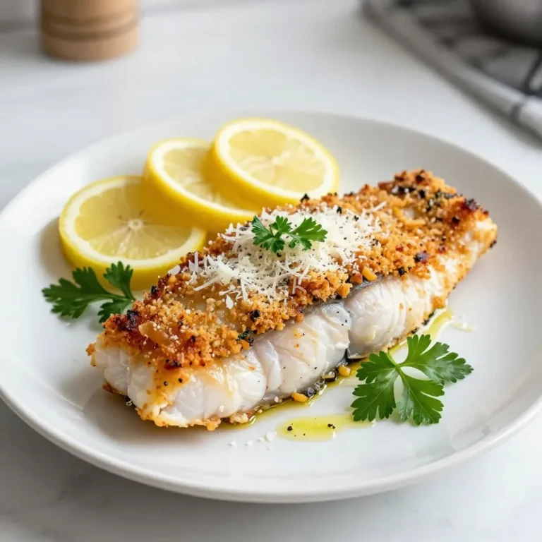 - 4 tilapia fillets - 1 cup grated Parmesan cheese - 1/2 cup panko breadcrumbs - 1 teaspoon dried oregano - 1 teaspoon dried basil - 1 teaspoon garlic powder - 1/2 teaspoon salt - 1/4 teaspoon black pepper - 1/4 cup fresh parsley, finely chopped - 2 tablespoons olive oil - 1 lemon, thinly sliced for garnish Each ingredient plays a key role in making this dish tasty. The tilapia fillets provide a mild, flaky base. Parmesan cheese adds a rich, salty flavor. Panko breadcrumbs create a crunchy crust. Dried oregano and basil bring a fragrant herb note. Garlic powder gives warmth and depth. Salt and black pepper balance the flavors. Fresh parsley adds color and freshness. Olive oil keeps the fish moist and enhances flavor. Lemon slices brighten the dish with a zesty finish. When choosing tilapia, look for bright, clear eyes and shiny skin. The fish should smell fresh, not fishy. Check for firm, springy flesh that bounces back when pressed. If possible, buy from a reliable source or fish market. Always ask about the fish's origin for the best quality. Remember, fresh tilapia leads to a better meal! {{ingredient_image_2}} First, you need to preheat your oven to 400°F (200°C). This step is key for a crispy crust. Next, take a baking sheet and line it with parchment paper. This makes cleanup easy and keeps the fish from sticking to the pan. Grab a mixing bowl and add these ingredients: - 1 cup grated Parmesan cheese - 1/2 cup panko breadcrumbs - 1 teaspoon dried oregano - 1 teaspoon dried basil - 1 teaspoon garlic powder - 1/2 teaspoon salt - 1/4 teaspoon black pepper - 1/4 cup fresh parsley, finely chopped Mix these well. You want the herbs and spices to spread evenly. This will give your tilapia great flavor. Now, lay out 4 tilapia fillets on your lined baking sheet. Space them out evenly. Drizzle 2 tablespoons of olive oil over each fillet. Use a brush or spoon to cover them well. This adds moisture and flavor. Take your Parmesan herb mixture and press it onto the top of each fillet. Make sure every inch is covered. This will create a tasty crust when baked. Put the baking sheet in your preheated oven. Bake for about 15-20 minutes. The tilapia is done when it flakes easily with a fork and the crust is golden brown. After baking, take the tilapia out of the oven. Let it rest for a few minutes. This helps the juices settle inside the fish. For a fresh touch, garnish with thin slices of lemon before serving. This adds a nice, zesty flavor that brightens the dish. To get a crispy crust, use panko breadcrumbs. They add crunch that regular breadcrumbs lack. Mix the panko well with Parmesan cheese and herbs. Press it firmly onto the fish. This helps it stick better during baking. Drizzle olive oil over the fillets before adding the crust. This adds moisture and helps with browning. Bake the tilapia at 400°F for 15-20 minutes. A golden brown crust means it’s ready to eat! Baking is a great way to cook tilapia while keeping it moist. The high heat in the oven cooks the fish evenly. If you prefer, you can also pan-sear tilapia. Use a non-stick skillet and heat some olive oil. Cook the fillets for about 3-4 minutes on each side. This method gives a nice, golden color. Always check that the fish flakes easily with a fork to ensure it is done. Serving tilapia can be fun and creative! Place it on a colorful plate. You can serve it on a bed of sautéed spinach or with roasted veggies. This adds color and nutrients. Don’t forget the lemon slices! They brighten up the dish and add freshness. A drizzle of olive oil can enhance the flavors even more. Make sure to present it nicely to impress your guests! Pro Tips Fresh Herbs Matter: Using fresh herbs instead of dried can elevate the flavor of your crust. If you have access, use fresh oregano and basil for a burst of freshness. Perfect Panko Texture: Toast the panko breadcrumbs in a skillet with a bit of olive oil before mixing them with the Parmesan. This will enhance their crunchiness when baked. Check for Doneness: Fish is perfectly cooked when it flakes easily with a fork. Keep an eye on your tilapia to avoid overcooking, which can make it dry. Garnish for Flavor: A squeeze of fresh lemon juice right before serving adds brightness and enhances the overall flavor of the dish. {{image_4}} You can switch up the herbs to bring new flavors to your tilapia. Instead of oregano and basil, try using thyme or dill. These herbs add a fresh taste that complements the fish well. You can also mix in some lemon zest for a bright kick. If you enjoy a bit of heat, consider adding crushed red pepper flakes. This twist will spice things up and give your dish an exciting flavor. If you need a gluten-free option, you can replace panko breadcrumbs with crushed gluten-free crackers. This keeps the crunchy texture while making it safe for those avoiding gluten. For a dairy-free version, use nutritional yeast instead of Parmesan cheese. It gives a cheesy flavor without the dairy. You can also use a dairy-free butter substitute for the olive oil if you prefer. These swaps make the dish friendly for various diets without losing the tasty essence. This tilapia dish pairs wonderfully with many sides. A simple green salad with a tangy vinaigrette balances the meal. You can also serve it with sautéed spinach or roasted asparagus for a healthy touch. If you want something heartier, consider garlic mashed potatoes or quinoa. These sides provide a nice base to soak up the fish's flavors. Don’t forget a wedge of lemon on the side to brighten every bite! Store leftover tilapia in an airtight container. Place the fillets in the fridge. They stay fresh for about 2 to 3 days. Make sure they cool down before sealing them up. This helps keep the crust crispy. To reheat, use the oven. Preheat it to 350°F (175°C). Place the tilapia on a baking sheet. Cover it loosely with aluminum foil. Heat for 10 to 15 minutes. This keeps the fish moist and the crust crunchy. You can also use a skillet. Heat it on medium heat and cook for about 5 minutes per side. You can freeze the tilapia for later use. Wrap each fillet tightly in plastic wrap. Then, place them in a freezer bag. Label it with the date. Frozen tilapia can last for up to 3 months. When ready to eat, thaw in the fridge overnight. Reheat as mentioned above for the best flavor. Yes, you can use frozen tilapia fillets. Just make sure to thaw them first. You can leave them in the fridge overnight or run them under cold water for a quick thaw. Once thawed, pat them dry with a paper towel. This helps the crust stick and makes for a better texture. I love serving this dish with sautéed spinach or roasted vegetables. They add color and nutrition. You could also pair it with a light salad or garlic mashed potatoes. These sides complement the tilapia's flavors and balance the meal. The tilapia is done when it flakes easily with a fork. This usually takes about 15 to 20 minutes in the oven. The crust should be golden brown. You can also use a food thermometer. The fish should reach an internal temperature of 145°F (63°C). Yes, you can definitely use an air fryer! Preheat the air fryer to 400°F (200°C). Cook the crusted tilapia for about 10-12 minutes. Check for doneness just like in the oven. The air fryer gives it a nice crispy finish with less oil. This blog post covered the key steps for making Parmesan Herb Crusted Tilapia. We discussed the ingredients and their roles, and I shared tips on selecting fresh fish. You learned how to bake tilapia perfectly and achieve a crispy crust. We explored variations, storage, and answered common questions. Cooking should be fun and tasty. Enjoy experimenting with the recipe and impress your family and friends!