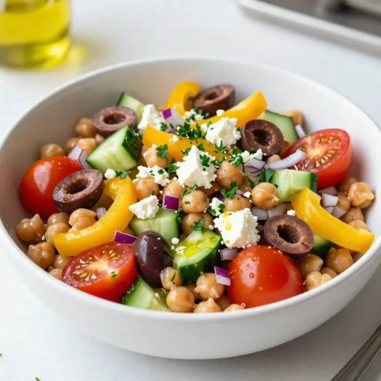 - 1 can (15 oz) of chickpeas, drained and thoroughly rinsed - 1 cup of cherry tomatoes, halved for sweetness - 1 medium cucumber, diced into bite-sized pieces - 1 bell pepper (choose either red or yellow), finely diced - 1/2 medium red onion, finely chopped for a zesty bite - 1/2 cup of kalamata olives, pitted and sliced for a briny touch - 1/4 cup of feta cheese, crumbled for creaminess - 1/4 cup of fresh parsley, roughly chopped for vibrant color - 3 tablespoons of extra-virgin olive oil for richness - 2 tablespoons of fresh lemon juice for brightness - 1 teaspoon of dried oregano to enhance flavor - Salt and freshly cracked black pepper to taste When you shop for this salad, look for bright colors. Choose firm cucumbers and ripe tomatoes. For bell peppers, pick ones without any blemishes. Fresh parsley should smell strong and look green. Select olives that feel heavy and have a good sheen. Feta cheese should be creamy and crumbly, not dry. Always check the expiration date on canned chickpeas for the best results. Each serving of Mediterranean chickpea salad contains about: - Calories: 250 - Protein: 8g - Carbs: 30g - Fiber: 7g - Fat: 12g - Sodium: 350mg This salad is packed with nutrients. The chickpeas give you protein and fiber. The veggies add vitamins and minerals. Feta cheese provides calcium, while olives offer healthy fats. It’s a tasty way to eat well! {{ingredient_image_2}} First, gather all your ingredients. You will need chickpeas, tomatoes, cucumber, bell pepper, red onion, olives, feta cheese, parsley, olive oil, lemon juice, oregano, salt, and pepper. Make sure to rinse the chickpeas well. This removes extra salt and makes them taste better. In a large bowl, combine the rinsed chickpeas, halved cherry tomatoes, diced cucumber, diced bell pepper, and chopped red onion. Stir gently so the ingredients mix well. Next, add the sliced kalamata olives, crumbled feta cheese, and chopped parsley. Fold these in carefully. You want an even mix of all the flavors. In a small bowl, whisk together the olive oil, lemon juice, dried oregano, salt, and pepper. Mix until it looks smooth. Pour this dressing over your salad. Use a spatula to toss everything gently. You want the dressing to coat all the salad well. Let the salad sit for 15 minutes. This resting time lets the flavors blend together nicely. Before serving, taste it and add more salt or pepper if you wish. To make your Mediterranean Chickpea Salad shine, focus on fresh ingredients. Use ripe cherry tomatoes for sweetness and a crunchier cucumber. A squeeze of fresh lemon juice before serving adds brightness. Also, let the salad rest for at least 15 minutes. This step allows the flavors to mix well. Consider adding a pinch of red pepper flakes for a bit of heat. This adds depth and excitement to the dish. Serve your salad in a big, colorful bowl. This makes it visually pleasing. I love to add extra parsley on top for a pop of color. Pair it with some warm pita bread or grilled chicken for a full meal. You can also serve it alongside a light soup for a nice contrast. If you want a refreshing drink, consider iced tea or lemonade. You don’t need fancy tools for this recipe. A large mixing bowl and a sharp knife are key. Use a cutting board for safe chopping. A whisk is handy for mixing the dressing smoothly. If you have a vegetable peeler, use it for the cucumber. It helps remove the skin if you prefer a softer texture. Lastly, a spatula is great for tossing the salad without breaking the ingredients. Pro Tips Fresh Ingredients: Always opt for the freshest produce possible. This will enhance the overall flavor and texture of your salad. Chill Before Serving: For a refreshing experience, refrigerate the salad for at least 30 minutes before serving. This allows the flavors to meld and intensify. Customizable Add-ins: Feel free to customize the salad with your favorite ingredients such as artichoke hearts, avocado, or even roasted vegetables for added richness. Dress Just Before Serving: To keep the salad crisp, dress it just before serving rather than letting it sit in the dressing for too long. {{image_4}} You can change this salad to fit your needs. If you want a vegan dish, skip the feta cheese. Instead, add avocado for creaminess. If you need a gluten-free salad, you’re already safe with chickpeas and veggies. Want to jazz it up? Try adding roasted red peppers. They bring a sweet, smoky flavor. You can also add artichoke hearts for a unique taste. For a crunch, toss in some sunflower seeds or toasted nuts. They give a nice texture. This salad pairs well with many meals. Serve it alongside grilled chicken or fish for a light dinner. It also works great with pita bread or hummus for a fun lunch. Use it as a side dish for a barbecue, and your guests will love it! To keep your Mediterranean chickpea salad fresh, store it in an airtight container. This helps prevent moisture loss and keeps the flavors intact. If you have extra dressing, store it separately. Adding dressing too soon can make the salad soggy. Your salad will stay good in the fridge for up to three days. After that, the veggies may lose their crunch. I do not recommend freezing this salad. The texture of fresh veggies changes when frozen, leading to a mushy salad. If your salad seems dry after storing, add a splash of olive oil or lemon juice. Toss gently to mix. This simple trick brings back the salad's fresh taste. Enjoy your leftovers just like the first time! To make this salad vegan, simply leave out the feta cheese. You can replace it with avocado for creaminess. Another option is to use a vegan cheese. This keeps the salad rich and flavorful. You still get a delicious dish without any animal products. If you want a feta substitute, try using crumbled tofu. You can also use nutritional yeast for a cheesy flavor. Another choice is to add more olives for saltiness. Each option keeps your salad tasty and satisfying. Yes, you can make this salad ahead of time. It tastes even better after the flavors mix. Just store it in the fridge for up to two days. Before serving, give it a gentle stir and adjust the seasoning if needed. In this post, I covered key ingredients, preparation steps, and tips for your dish. I shared how to select fresh ingredients and provided nutritional info per serving. You learned simple mixing steps and how to perfect the dressing. Plus, there are tips to enhance flavor and texture. I discussed storage best practices, helping you enjoy leftovers. Remember, customizing your salad makes it even better. Try new flavors and enjoy!