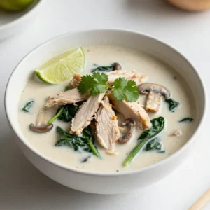 To make Thai Coconut Chicken Soup, you need the following: - 1 tablespoon coconut oil - 1 pound boneless, skinless chicken breast, thinly sliced - 1 can (14 oz) coconut milk - 2 cups chicken broth - 1 stalk lemongrass, smashed and cut into 2-inch pieces - 2-3 kaffir lime leaves, torn - 1 tablespoon fresh ginger, minced - 1 red chili, sliced (adjust according to your spice preference) - 1 cup mushrooms, sliced - 1 cup baby spinach - 2 tablespoons fish sauce (or soy sauce for a vegetarian option) - 1 tablespoon fresh lime juice - Fresh cilantro and lime wedges for garnish If you can't find some ingredients, don't worry. - You can use olive oil instead of coconut oil. - Chicken breast can be swapped for thigh meat for more flavor. - Vegetable broth works well as a substitute for chicken broth. - If you can't find lemongrass, use lemon zest for a hint of citrus. - Use basil leaves if kaffir lime leaves are not available. - Fresh ginger can be replaced with ginger powder in a pinch. - If you want less spice, leave out the chili or use a milder pepper. Using fresh ingredients is best for this soup. Fresh herbs and spices give a bright flavor. - Fresh ginger adds a zing that dried ginger doesn't match. - Lemongrass has a unique taste that dry options can't replicate. - Fresh lime juice brightens the dish, unlike bottled lime juice. - If you use dried ingredients, you may need to adjust the amounts. - Remember that dried herbs are more concentrated than fresh ones. {{ingredient_image_2}} 1. First, take a large pot and heat 1 tablespoon of coconut oil on medium. 2. Add 1 pound of thinly sliced chicken breast to the pot. Cook for 5-7 minutes. 3. Stir the chicken often until it turns golden and is no longer pink. 4. Pour in 1 can of coconut milk and 2 cups of chicken broth. Mix well. 5. Add 1 stalk of smashed lemongrass, 2-3 torn kaffir lime leaves, 1 tablespoon of minced ginger, and 1 sliced red chili. 6. Bring the mixture to a gentle simmer by increasing the heat a bit. 7. Let the soup simmer for 10 minutes. Remove and throw away the lemongrass and lime leaves. 8. Stir in 1 cup of sliced mushrooms. Cook for 3-4 minutes until they soften. 9. Toss in 1 cup of baby spinach, 2 tablespoons of fish sauce, and 1 tablespoon of fresh lime juice. 10. Cook until the spinach wilts, which takes about 1-2 minutes. 11. Taste the soup and adjust the seasoning if needed. 12. Ladle the soup into bowls and garnish with fresh cilantro and a lime wedge. - Make sure the oil is hot before adding the chicken. This helps it brown nicely. - Stir the chicken frequently to cook it evenly. - When adding coconut milk, make sure to mix it well to avoid lumps. - Letting the soup simmer helps blend those delicious flavors. - Always taste your soup before serving. You can adjust seasoning to your liking. - Use fresh herbs for garnishing to enhance the soup's look and flavor. - Consider taking photos of each step to showcase the process. - A quick video on how to slice the chicken and prepare the soup can be helpful. - Show the final presentation with garnishes for a beautiful finish. - Use before and after images to highlight the transformation of the soup. To bring the true essence of Thai cuisine to your soup, focus on fresh ingredients. The lemongrass adds a bright, citrusy flavor. Smash it well to release its oils. Use fresh ginger instead of dried for a stronger taste. Kaffir lime leaves give a fragrant aroma; don&rsquo;t skip them! If you want more heat, adjust the amount of red chili. Fresh herbs like cilantro add depth when garnished on top. A squeeze of fresh lime juice right before serving brightens the whole dish. One common mistake is overcooking the chicken. Cook it just until golden and no longer pink. If you leave it too long, the chicken may become dry. Another mistake is not tasting the soup before serving. It&rsquo;s important to check for seasoning. You might want more fish sauce or lime juice to balance the flavors. Lastly, remember to remove the lemongrass and lime leaves before serving. They can be tough and bitter if eaten. Serve the soup hot in bowls. Add fresh cilantro on top for color and flavor. Lime wedges on the side let guests add more tang if they like. You can also serve it with rice or noodles for a heartier meal. For extra crunch, consider adding thinly sliced peppers or bean sprouts on top as a garnish. Enjoy the warm, comforting bowl of soup with friends or family. Pro Tips Use Fresh Herbs: Fresh cilantro and lime make a significant difference in flavor. Add them just before serving to enhance the freshness of the soup. Adjust Spice Levels: The heat from the chili can vary. Start with a small amount and add more to taste, allowing everyone to customize their spice level. Let It Simmer: Allowing the soup to simmer longer helps deepen the flavors. Just be cautious not to overcook the chicken to keep it tender. Veggie Variations: Feel free to add other vegetables like bell peppers or zucchini for a colorful and nutritious twist. {{image_4}} You can easily make this soup vegetarian or vegan. For a vegetarian version, swap the chicken for tofu or chickpeas. Use vegetable broth instead of chicken broth. Replace fish sauce with soy sauce to keep it plant-based. Coconut milk remains a great base for the soup, giving it that creamy texture. If you love heat, add more sliced red chili. You can also use fresh Thai bird chilies for extra spice. If you prefer a milder soup, remove the chili altogether or use less. You can also reduce the ginger amount, as it adds a slight kick. This soup is flexible with ingredients. In winter, add hearty veggies like carrots or sweet potatoes. In summer, try fresh zucchini or bell peppers. You can also switch mushrooms for asparagus or snap peas. These swaps keep the soup fresh and exciting year-round. To keep your Thai Coconut Chicken Soup fresh, let it cool first. Store it in an airtight container. It will last in the fridge for up to three days. When storing, keep the soup separate from any garnishes like cilantro or lime. This keeps them fresh when you reheat the soup. You can freeze this soup for later. Use a freezer-safe container. Make sure to leave some space at the top, as liquids expand when frozen. The soup can stay fresh in the freezer for up to three months. Just remember to label the container with the date. When you&rsquo;re ready to enjoy the soup again, thaw it overnight in the fridge. Reheat it gently on the stove over low heat. Stir it often to avoid sticking. If the soup is too thick, add a little chicken broth or water to reach your desired consistency. Enjoy that comforting taste again! Thai Coconut Chicken Soup, also known as Tom Kha Gai, comes from Thailand. This soup blends many flavors. It combines coconut milk, herbs, and spices. The dish reflects Thai culture and its love for bold tastes. Many people enjoy it for its creamy texture and fresh flavors. Yes, you can make this soup ahead of time. Prepare it and store it in the fridge. It will taste great for about 3 days. To reheat, warm it on the stove or in the microwave. Avoid boiling it again to keep the coconut milk from separating. To make the soup gluten-free, use gluten-free fish sauce or soy sauce. Most brands offer gluten-free options. Always check the labels to be sure. The rest of the ingredients in the recipe are naturally gluten-free. Serve this soup with jasmine rice or rice noodles. They soak up the flavors well. You can also add a fresh salad with lime dressing. Spring rolls or dumplings make great finger foods too. A light dessert, like mango sticky rice, pairs nicely as well. Yes, you can use other meats or proteins. Shrimp or tofu work well in this recipe. If using shrimp, add them in the last few minutes of cooking. For tofu, use firm tofu and add it when you add the mushrooms. Each option brings a unique taste to the soup. This blog post covered how to make a flavorful soup. We looked at ingredients, cooking steps, and tips to avoid mistakes. I shared ways to store leftovers and even gave ideas for variations. Remember, you can swap ingredients for your taste. Don't be afraid to try new flavors. With these guidelines, you can make perfect soup every time. Enjoy your cooking adventure!