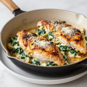 - 4 boneless, skinless chicken breasts - 1 cup fresh spinach, finely chopped - 1 cup artichoke hearts, drained and roughly chopped - 1 cup cream cheese, softened to room temperature - 1 cup mozzarella cheese, shredded - 1/2 cup Parmesan cheese, grated - 2 cloves garlic, minced - 1 tablespoon fresh lemon juice - 1 teaspoon Italian seasoning blend - Salt and black pepper, to taste - 2 tablespoons extra virgin olive oil When choosing ingredients, always aim for the best quality. Fresh spinach adds great flavor. Look for artichoke hearts packed in water or oil. Softened cream cheese blends well and makes the filling creamy. Shredded mozzarella melts nicely, while grated Parmesan gives a nice salty kick. Fresh garlic and lemon juice enhance the taste. Use Italian seasoning for a touch of herbs. Salt and pepper season the chicken perfectly. Extra virgin olive oil helps with cooking and adds richness. The right ingredients make this dish shine. Each one plays a role in creating a tasty meal. Take time to pick fresh and high-quality items for the best results. Remember, these choices can elevate your Cheesy Spinach Artichoke Stuffed Chicken to a true delight. {{ingredient_image_2}} 1. Preheat your oven to 375&deg;F (190&deg;C). Grab a rimmed baking sheet or an oven-safe skillet. This step sets the stage for your cheesy stuffed chicken. 2. In a medium bowl, mix together the filling. Combine 1 cup of finely chopped spinach, 1 cup of chopped artichoke hearts, and 1 cup of softened cream cheese. Add 1 cup of shredded mozzarella, 1/2 cup of grated Parmesan, 2 minced garlic cloves, 1 tablespoon of fresh lemon juice, and 1 teaspoon of Italian seasoning. Sprinkle in salt and pepper to taste. Stir until smooth. 3. Create pockets in the chicken breasts. Make a horizontal slit along the side of each breast. Be careful not to cut through the opposite side. Season the outside with salt, pepper, and a drizzle of 2 tablespoons of olive oil. 4. Fill each chicken breast pocket with your spinach and artichoke mixture. If needed, secure the openings with toothpicks. This keeps the filling inside during cooking. 1. Heat 2 tablespoons of olive oil in an oven-safe skillet over medium-high heat. Once hot, carefully place the stuffed chicken breasts in the skillet. Sear them for 3-4 minutes on each side, until they are golden brown. 2. After searing, transfer the skillet to your preheated oven. Bake the chicken for 20-25 minutes. Use an instant-read thermometer to check for doneness. The chicken should reach an internal temperature of 165&deg;F (74&deg;C). 3. When done, remove the skillet from the oven. Let the chicken rest for about 5 minutes. This allows the juices to redistribute, keeping your chicken moist and tender. Resting chicken is key. It helps keep every bite juicy. After resting, plate your stuffed chicken breasts. For a nice touch, garnish with extra Parmesan and some fresh herbs. Serve alongside steamed vegetables or a crisp salad for a complete meal. Enjoy your Cheesy Spinach Artichoke Stuffed Chicken! To avoid dry chicken, always check the cooking time. Overcooking makes chicken tough. Use a meat thermometer to check for doneness. Aim for 165&deg;F inside. Let it rest after cooking to keep it juicy. For flavor enhancement, season the outside of the chicken well. Use salt, pepper, and a drizzle of olive oil. Add herbs like thyme or rosemary for extra taste. You can also mix in some lemon zest for a fresh twist. If you want alternatives for cream cheese, try ricotta or Greek yogurt. They add creaminess without losing flavor. For a lighter option, use cottage cheese. Blend it smooth before adding it to the mix. For dairy-free options, switch cream cheese with cashew cream or tofu. Both options work well in the filling. Use a dairy-free mozzarella to keep the cheesy goodness without dairy. One common mistake is not seasoning the chicken well. This step is key for flavor. Another mistake is overstuffing the chicken. It can burst in the oven. Make sure you fill it enough but don&rsquo;t overdo it. Also, avoid skipping the resting time. It&rsquo;s crucial for juicy chicken! Pro Tips Use Fresh Ingredients: Fresh spinach and artichokes enhance the flavor and texture of the stuffing, making your dish more vibrant and delicious. Don't Overstuff: Avoid overfilling the chicken breasts to prevent the stuffing from spilling out during cooking. Just a generous amount will do! Let it Rest: Allowing the chicken to rest for 5 minutes after baking helps the juices redistribute, resulting in a juicier and more flavorful chicken. Experiment with Cheese: Feel free to mix in different cheeses such as feta or cheddar for a unique twist on the classic flavor profile. {{image_4}} You can switch up the flavors in your cheesy spinach artichoke stuffed chicken. One fun option is to make a Mediterranean-style stuffed chicken. For this, add sun-dried tomatoes and feta cheese to the filling. This twist brings a bright taste and a little tang. Another exciting choice is a spicy spinach and artichoke filling. Just add some red pepper flakes or diced jalape&ntilde;os to the mix. This will give your dish a nice kick that spice lovers will enjoy. Pair this stuffed chicken with fresh sides. Steamed veggies like broccoli or asparagus add color and nutrients. A crisp salad with a light vinaigrette also works well and balances the rich flavors. You can enhance the dish with sauces or dips. A creamy garlic sauce or a zesty lemon aioli can add more flavor. Serve these on the side for dipping, and your meal becomes a fun experience! To keep your cheesy spinach artichoke stuffed chicken fresh, store it properly. - Refrigeration tips: Place leftovers in an airtight container. Store them in the fridge for up to 3 days. Make sure the chicken cools down before sealing it. This helps prevent moisture buildup. - Freezing instructions: For longer storage, freeze the stuffed chicken. Wrap each piece tightly in plastic wrap, then place them in a freezer bag. Label the bag with the date. You can freeze them for up to 3 months. Thaw overnight in the fridge before reheating. Reheating your stuffed chicken correctly ensures it stays juicy and flavorful. - Best methods for reheating stuffed chicken: The oven works best for reheating. Preheat it to 350&deg;F (175&deg;C). Place the chicken in a baking dish and cover it with foil to keep moisture in. Heat for about 20 minutes or until warmed through. You can also use a microwave for a quick option. Place the chicken on a microwave-safe plate. Cover it with a damp paper towel and heat for 2-3 minutes. Check to see if it's hot in the center. Following these tips will keep your cheesy spinach artichoke stuffed chicken delicious! How do I know when the chicken is done? You can check if the chicken is done by using an instant-read thermometer. Insert it into the thickest part of the chicken. It should read 165&deg;F (74&deg;C). This ensures the chicken is safe to eat. Can I use frozen spinach or artichokes? Yes, you can use frozen spinach or artichokes. Just make sure to thaw and drain them well. Squeeze out any extra water to keep the stuffing from getting too soggy. What if I don't have mozzarella cheese? If you don't have mozzarella cheese, you can use other cheeses. Cheddar or gouda work well. These will give a nice flavor and texture to the dish. How do I make this dish ahead of time? You can prepare the stuffed chicken in advance. Fill the chicken breasts and store them in the fridge. Bake them the next day. Just add a few extra minutes to the cooking time if they are cold. Is it possible to grill rather than bake the stuffed chicken? Yes, you can grill the stuffed chicken! Preheat your grill and cook the chicken on medium heat. Make sure it gets to 165&deg;F (74&deg;C) inside. Grilling adds a great smoky flavor. This blog post covers the full process for making stuffed chicken breasts. We discussed the key ingredients, like chicken, spinach, and cheese. The step-by-step instructions guide you from prep to cooking and serving. I shared tips to improve your dish and suggested variations to explore. In closing, this recipe is easy to customize and great for any meal. You can enjoy delicious stuffed chicken that impresses everyone. Happy cooking!