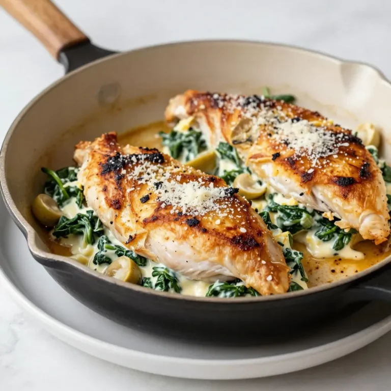 - 4 boneless, skinless chicken breasts - 1 cup fresh spinach, finely chopped - 1 cup artichoke hearts, drained and roughly chopped - 1 cup cream cheese, softened to room temperature - 1 cup mozzarella cheese, shredded - 1/2 cup Parmesan cheese, grated - 2 cloves garlic, minced - 1 tablespoon fresh lemon juice - 1 teaspoon Italian seasoning blend - Salt and black pepper, to taste - 2 tablespoons extra virgin olive oil When choosing ingredients, always aim for the best quality. Fresh spinach adds great flavor. Look for artichoke hearts packed in water or oil. Softened cream cheese blends well and makes the filling creamy. Shredded mozzarella melts nicely, while grated Parmesan gives a nice salty kick. Fresh garlic and lemon juice enhance the taste. Use Italian seasoning for a touch of herbs. Salt and pepper season the chicken perfectly. Extra virgin olive oil helps with cooking and adds richness. The right ingredients make this dish shine. Each one plays a role in creating a tasty meal. Take time to pick fresh and high-quality items for the best results. Remember, these choices can elevate your Cheesy Spinach Artichoke Stuffed Chicken to a true delight. {{ingredient_image_2}} 1. Preheat your oven to 375°F (190°C). Grab a rimmed baking sheet or an oven-safe skillet. This step sets the stage for your cheesy stuffed chicken. 2. In a medium bowl, mix together the filling. Combine 1 cup of finely chopped spinach, 1 cup of chopped artichoke hearts, and 1 cup of softened cream cheese. Add 1 cup of shredded mozzarella, 1/2 cup of grated Parmesan, 2 minced garlic cloves, 1 tablespoon of fresh lemon juice, and 1 teaspoon of Italian seasoning. Sprinkle in salt and pepper to taste. Stir until smooth. 3. Create pockets in the chicken breasts. Make a horizontal slit along the side of each breast. Be careful not to cut through the opposite side. Season the outside with salt, pepper, and a drizzle of 2 tablespoons of olive oil. 4. Fill each chicken breast pocket with your spinach and artichoke mixture. If needed, secure the openings with toothpicks. This keeps the filling inside during cooking. 1. Heat 2 tablespoons of olive oil in an oven-safe skillet over medium-high heat. Once hot, carefully place the stuffed chicken breasts in the skillet. Sear them for 3-4 minutes on each side, until they are golden brown. 2. After searing, transfer the skillet to your preheated oven. Bake the chicken for 20-25 minutes. Use an instant-read thermometer to check for doneness. The chicken should reach an internal temperature of 165°F (74°C). 3. When done, remove the skillet from the oven. Let the chicken rest for about 5 minutes. This allows the juices to redistribute, keeping your chicken moist and tender. Resting chicken is key. It helps keep every bite juicy. After resting, plate your stuffed chicken breasts. For a nice touch, garnish with extra Parmesan and some fresh herbs. Serve alongside steamed vegetables or a crisp salad for a complete meal. Enjoy your Cheesy Spinach Artichoke Stuffed Chicken! To avoid dry chicken, always check the cooking time. Overcooking makes chicken tough. Use a meat thermometer to check for doneness. Aim for 165°F inside. Let it rest after cooking to keep it juicy. For flavor enhancement, season the outside of the chicken well. Use salt, pepper, and a drizzle of olive oil. Add herbs like thyme or rosemary for extra taste. You can also mix in some lemon zest for a fresh twist. If you want alternatives for cream cheese, try ricotta or Greek yogurt. They add creaminess without losing flavor. For a lighter option, use cottage cheese. Blend it smooth before adding it to the mix. For dairy-free options, switch cream cheese with cashew cream or tofu. Both options work well in the filling. Use a dairy-free mozzarella to keep the cheesy goodness without dairy. One common mistake is not seasoning the chicken well. This step is key for flavor. Another mistake is overstuffing the chicken. It can burst in the oven. Make sure you fill it enough but don’t overdo it. Also, avoid skipping the resting time. It’s crucial for juicy chicken! Pro Tips Use Fresh Ingredients: Fresh spinach and artichokes enhance the flavor and texture of the stuffing, making your dish more vibrant and delicious. Don't Overstuff: Avoid overfilling the chicken breasts to prevent the stuffing from spilling out during cooking. Just a generous amount will do! Let it Rest: Allowing the chicken to rest for 5 minutes after baking helps the juices redistribute, resulting in a juicier and more flavorful chicken. Experiment with Cheese: Feel free to mix in different cheeses such as feta or cheddar for a unique twist on the classic flavor profile. {{image_4}} You can switch up the flavors in your cheesy spinach artichoke stuffed chicken. One fun option is to make a Mediterranean-style stuffed chicken. For this, add sun-dried tomatoes and feta cheese to the filling. This twist brings a bright taste and a little tang. Another exciting choice is a spicy spinach and artichoke filling. Just add some red pepper flakes or diced jalapeños to the mix. This will give your dish a nice kick that spice lovers will enjoy. Pair this stuffed chicken with fresh sides. Steamed veggies like broccoli or asparagus add color and nutrients. A crisp salad with a light vinaigrette also works well and balances the rich flavors. You can enhance the dish with sauces or dips. A creamy garlic sauce or a zesty lemon aioli can add more flavor. Serve these on the side for dipping, and your meal becomes a fun experience! To keep your cheesy spinach artichoke stuffed chicken fresh, store it properly. - Refrigeration tips: Place leftovers in an airtight container. Store them in the fridge for up to 3 days. Make sure the chicken cools down before sealing it. This helps prevent moisture buildup. - Freezing instructions: For longer storage, freeze the stuffed chicken. Wrap each piece tightly in plastic wrap, then place them in a freezer bag. Label the bag with the date. You can freeze them for up to 3 months. Thaw overnight in the fridge before reheating. Reheating your stuffed chicken correctly ensures it stays juicy and flavorful. - Best methods for reheating stuffed chicken: The oven works best for reheating. Preheat it to 350°F (175°C). Place the chicken in a baking dish and cover it with foil to keep moisture in. Heat for about 20 minutes or until warmed through. You can also use a microwave for a quick option. Place the chicken on a microwave-safe plate. Cover it with a damp paper towel and heat for 2-3 minutes. Check to see if it's hot in the center. Following these tips will keep your cheesy spinach artichoke stuffed chicken delicious! How do I know when the chicken is done? You can check if the chicken is done by using an instant-read thermometer. Insert it into the thickest part of the chicken. It should read 165°F (74°C). This ensures the chicken is safe to eat. Can I use frozen spinach or artichokes? Yes, you can use frozen spinach or artichokes. Just make sure to thaw and drain them well. Squeeze out any extra water to keep the stuffing from getting too soggy. What if I don't have mozzarella cheese? If you don't have mozzarella cheese, you can use other cheeses. Cheddar or gouda work well. These will give a nice flavor and texture to the dish. How do I make this dish ahead of time? You can prepare the stuffed chicken in advance. Fill the chicken breasts and store them in the fridge. Bake them the next day. Just add a few extra minutes to the cooking time if they are cold. Is it possible to grill rather than bake the stuffed chicken? Yes, you can grill the stuffed chicken! Preheat your grill and cook the chicken on medium heat. Make sure it gets to 165°F (74°C) inside. Grilling adds a great smoky flavor. This blog post covers the full process for making stuffed chicken breasts. We discussed the key ingredients, like chicken, spinach, and cheese. The step-by-step instructions guide you from prep to cooking and serving. I shared tips to improve your dish and suggested variations to explore. In closing, this recipe is easy to customize and great for any meal. You can enjoy delicious stuffed chicken that impresses everyone. Happy cooking!