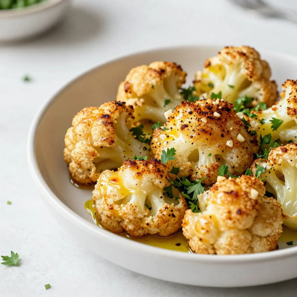 - Cauliflower florets - Olive oil - Garlic To make roasted garlic parmesan cauliflower, you need fresh ingredients. Start with a large head of cauliflower. Cut it into bite-sized florets. This size helps it cook evenly. Use four tablespoons of extra virgin olive oil. This oil adds a rich flavor and helps the garlic stick. Mince five cloves of garlic finely. This will give the dish a strong, savory taste. - Smoked paprika - Sea salt and black pepper - Parmesan cheese Seasoning is key for great flavor. Add one teaspoon of smoked paprika. This spice brings a warm, smoky taste. Sprinkle sea salt and freshly cracked black pepper to taste. These will enhance all the other flavors. Finally, use half a cup of freshly grated Parmesan cheese. This cheese melts beautifully and adds a nice saltiness. - Fresh parsley Garnish your dish with fresh parsley. Chop it finely and sprinkle it on top. This adds a pop of color and freshness. It brightens the dish and makes it more appealing. Enjoy your roasted garlic parmesan cauliflower warm for the best flavor! {{ingredient_image_2}} 1. Preheat your oven to 425°F (220°C). This hot temperature helps the cauliflower roast perfectly. 2. In a large bowl, add the cauliflower florets, minced garlic, and olive oil. Toss them together well. Make sure each floret gets a nice coating of oil and garlic for great flavor. 1. Next, sprinkle the smoked paprika, sea salt, and black pepper over the cauliflower. 2. Toss again until the spices are mixed in well. This step enhances the cauliflower’s natural taste. 1. Spread the seasoned cauliflower evenly on a large baking sheet. This helps the cauliflower cook and crisp up nicely. 2. Roast it in the oven for 20-25 minutes. Halfway through, stir the cauliflower to ensure even browning. Look for a tender texture and a nice golden-brown color. 3. Once roasted, remove it from the oven. Sprinkle the grated Parmesan cheese over the hot florets. The heat will help the cheese melt onto the cauliflower. 4. Return the baking sheet to the oven for 5 more minutes. This will help the cheese get crispy and delicious. 5. Finally, take the baking sheet out and garnish with fresh parsley. This adds color and freshness to your dish. Enjoy it warm for the best taste! To roast cauliflower well, set your oven to 425°F (220°C). This high heat helps the cauliflower turn golden and crisp. Spread the florets in an even layer on the baking sheet. This allows them to cook evenly. If they are crowded, they may steam instead of roast. Add the Parmesan cheese right after roasting. This timing lets the cheese melt perfectly. If you want to switch things up, try other cheeses like mozzarella or cheddar. They add different flavors and textures to the dish. For a nice presentation, use a rustic wooden bowl or a decorative platter. Top the roasted cauliflower with more parsley and a sprinkle of Parmesan. This adds color and looks beautiful. You can serve it with grilled chicken, fish, or a fresh salad for a complete meal. Pro Tips Choose the Right Cauliflower: Opt for a cauliflower head that is firm and has tightly packed florets for the best texture and flavor when roasted. Mind the Garlic: To avoid burnt garlic, add it at the beginning of the roasting process rather than at the end. This allows it to infuse the oil and flavor the cauliflower without becoming bitter. Experiment with Cheese: While Parmesan is delicious, try mixing in other cheeses like Gruyère or aged cheddar for a different taste profile. Use Fresh Herbs: Fresh parsley adds a burst of color and flavor, but consider other herbs like thyme or rosemary for a unique twist. {{image_4}} To spice up your roasted garlic parmesan cauliflower, you can add different spices. Try cayenne pepper for heat or Italian herbs for extra flavor. You can also mix in some red pepper flakes for a kick. Each of these options will give your dish a new twist. Incorporating other vegetables is another way to enhance flavor. Carrots, bell peppers, or Brussels sprouts can work well. Cut them to similar sizes as the cauliflower. This mix adds color and taste, making the dish even more appealing. For those following a vegan diet, you can easily modify this dish. Skip the Parmesan cheese and use nutritional yeast instead. This gives a cheesy flavor without dairy. You can also use a vegan cheese substitute that melts well. If you need a gluten-free option, you are already in luck! This recipe is naturally gluten-free. Just ensure any additional spices or toppings you use are also gluten-free. This way, everyone can enjoy this tasty side dish. If you want to try a different cooking method, use an air fryer. Preheat the air fryer to 400°F (200°C). Toss the cauliflower with oil and spices, then place in the air fryer basket. Cook for about 15-20 minutes, shaking the basket halfway through. This will give you a crispy texture without using the oven. Grilling is another fun option. Preheat your grill to medium heat. Place the seasoned cauliflower in a grill basket or on skewers. Grill for about 10-15 minutes, turning occasionally. This method adds a nice smoky flavor to the dish. To keep your roasted garlic Parmesan cauliflower fresh, store it in an airtight container. This method helps keep moisture out. You can enjoy it for up to 3 days in the fridge. If it smells odd or looks off, it's best to toss it. When reheating, the oven is your best friend. Preheat it to 350°F (175°C) and place the cauliflower on a baking sheet. This method keeps it crispy. For microwave reheating, use a microwave-safe dish. Heat in short bursts to avoid sogginess. You can freeze leftover roasted cauliflower, but it may lose some crispness. Place it in a freezer-safe bag. Remove as much air as possible to prevent freezer burn. Before reheating, thaw it overnight in the fridge for the best results. To spice up your dish, add red pepper flakes. Sprinkle them on before roasting. You can also use cayenne pepper mixed with the other seasonings. For more heat, try a spicy cheese blend. These changes will give your cauliflower a nice kick while keeping the garlic and Parmesan flavors. Yes, you can use frozen cauliflower. Just make sure to thaw it first. Pat it dry with a towel to remove excess moisture. This step helps ensure it roasts well and gets crispy. Cooking time may be a bit longer, so check for tenderness. This dish goes well with many meals. It complements grilled chicken or fish perfectly. You can also serve it alongside pasta for a hearty meal. For a vegetarian option, pair it with quinoa or a fresh salad. The flavors balance nicely with a variety of dishes, making it a versatile side. In this post, we explored how to make Roasted Garlic Parmesan Cauliflower. You learned about the main ingredients, seasonings, and how to prepare and roast the dish. I shared tips for perfecting the roast, including cheese melting and serving ideas. We also covered variations, storage, and answered common questions. With these steps, you can create a flavorful and adaptable side dish. Enjoy experimenting to make this recipe your own!