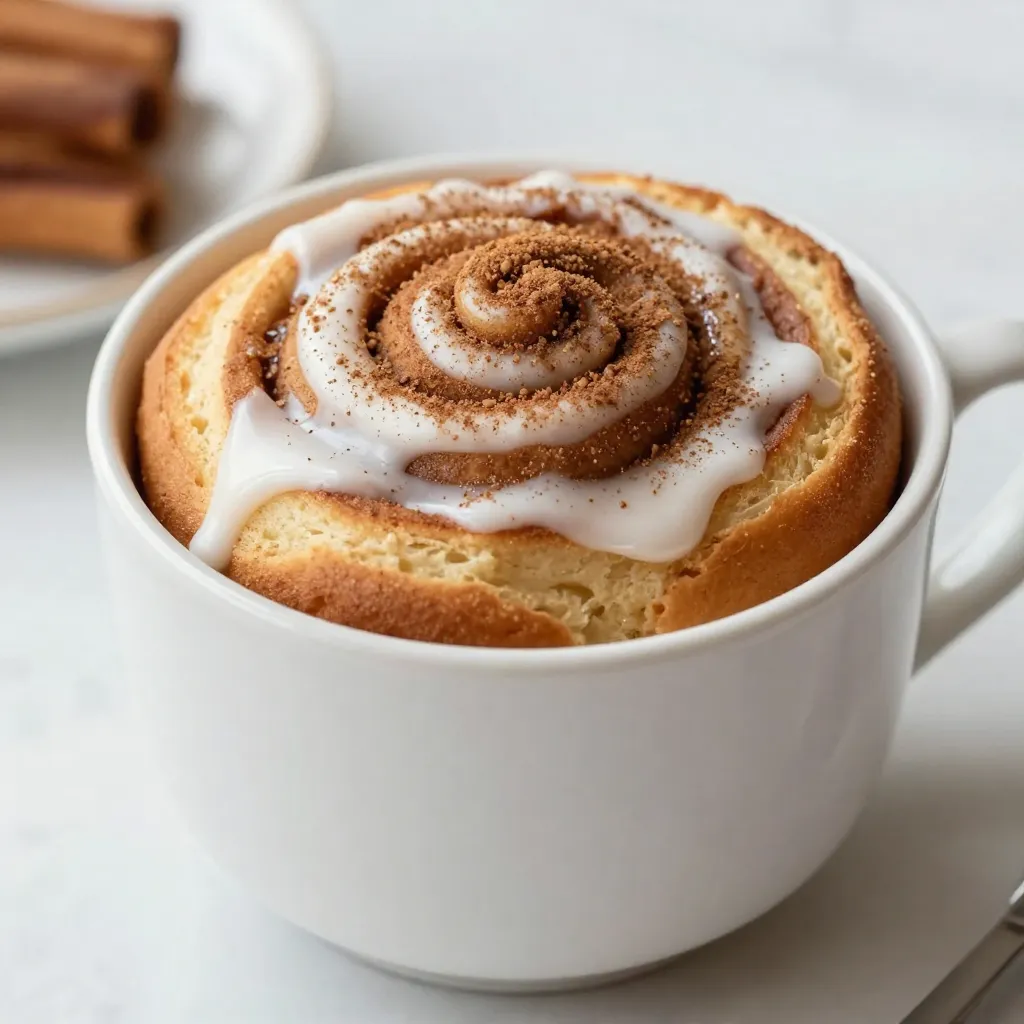 For the perfect cinnamon roll mug cake, you need: - 4 tablespoons all-purpose flour - 2 tablespoons granulated sugar - 1/4 teaspoon baking powder - 1/4 teaspoon ground cinnamon - Pinch of salt - 3 tablespoons milk - 1 tablespoon vegetable oil - 1/4 teaspoon vanilla extract - 1 tablespoon brown sugar (for filling) - 1/2 teaspoon cinnamon (for filling) - Icing (optional, for topping) These ingredients create a soft and fluffy cake. The cinnamon brings warmth and flavor, while the sugar adds sweetness. You can swap some ingredients if needed. Use whole wheat flour for a healthier option. If you want a different sweetener, try brown sugar or coconut sugar. Almond milk or oat milk works well instead of regular milk. If you avoid oil, applesauce can be a good substitute for moisture. Using fresh ingredients makes a big difference. Check the baking powder; it should be active. Fresh cinnamon gives a stronger taste. For the best flavor, use pure vanilla extract instead of imitation. Quality ingredients lead to a tastier and more enjoyable mug cake. {{ingredient_image_2}} Start by picking a large microwave-safe mug. Add 4 tablespoons of all-purpose flour. Then, add 2 tablespoons of granulated sugar. Next, sprinkle in 1/4 teaspoon of baking powder, and 1/4 teaspoon of ground cinnamon. Finally, add a pinch of salt. Mix these dry ingredients well. This step helps the cake rise evenly. Now, pour in 3 tablespoons of milk, 1 tablespoon of vegetable oil, and 1/4 teaspoon of vanilla extract. Grab a fork or a small whisk, and stir until the batter is smooth. You want to remove all lumps. A smooth batter means a light cake. In a small bowl, mix 1 tablespoon of brown sugar with 1/2 teaspoon of cinnamon. This will be your sweet filling. Once mixed, sprinkle it evenly on top of your batter in the mug. This filling adds a delicious swirl to your cake. Take a toothpick or a small fork. Gently swirl the filling into the batter. Be careful not to overmix; a few swirls look nice. Now, place the mug in the microwave. Cook it on high for about 1 minute to 1 minute and 30 seconds. Watch closely, as microwaves can vary. The cake should puff up and feel set in the middle. When done, carefully take the mug out (it’s hot!). Let it cool for a minute or two. You can add icing on top if you want. Enjoy your warm cinnamon roll mug cake! When making a cinnamon roll mug cake, some common mistakes can ruin your treat. First, don’t skip mixing the dry ingredients well. If they aren’t mixed, your cake may not rise properly. Second, be careful with the microwave time. Cooking it too long can make the cake tough. Lastly, avoid overmixing when you add the filling. You want those swirls to stay pretty. To get the best texture, use fresh ingredients. Old flour or baking powder can change how your cake turns out. Make sure to measure accurately. Too much flour makes the cake dry, while too little can make it too gooey. Mixing the batter until it is smooth is key. A smooth batter means a light and fluffy cake. Microwave settings vary, so it's important to adjust based on your machine. Start with one minute on high. Check if the cake has puffed up and feels set. If it’s still wet, add ten more seconds. Keep an eye on it. Each microwave is different, and you want the perfect cake, not a rubbery mess. Pro Tips Use Room Temperature Ingredients: Room temperature milk and oil help the batter come together smoothly and create a better texture for your mug cake. Don’t Overcook: Keep a close eye on your mug cake while microwaving. Cooking too long can lead to a dry texture. Start with 1 minute and add time in 10-second increments if needed. Add Nuts or Raisins: For added flavor and texture, consider mixing in some chopped nuts or raisins into the batter before microwaving. Customize Your Icing: Experiment with different flavors of icing, such as maple or cream cheese, to elevate the taste of your cinnamon roll mug cake. {{image_4}} You can make your cinnamon roll mug cake even better by adding flavors. Try mixing in chocolate chips for a sweet twist. Chopped nuts, like walnuts or pecans, add crunch and richness. You can also add dried fruits like raisins or cranberries for extra sweetness. Each of these choices brings a new vibe to your mug cake. If you need a gluten-free version, use a gluten-free flour blend instead of all-purpose flour. Many brands work well in mug cakes. Just make sure your baking powder is also gluten-free. Your cake will still be soft and yummy. Enjoy it without worry! To make this recipe vegan, swap the milk for a plant-based milk like almond or soy. Use vegetable oil as your fat source, which is already in the recipe. You can replace the egg with 1/4 cup of applesauce or a flax egg. This keeps the texture right and adds flavor. Now, everyone can enjoy this treat! If you have extra cinnamon roll mug cake, store it in the fridge. Use an airtight container to keep it fresh. This prevents the cake from drying out. Let it cool completely first before storing. To enjoy your leftover mug cake, reheat it in the microwave. Place the cake in the microwave for about 10 to 15 seconds. Check if it's warm enough, and if not, heat it a few seconds more. This keeps it soft and tasty. Your cinnamon roll mug cake will stay fresh for about 2 to 3 days in the fridge. After that, it may dry out or lose flavor. It’s best to eat it sooner for the best taste. You can prepare the dry mix ahead. Store the flour, sugar, baking powder, and cinnamon in a sealed bag. When you're ready, add wet ingredients and make your cake. This way, you save time on busy days. Choose a large mug, about 12 ounces. A smaller mug may cause the cake to overflow while cooking. The larger size gives the cake room to rise and puff up nicely. You can use gluten-free flour as a substitute for all-purpose flour. For a dairy-free option, swap regular milk with almond or oat milk. You can also use coconut oil instead of vegetable oil to keep it plant-based. Yes, you can double the recipe, but use two mugs. If you use one larger mug, increase the cooking time. Start with 1 minute and 30 seconds, then check if it’s done. The cake should feel firm and spring back when touched. This post covered the key parts of making a cinnamon roll mug cake. We discussed the best ingredients, step-by-step cooking methods, and common mistakes to avoid. I shared tips for texture and flavor options, along with storage advice. Remember, this cake is easy to customize. Try different flavors or adapt it for diets. Enjoy your baking!