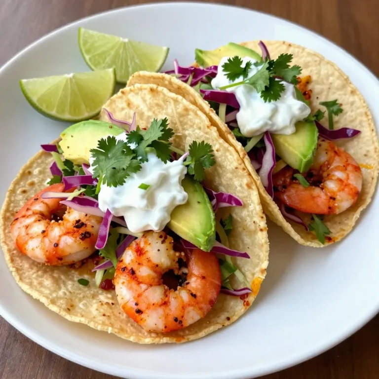 For the spicy shrimp tacos, gather these key ingredients: - 1 lb large shrimp, peeled and deveined - 2 tablespoons extra virgin olive oil - 1 tablespoon chili powder - 1 teaspoon ground cumin - 1/2 teaspoon smoked paprika - 1/2 teaspoon garlic powder - 1/2 teaspoon cayenne pepper (adjust according to spice preference) - Salt and black pepper to taste - 8 small corn tortillas These ingredients bring bold flavors and a tasty kick to your tacos. The cilantro slaw adds freshness and crunch. Use these ingredients: - 1 cup red cabbage, finely shredded - 1 cup green cabbage, finely shredded - 1/4 cup fresh cilantro, chopped - 1/2 cup plain Greek yogurt - 1 tablespoon freshly squeezed lime juice This slaw balances the spice of the shrimp and adds a creamy texture. For extra flavor, consider these garnishes: - 1 ripe avocado, sliced - Lime wedges, for serving These toppings enhance the taste and presentation of your tacos. Enjoy customizing your meal with these simple extras! {{ingredient_image_2}} To start, take your large shrimp and place them in a bowl. Add 2 tablespoons of olive oil. Next, sprinkle in 1 tablespoon of chili powder, 1 teaspoon of ground cumin, 1/2 teaspoon of smoked paprika, 1/2 teaspoon of garlic powder, and 1/2 teaspoon of cayenne pepper. Season with salt and black pepper. Mix the shrimp well, so they are fully coated in the spices. Let them marinate for 15-20 minutes. This step helps the shrimp soak up all the great flavors. While the shrimp marinates, it’s time to make the cilantro slaw. Grab another bowl and add 1 cup of finely shredded red cabbage and 1 cup of finely shredded green cabbage. Then, chop 1/4 cup of fresh cilantro and mix it into the cabbage. Add 1/2 cup of plain Greek yogurt and the juice of 1 lime. Stir everything together until it’s well mixed. Taste it and add salt and black pepper as needed. Set this slaw aside while you cook the shrimp. Now, heat a large skillet over medium-high heat. Once it’s hot, add the marinated shrimp in a single layer. Cook them for about 2-3 minutes on one side. Don’t move them around; let them get that nice sear. When they turn pink and opaque, flip them over. Cook for another 2-3 minutes until fully cooked. Remove the shrimp from the heat and set them aside. In a dry skillet, turn the heat to medium-low. Warm the corn tortillas for about 30 seconds on each side. You want them to be pliable and slightly toasted. This step adds flavor and makes them easier to fold. Now it’s time to put everything together. Take a warm tortilla and place a few cooked shrimp in the center. Top it generously with the cilantro slaw. Add a few slices of fresh avocado on top for a creamy touch. Serve your tacos right away while they are still warm. Don’t forget to include lime wedges on the side. Squeezing fresh lime juice over the tacos gives them an extra zesty kick. For a fun presentation, arrange the tacos on a colorful platter. You can also garnish with extra cilantro and a small bowl of the slaw on the side. Enjoy your spicy shrimp tacos! To boost the flavor of your spicy shrimp tacos, use fresh spices. Fresh spices give a stronger taste than old ones. You can also add lime zest to the shrimp mix. This step gives a bright flavor that pairs well with the shrimp. Mix in some diced jalapeños for extra heat. You can adjust the heat level as you like. If you want a slightly sweet twist, add a touch of honey to the slaw. Sweetness can balance the heat from the shrimp. For tender shrimp, do not overcook them. Cook shrimp until they turn pink and opaque, about 2-3 minutes on each side. Remove them from heat right away. Overcooked shrimp can become rubbery and tough. If you want a smoky flavor, cook the shrimp on a grill instead of a skillet. Grilling adds a nice char and depth to the shrimp. This method also keeps the shrimp juicy and flavorful. When serving your tacos, use a colorful platter. Place the tacos in a neat row for a clean look. Garnish them with chopped cilantro and lime wedges for a pop of color. You can also serve the cilantro slaw in a small bowl on the side. It allows guests to add as much slaw as they like. For added flair, arrange slices of avocado around the tacos. This not only looks great but adds creaminess to each bite. Pro Tips Fresh Shrimp is Key: Always choose the freshest shrimp available for the best flavor and texture. Look for shrimp that is firm, translucent, and has a mild scent of the ocean. Adjusting Spice Levels: Feel free to adjust the amount of cayenne pepper to suit your heat preference. Start with less if you're unsure, as you can always add more spice later. Perfectly Warm Tortillas: Warming tortillas in a dry skillet enhances their flavor and makes them pliable, preventing them from tearing when you assemble your tacos. Garnish for Flair: A sprinkle of extra chopped cilantro and a squeeze of fresh lime juice right before serving elevate the presentation and add a burst of freshness. {{image_4}} If you want a twist on spicy shrimp tacos, try using fish instead. White fish like tilapia or cod works well. You can also use grilled chicken for a different taste. For a vegetarian option, try marinated and grilled portobello mushrooms. These swaps keep the flavor but change the main protein. For a lighter slaw, swap Greek yogurt for a low-fat version or use a dairy-free option. You can also use apple cider vinegar instead of lime juice for a tangy kick. Add shredded carrots for extra crunch and color. This makes the slaw fresh and full of nutrients. Want to mix things up? Use different spices for the shrimp. Try using paprika or curry powder for a unique taste. You can also add mango or pineapple to the slaw for a sweet twist. For the tortillas, try using whole wheat or spinach tortillas for added fiber and color. These swaps let you explore new flavors while keeping the dish delicious. After enjoying your spicy shrimp tacos, you may have some leftovers. To store them, keep the shrimp, slaw, and tortillas separate. This way, they stay fresh longer. Place the shrimp in an airtight container in the fridge. They can last for up to 2 days. Store the cilantro slaw in another airtight container. This slaw is best eaten within 1-2 days for the best flavor and crunch. Wrap any extra tortillas in plastic wrap or foil to keep them from drying out. To keep your cilantro slaw fresh, avoid adding the dressing until you are ready to eat. If you mix the slaw too early, it can become soggy. Store the slaw mix in the fridge. Use it within 2 days for the best taste. If you have leftover slaw, try adding it to other meals. It makes a tasty topping for grilled chicken or fish. When it’s time to enjoy your leftovers, reheat the shrimp in a skillet over medium heat. This method keeps them juicy. You can also warm the tortillas in the skillet until they are pliable. Avoid the microwave, as it can make the shrimp tough and the tortillas chewy. Once everything is heated, assemble your tacos again for a fresh meal. Enjoy every bite! Yes, you can use frozen shrimp. Just make sure to thaw them first. Place them in cold water for about 15-20 minutes. Once thawed, pat them dry before marinating. Thawing helps shrimp absorb the flavors better. You can add many tasty toppings! Here are a few ideas: - Fresh diced tomatoes - Sliced jalapeños - Crumbled feta or queso fresco - Pickled red onions These toppings add flavor and texture to your tacos. To tone down the heat, skip the cayenne pepper. You can also use less chili powder. Another option is to add more Greek yogurt to the slaw. This helps cool the spice and make it more creamy. Yes, you can make the slaw in advance. Prepare it up to a day before. Store it in an airtight container in the fridge. This makes it easy to assemble your tacos quickly. Corn tortillas work best for these tacos. They have a nice flavor and texture. You can also use flour tortillas if you prefer. Just warm them up before adding the shrimp and slaw. To make great spicy shrimp tacos, you need fresh shrimp, a zesty slaw, and tasty garnishes. I showed you how to marinate the shrimp and create the slaw, then guide you through cooking and serving these tacos. Remember, the right flavors and textures can make a big difference. Don’t shy away from getting creative with variations and toppings. Store any leftovers properly, and enjoy your dish later. With these tips, you can impress anyone with your taco skills!