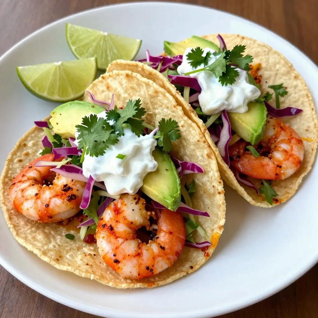 For the spicy shrimp tacos, gather these key ingredients: - 1 lb large shrimp, peeled and deveined - 2 tablespoons extra virgin olive oil - 1 tablespoon chili powder - 1 teaspoon ground cumin - 1/2 teaspoon smoked paprika - 1/2 teaspoon garlic powder - 1/2 teaspoon cayenne pepper (adjust according to spice preference) - Salt and black pepper to taste - 8 small corn tortillas These ingredients bring bold flavors and a tasty kick to your tacos. The cilantro slaw adds freshness and crunch. Use these ingredients: - 1 cup red cabbage, finely shredded - 1 cup green cabbage, finely shredded - 1/4 cup fresh cilantro, chopped - 1/2 cup plain Greek yogurt - 1 tablespoon freshly squeezed lime juice This slaw balances the spice of the shrimp and adds a creamy texture. For extra flavor, consider these garnishes: - 1 ripe avocado, sliced - Lime wedges, for serving These toppings enhance the taste and presentation of your tacos. Enjoy customizing your meal with these simple extras! {{ingredient_image_2}} To start, take your large shrimp and place them in a bowl. Add 2 tablespoons of olive oil. Next, sprinkle in 1 tablespoon of chili powder, 1 teaspoon of ground cumin, 1/2 teaspoon of smoked paprika, 1/2 teaspoon of garlic powder, and 1/2 teaspoon of cayenne pepper. Season with salt and black pepper. Mix the shrimp well, so they are fully coated in the spices. Let them marinate for 15-20 minutes. This step helps the shrimp soak up all the great flavors. While the shrimp marinates, it’s time to make the cilantro slaw. Grab another bowl and add 1 cup of finely shredded red cabbage and 1 cup of finely shredded green cabbage. Then, chop 1/4 cup of fresh cilantro and mix it into the cabbage. Add 1/2 cup of plain Greek yogurt and the juice of 1 lime. Stir everything together until it’s well mixed. Taste it and add salt and black pepper as needed. Set this slaw aside while you cook the shrimp. Now, heat a large skillet over medium-high heat. Once it’s hot, add the marinated shrimp in a single layer. Cook them for about 2-3 minutes on one side. Don’t move them around; let them get that nice sear. When they turn pink and opaque, flip them over. Cook for another 2-3 minutes until fully cooked. Remove the shrimp from the heat and set them aside. In a dry skillet, turn the heat to medium-low. Warm the corn tortillas for about 30 seconds on each side. You want them to be pliable and slightly toasted. This step adds flavor and makes them easier to fold. Now it’s time to put everything together. Take a warm tortilla and place a few cooked shrimp in the center. Top it generously with the cilantro slaw. Add a few slices of fresh avocado on top for a creamy touch. Serve your tacos right away while they are still warm. Don’t forget to include lime wedges on the side. Squeezing fresh lime juice over the tacos gives them an extra zesty kick. For a fun presentation, arrange the tacos on a colorful platter. You can also garnish with extra cilantro and a small bowl of the slaw on the side. Enjoy your spicy shrimp tacos! To boost the flavor of your spicy shrimp tacos, use fresh spices. Fresh spices give a stronger taste than old ones. You can also add lime zest to the shrimp mix. This step gives a bright flavor that pairs well with the shrimp. Mix in some diced jalapeños for extra heat. You can adjust the heat level as you like. If you want a slightly sweet twist, add a touch of honey to the slaw. Sweetness can balance the heat from the shrimp. For tender shrimp, do not overcook them. Cook shrimp until they turn pink and opaque, about 2-3 minutes on each side. Remove them from heat right away. Overcooked shrimp can become rubbery and tough. If you want a smoky flavor, cook the shrimp on a grill instead of a skillet. Grilling adds a nice char and depth to the shrimp. This method also keeps the shrimp juicy and flavorful. When serving your tacos, use a colorful platter. Place the tacos in a neat row for a clean look. Garnish them with chopped cilantro and lime wedges for a pop of color. You can also serve the cilantro slaw in a small bowl on the side. It allows guests to add as much slaw as they like. For added flair, arrange slices of avocado around the tacos. This not only looks great but adds creaminess to each bite. Pro Tips Fresh Shrimp is Key: Always choose the freshest shrimp available for the best flavor and texture. Look for shrimp that is firm, translucent, and has a mild scent of the ocean. Adjusting Spice Levels: Feel free to adjust the amount of cayenne pepper to suit your heat preference. Start with less if you're unsure, as you can always add more spice later. Perfectly Warm Tortillas: Warming tortillas in a dry skillet enhances their flavor and makes them pliable, preventing them from tearing when you assemble your tacos. Garnish for Flair: A sprinkle of extra chopped cilantro and a squeeze of fresh lime juice right before serving elevate the presentation and add a burst of freshness. {{image_4}} If you want a twist on spicy shrimp tacos, try using fish instead. White fish like tilapia or cod works well. You can also use grilled chicken for a different taste. For a vegetarian option, try marinated and grilled portobello mushrooms. These swaps keep the flavor but change the main protein. For a lighter slaw, swap Greek yogurt for a low-fat version or use a dairy-free option. You can also use apple cider vinegar instead of lime juice for a tangy kick. Add shredded carrots for extra crunch and color. This makes the slaw fresh and full of nutrients. Want to mix things up? Use different spices for the shrimp. Try using paprika or curry powder for a unique taste. You can also add mango or pineapple to the slaw for a sweet twist. For the tortillas, try using whole wheat or spinach tortillas for added fiber and color. These swaps let you explore new flavors while keeping the dish delicious. After enjoying your spicy shrimp tacos, you may have some leftovers. To store them, keep the shrimp, slaw, and tortillas separate. This way, they stay fresh longer. Place the shrimp in an airtight container in the fridge. They can last for up to 2 days. Store the cilantro slaw in another airtight container. This slaw is best eaten within 1-2 days for the best flavor and crunch. Wrap any extra tortillas in plastic wrap or foil to keep them from drying out. To keep your cilantro slaw fresh, avoid adding the dressing until you are ready to eat. If you mix the slaw too early, it can become soggy. Store the slaw mix in the fridge. Use it within 2 days for the best taste. If you have leftover slaw, try adding it to other meals. It makes a tasty topping for grilled chicken or fish. When it’s time to enjoy your leftovers, reheat the shrimp in a skillet over medium heat. This method keeps them juicy. You can also warm the tortillas in the skillet until they are pliable. Avoid the microwave, as it can make the shrimp tough and the tortillas chewy. Once everything is heated, assemble your tacos again for a fresh meal. Enjoy every bite! Yes, you can use frozen shrimp. Just make sure to thaw them first. Place them in cold water for about 15-20 minutes. Once thawed, pat them dry before marinating. Thawing helps shrimp absorb the flavors better. You can add many tasty toppings! Here are a few ideas: - Fresh diced tomatoes - Sliced jalapeños - Crumbled feta or queso fresco - Pickled red onions These toppings add flavor and texture to your tacos. To tone down the heat, skip the cayenne pepper. You can also use less chili powder. Another option is to add more Greek yogurt to the slaw. This helps cool the spice and make it more creamy. Yes, you can make the slaw in advance. Prepare it up to a day before. Store it in an airtight container in the fridge. This makes it easy to assemble your tacos quickly. Corn tortillas work best for these tacos. They have a nice flavor and texture. You can also use flour tortillas if you prefer. Just warm them up before adding the shrimp and slaw. To make great spicy shrimp tacos, you need fresh shrimp, a zesty slaw, and tasty garnishes. I showed you how to marinate the shrimp and create the slaw, then guide you through cooking and serving these tacos. Remember, the right flavors and textures can make a big difference. Don’t shy away from getting creative with variations and toppings. Store any leftovers properly, and enjoy your dish later. With these tips, you can impress anyone with your taco skills!