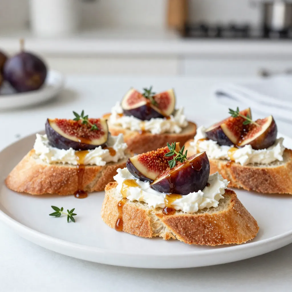 - 1 baguette, sliced into 1/2 inch thick pieces - 8 oz goat cheese, softened to room temperature - 1 cup fresh figs, stems removed and quartered - 2 tablespoons honey (preferably raw for depth of flavor) - 1 tablespoon fresh thyme leaves, plus extra for garnish - 1 tablespoon balsamic glaze (store-bought or homemade) - Salt and freshly ground black pepper, to taste - 1 tablespoon high-quality olive oil Using fresh ingredients is key for the best taste. Choose a crusty baguette that is firm and flavorful. The goat cheese should be creamy, soft, and spreadable. Fresh figs add sweetness and texture, while raw honey brings depth. Look for high-quality balsamic glaze that has a rich flavor. Finally, use fresh thyme to enhance the dish's aroma and taste. You can play with flavors to make this dish even better. Try adding a sprinkle of crushed red pepper for heat. A few nuts like walnuts or pistachios can add crunch. You might even consider a drizzle of flavored olive oil for a unique twist. Experiment with different herbs, like rosemary or basil, to see what you enjoy most. {{ingredient_image_2}} To make goat cheese fig crostini, gather all your ingredients first. You’ll need a fresh baguette, goat cheese, figs, honey, thyme, balsamic glaze, salt, pepper, and olive oil. This app is simple and quick to prepare. In just 20 minutes, you can serve a stunning appetizer. Start by preheating your oven to 375°F (190°C). This step is key for getting the bread nice and crispy. Slice the baguette into pieces about half an inch thick. Lay them on a baking sheet. Brush the tops lightly with olive oil. This adds flavor and helps them toast evenly. Place the baking sheet in the oven. Toast the baguette for about 8-10 minutes. Look for a golden brown color. Once ready, take them out and let them cool for a bit. In a medium bowl, mix the softened goat cheese with fresh thyme, salt, and pepper. Use a fork to blend until creamy. Next, take the cooled baguette slices. Spread the goat cheese mixture generously over each slice. Then, add a few pieces of quartered figs on top. This adds sweetness and texture. Drizzle honey over each crostini to balance the flavors. Finish with a drizzle of balsamic glaze for a tangy kick. For a pretty touch, sprinkle some extra thyme leaves on top. Toasting crostini is key to a great appetizer. Start with good bread, like a fresh baguette. Slice it into 1/2 inch thick pieces. Lay those slices on a baking sheet. Brush each slice lightly with olive oil. This step gives flavor and helps them crisp up. - Bake in a preheated oven at 375°F (190°C) for about 8-10 minutes. - Keep an eye on them to avoid burning. You want them golden brown and crunchy. Goat cheese fig crostini are perfect for many occasions. Serve them at parties, gatherings, or as a starter for dinner. You can pair them with a light white wine or sparkling water. These drinks complement the sweet figs and creamy goat cheese. - For a fun twist, add a sprinkle of crushed nuts for crunch. - You can also serve them with a side of mixed greens for freshness. A beautiful presentation makes food more inviting. Arrange the crostini on a colorful platter. You can garnish with whole figs and fresh thyme sprigs. This adds color and a touch of elegance. - Consider adding a small bowl of balsamic glaze for guests to use. - This lets everyone add their desired amount of tangy flavor. Pro Tips Choose the Right Figs: Fresh figs are best for this recipe, but if they're not in season, consider using dried figs rehydrated in warm water or a fig spread for a similar flavor profile. Experiment with Cheese: While goat cheese is delicious, you can mix it with ricotta or cream cheese for a creamier texture, or even try a flavored goat cheese for an extra twist. Make Ahead: Prepare the goat cheese mixture in advance and store it in the refrigerator. Assemble the crostini just before serving to keep the bread crispy. Add a Crunch: For added texture, consider sprinkling some chopped nuts, such as walnuts or pistachios, over the assembled crostini before serving. {{image_4}} You can customize your goat cheese fig crostini with many toppings. Try adding sliced pears or apples for a fresh crunch. Candied nuts like walnuts or pecans can add a sweet, crunchy texture. A sprinkle of crushed red pepper can give a spicy kick. For a savory twist, consider adding prosciutto or cured meats. Each topping creates a new and exciting flavor profile. While a baguette is classic, you can use other breads, too. Ciabatta or sourdough add a nice chewiness. For a gluten-free option, try gluten-free baguettes or rice cakes. Each bread type adds its own character to the crostini, making it unique. Play around with different shapes and sizes to create fun variations. Seasonal ingredients bring new life to your crostini. In the spring, swap figs for fresh strawberries or cherries. During the fall, use roasted pumpkin or apple slices. In winter, try pomegranate seeds for a burst of color and flavor. This way, you can enjoy the crostini year-round with fresh, vibrant tastes. Always look for what's in season at your local market for the best flavors. If you have leftover crostini, store them in an airtight container. Place parchment paper between layers to keep them from getting soggy. The crostini will stay fresh for about one day. Store the goat cheese mixture and figs separately, so they stay fresh. To reheat crostini, place them on a baking sheet. Heat the oven to 350°F (175°C) and warm them for about five minutes. This will help them regain some crispness. Avoid using the microwave, as it can make them chewy. Goat Cheese Fig Crostini is best eaten fresh. However, if stored properly, the goat cheese mixture can last up to three days in the fridge. The figs will stay good for about two days once cut. Always check for any signs of spoilage before using. The best goat cheese for crostini is soft and creamy. Look for fresh, mild goat cheese. It should spread easily on the bread. A cheese with a tangy flavor works well too. You can also try herbed goat cheese for added flavor. Just avoid hard or aged goat cheese, as they don’t spread as well. Yes, you can prepare some parts ahead of time. You can toast the baguette slices and store them in an airtight container. Mix the goat cheese and herbs, then refrigerate it for up to a day. When ready to serve, simply assemble the crostini with figs, honey, and glaze. This keeps the bread crispy and fresh. Crostini pairs well with a variety of dishes. Serve them with a light salad, like arugula or mixed greens. They also go great with charcuterie boards, adding a sweet and savory touch. For drinks, try pairing with a crisp white wine or sparkling water. These options balance the rich flavors of the crostini nicely. This blog post covered how to make delicious Goat Cheese Fig Crostini. We discussed key ingredients, preparation steps, and helpful tips. I shared variations to keep things fun and your storage options for leftovers. In conclusion, you now have all the tools to impress guests with this simple dish. Enjoy your time in the kitchen, and remember, every bite can be unique!