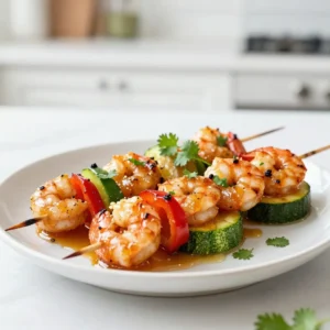 - 1 lb large shrimp, peeled and deveined - 1/4 cup honey - 1/4 cup soy sauce (or tamari for a gluten-free option) - 3 cloves garlic, finely minced - 1 tablespoon fresh ginger, grated - 1 teaspoon sesame oil - 1 tablespoon rice vinegar - 1/4 teaspoon red pepper flakes (optional) - 1 bell pepper (any color), cut into bite-sized pieces - 1 medium zucchini, sliced into rounds - Fresh cilantro for garnish - Skewers (metal or soaked wooden) Each ingredient plays a key role in making this dish shine. The shrimp brings a sweet taste and a tender texture. Honey adds a rich sweetness that balances the salty soy sauce. Garlic and ginger give a fragrant kick that lifts the dish. Sesame oil adds a nutty flavor while rice vinegar brings a slight tang. For the veggies, the bell pepper adds color and crunch. Zucchini melts beautifully on the grill, adding a soft texture. Fresh cilantro is not just a garnish; it adds brightness and freshness. Using soaked wooden skewers or metal ones helps keep everything together while cooking. The combination of these ingredients creates a dish that is full of flavor and excitement. Gather these ingredients before you start cooking. Having everything ready makes the cooking process smooth and fun! {{ingredient_image_2}} - In a mixing bowl, combine the honey, soy sauce, garlic, ginger, sesame oil, rice vinegar, and red pepper flakes. - Whisk thoroughly to create the marinade. This mix brings a sweet and savory taste to the shrimp. - Coat the shrimp well in the marinade. - Place the shrimp in the fridge for 30 minutes to 2 hours. This time helps the flavors soak in. Do not marinate too long to keep the shrimp tender. - Preheat your grill or grill pan to medium-high heat. This is key for a good sear. - Assemble your skewers by alternating shrimp, bell pepper pieces, and zucchini slices. Make them colorful for a fun look. - Grill each skewer for 2-3 minutes on each side. The shrimp will turn opaque when done. Baste with leftover marinade halfway through for extra flavor. Enjoy your tasty honey garlic shrimp skewers, and don't forget to sprinkle with fresh cilantro for that final touch! For a great marinade, balance sweetness and saltiness. Use equal parts honey and soy sauce. Honey gives a sweet taste while soy sauce adds salt. You can add a pinch of red pepper flakes for some heat. Marinate shrimp for 30 minutes to 2 hours. This keeps them tender and full of flavor. Avoid longer marination to prevent mushy shrimp. Set your grill to medium-high heat. This temperature helps shrimp cook evenly. Place the skewers on the grill and cook for 2-3 minutes on each side. Watch closely to avoid overcooking. Once shrimp turn opaque, they are done. Basting with leftover marinade halfway through grilling adds extra flavor. For a beautiful presentation, serve skewers on a large platter. Add lime wedges for a zesty touch. A sprinkle of sesame seeds can make the dish pop. Serve with rice or a fresh salad. These sides enhance the meal and balance the flavors of the skewers. Pro Tips Marinate Time: Allow the shrimp to marinate for at least 30 minutes to enhance the flavor, but avoid letting it sit for more than 2 hours to prevent the shrimp from becoming mushy. Skewer Safety: If using wooden skewers, soak them in water for at least 30 minutes before grilling to prevent burning and ensure even cooking. Grill Temperature: Preheat your grill to medium-high heat to achieve a nice sear on the shrimp, which locks in flavor and moisture. Serve Fresh: Serve the skewers immediately after grilling for the best texture and flavor, as the shrimp can become rubbery if left to sit too long. {{image_4}} You can switch out shrimp for chicken or tofu. Tofu is a great vegetarian option. Use firm tofu and press it to remove extra moisture. For chicken, cut it into bite-sized pieces. Then, marinate just like shrimp. You can also change the vegetables on the skewers. Try using cherry tomatoes, mushrooms, or bell peppers. They add color and taste. Mix and match your favorites for a fun look. Want to make the marinade even better? Add some citrus zest, like lemon or lime. This will brighten up the flavor. You can also mix in fresh herbs. Basil or cilantro can add a lovely twist. If you like heat, try different hot sauces. You can also add spices like cumin or paprika. These will give your skewers a unique kick. Don't be afraid to experiment! Serve the skewers over rice or a fresh salad. The rice soaks up the yummy sauce. A salad adds crunch and freshness. You can also use the skewers in tacos or wraps. Just remove the shrimp and veggies from the skewers. Add them to a warm tortilla with your favorite toppings. Enjoy a new way to eat these tasty bites! To store leftover honey garlic shrimp skewers, first let them cool. Place them in an airtight container. You can keep them in the fridge for up to three days. If you want to save them longer, freeze the skewers. Wrap them in plastic wrap, then place them in a freezer-safe bag. They can last up to three months in the freezer. When you want to reheat the skewers, avoid the microwave if possible. Use an oven or grill for the best results. Preheat your oven to 350&deg;F (175&deg;C). Place the skewers on a baking sheet and heat for about 10 minutes. If using a grill, heat it to medium and grill the skewers for about 2-3 minutes, turning them once. For easy weeknight meals, you can prep the skewers in advance. Marinate the shrimp and vegetables a day ahead. Assemble the skewers but keep them in the fridge until you are ready to cook. This way, when you get home, you just need to grill them. They cook quickly and make dinner a breeze! You should marinate shrimp for at least 30 minutes. This time allows the shrimp to soak up the flavors. I recommend not going over 2 hours. If you marinate too long, the shrimp can turn tough. Just enough time ensures the taste is strong and the texture stays firm. Yes, you can use the oven to cook these skewers! Preheat your oven to 400&deg;F (200&deg;C). Place the skewers on a baking sheet lined with parchment paper. Cook them for about 10-12 minutes. Flip the skewers halfway through to ensure even cooking. The shrimp should be opaque when done. These skewers go great with many sides. Here are some ideas: - Steamed rice or quinoa for a hearty base. - A fresh salad with mixed greens for a light option. - Grilled corn on the cob adds a sweet crunch. - A tangy dipping sauce like sweet chili or garlic aioli. Each side enhances the shrimp's sweet and savory flavors. Enjoy mixing and matching! Honey garlic shrimp skewers are simple and tasty. You learned how to make a marinade and grill delicious skewers. I shared tips for the perfect texture and many ways to change the dish. Don&rsquo;t forget to check your leftovers and reheat them right. This dish is great for a weeknight meal or a fun gathering. Enjoy your cooking adventure!