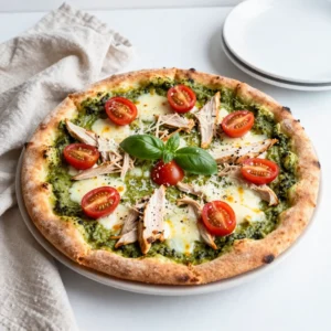 - 1 pre-made pizza dough (your choice - store-bought or homemade) - 1 cup fresh basil pesto (can be store-bought or homemade) - 1 cup cooked chicken breast, shredded or diced - 1 cup mozzarella cheese, shredded - &frac12; cup cherry tomatoes, halved - &frac14; cup grated Parmesan cheese - 2 tablespoons extra virgin olive oil - Fresh basil leaves for garnishing - Salt and pepper, to taste I love starting with simple ingredients. You can use store-bought pizza dough for a quick meal. If you're feeling adventurous, make your own dough. Fresh basil pesto is key to this dish. You can buy it or blend your own at home. For cheese, I recommend using mozzarella for that gooey texture. A little grated Parmesan adds a nice touch of flavor. Cherry tomatoes give a sweet burst and look pretty on the pizza. Don't forget fresh basil leaves for garnish. They add color and fresh flavor. Season with salt and pepper for balance. Cooking is all about layers of flavor! {{ingredient_image_2}} First, preheat your oven to 475&deg;F (245&deg;C). If you have a pizza stone, place it in the oven to heat up. This stone helps make the crust crispy. While the oven heats, take your pre-made pizza dough. On a lightly floured surface, stretch or roll out the dough to about &frac14; inch thick. Enjoy this part! Next, carefully move the dough to a pizza peel dusted with flour or a lined baking sheet. Using a spatula or the back of a spoon, spread basil pesto over the dough. Leave a &frac12; inch border for the crust. Now, evenly layer the shredded chicken on top of the pesto. You want each slice to have chicken. After that, sprinkle the shredded mozzarella cheese over the chicken. Then, arrange halved cherry tomatoes on top for color. For a flavor boost, add grated Parmesan cheese. Drizzle extra virgin olive oil over the pizza, and season it with salt and pepper to taste. If you used a pizza peel, gently slide the pizza onto the heated pizza stone. If not, put the baking sheet in the oven. Bake the pizza for about 10-12 minutes. You&rsquo;re looking for a golden brown crust and melted, bubbling cheese. To check for doneness, look for that golden color and listen for bubbling sounds. Once done, carefully remove the pizza and let it cool for a minute. Garnish with fresh basil leaves for a nice touch. Slice your pizza and enjoy the delicious flavors! For a great pizza, aim for a crust about &frac14; inch thick. This thickness helps it stay crispy while baking. If you want a super crispy crust, use a pizza stone. It holds heat well and cooks the bottom evenly. If you don&rsquo;t have one, a baking sheet works too! Just make sure it&rsquo;s lined with parchment for easy cleanup. To make your chicken pop, add spices before cooking. A sprinkle of garlic powder or Italian herbs can work wonders. Don't be afraid to play with different cheeses. Try adding gouda or feta for a unique taste. You can also add toppings like olives or artichokes to change things up. Each choice adds a new layer of flavor. Serve your pizza on a wooden cutting board for a rustic look. Place some extra cherry tomatoes and fresh basil leaves around it. This adds color and charm. For drinks, pair your pizza with a light white wine or sparkling water. A refreshing drink will balance the rich flavors of the pizza nicely. Enjoy presenting your delicious creation! Pro Tips Use Fresh Ingredients: Always opt for fresh basil and ripe tomatoes to enhance the flavor of your pizza. Fresh ingredients can make a significant difference in taste. Preheat the Oven: A well-preheated oven is crucial for achieving a crispy crust. If you have a pizza stone, make sure to preheat it along with the oven. Customize Your Toppings: Feel free to add your favorite toppings like bell peppers, olives, or red onion for a personalized pizza experience that suits your taste. Let It Rest: After baking, allow the pizza to cool for a minute before slicing. This helps the cheese set a bit, making it easier to cut and serve. {{image_4}} You can switch out chicken for other proteins. Shrimp is a great choice. It cooks fast and adds a nice seafood flavor. If you prefer a plant-based option, try tofu. Firm tofu holds its shape well when cooked. Simply marinate it in some pesto before adding it to the pizza. It soaks up the flavor and gives a nice texture. To make a vegetarian pizza, just leave out the chicken. You can add plant-based cheese to keep it creamy. Look for brands that melt well for the best results. If you want to make it vegan, choose a dairy-free cheese. For extra flavor, add more veggies. Bell peppers, spinach, or mushrooms work well. They add color and nutrients, making your pizza even better. You can also change the pesto to mix things up. Sun-dried tomato pesto gives a sweet and tangy taste. Just blend sun-dried tomatoes with olive oil, garlic, and nuts. Arugula pesto is another fun option. It has a peppery flavor that adds a nice kick. Both options will keep your pizza exciting and fresh. When you have leftover Basil Pesto Chicken Pizza, store it right. First, let the pizza cool. Then, slice it into pieces. Use airtight containers or wrap the slices in plastic wrap. This keeps the pizza fresh in the fridge. Aim to eat the leftovers within three days for the best taste. To reheat your pizza, use the oven for best results. Preheat it to 375&deg;F (190&deg;C). Place your pizza slices on a baking sheet. Bake for about 10 minutes. This method helps keep the crust crispy. If you're in a hurry, you can use a microwave. Just heat for 30 seconds, but the crust may get soft. To make homemade basil pesto, gather fresh basil leaves, garlic, pine nuts, olive oil, and Parmesan cheese. Blend these ingredients until smooth. Adjust the olive oil for creaminess. Taste and add salt if needed. This method gives you fresh flavor. Yes, you can freeze basil pesto chicken pizza. First, bake the pizza but don&rsquo;t add fresh toppings. Let it cool, wrap it tightly in plastic wrap, and store it in a freezer-safe bag. When ready to eat, bake from frozen. To help your pizza crust rise, use warm water and let the dough rest. This activates the yeast. Ensure you knead the dough until smooth. Let it rise in a warm place until it doubles in size. The easiest way to roll out pizza dough is to use a floured surface. Start with your hands to gently stretch the dough. Use a rolling pin for an even thickness of about &frac14; inch. Use flour to prevent sticking. To make this recipe gluten-free, swap the pre-made dough for gluten-free pizza dough. You can find it in stores or make it at home using gluten-free flour. Always check labels for hidden gluten in other ingredients. In this post, I shared how to make a delicious basil pesto chicken pizza. We covered required ingredients, from pre-made dough to tasty cheeses. I explained step-by-step how to prepare, assemble, and bake your pizza. You learned tips for a perfect crust and fun variations, plus how to store leftovers. Now, you are ready to create and enjoy your own pizza masterpiece. Exploring flavors and techniques will make this dish even better. Just remember, practice leads to perfection. Happy cooking!