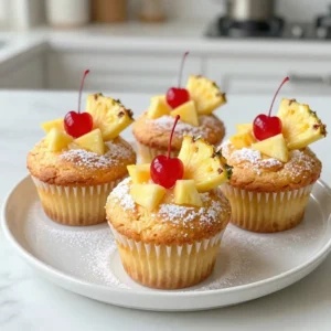 - 1 cup all-purpose flour - 1 teaspoon baking powder - 1/2 teaspoon baking soda - 1/4 teaspoon salt - 1/2 cup unsalted butter, softened to room temperature - 1 cup packed brown sugar - 2 large eggs - 1 teaspoon pure vanilla extract - 1/2 cup crushed pineapple, thoroughly drained - 1/4 cup fresh pineapple juice - 1/2 cup maraschino cherries, halved In baking, the right ingredients make all the difference. For these pineapple upside-down cupcakes, you need basic baking staples and some fruity goodness. First, you&rsquo;ll need all-purpose flour to give the cupcakes structure. Baking powder and baking soda work together to help them rise. Salt balances the sweetness and enhances all the flavors. The star here is the unsalted butter. It adds a rich taste and helps create a fluffy texture. Brown sugar gives a deep, caramel-like flavor. The eggs bind everything together, adding moisture and richness. Vanilla extract brings warmth and enhances the other flavors. Crushed pineapple adds sweetness and moisture, while fresh pineapple juice gives a refreshing burst. Finally, the maraschino cherries add a fun, colorful touch. They sit at the bottom of each cupcake, creating a delightful surprise when you bite in. Gather these ingredients, and you'll be ready to whip up a batch of these delicious cupcakes! {{ingredient_image_2}} - Preheat oven to 350&deg;F (175&deg;C). - Line muffin tin with colorful cupcake liners. Start by preheating your oven. This step is key to ensuring your cupcakes bake evenly. While the oven heats, line your muffin tin with fun, colorful cupcake liners. This not only adds cheer but also makes cleanup easy. - Whisk together flour, baking powder, baking soda, and salt. In a medium bowl, whisk together one cup of all-purpose flour, one teaspoon of baking powder, half a teaspoon of baking soda, and a quarter teaspoon of salt. This mix gives your cupcakes the right rise and flavor. Set it aside for later. - Combine softened butter and brown sugar; cream until light and fluffy. In a large bowl, combine half a cup of softened butter and one cup of packed brown sugar. Use a hand mixer or a whisk to cream them together. You want this mix to be light and fluffy. This step adds sweetness and richness to your cupcakes. - Incorporate eggs one at a time; add vanilla extract. Next, add two large eggs one at a time. Beat well after each egg. Then, stir in one teaspoon of pure vanilla extract. This will enhance the flavor of your cupcakes, making them extra tasty. - Fold in dry mixture, alternating with crushed pineapple and juice. Now, slowly fold in your dry mixture from the previous step. Alternate adding the dry mix with half a cup of drained crushed pineapple and a quarter cup of fresh pineapple juice. Be gentle while mixing to keep your batter light and airy. - Place cherries and crushed pineapple in liners; pour in batter. At the bottom of each cupcake liner, place a few halved maraschino cherries and a spoonful of crushed pineapple. This creates a fruity surprise at the bottom. Then, carefully spoon the batter over the fruit, filling each liner about two-thirds full. - Bake for 18-20 minutes; cool on a wire rack. Bake your cupcakes in the preheated oven for 18 to 20 minutes. To check if they&rsquo;re done, insert a toothpick in the center. If it comes out clean, they are ready! Let them cool in the pan for five minutes. Then, turn them out onto a wire rack with the fruit side up. This allows them to cool completely while showing off that beautiful topping. - How to prevent overmixing for a lighter cupcake: Mix your ingredients gently. After adding the dry mix, fold it in with a spatula. Stop as soon as you see no dry flour. This keeps the batter light and fluffy. Overmixing can make your cupcakes dense. - Importance of accurate measuring: Always use measuring cups and spoons. Too much flour or sugar can change the texture. Spoon the flour into your cup, then level it off with a knife for precision. This small step ensures your cupcakes rise perfectly. - Lightly dust with powdered sugar: After cooling, use a fine sieve to sprinkle powdered sugar on top. This simple touch adds elegance and a sweet hint. - Garnish ideas: fresh pineapple and mint: Top each cupcake with a slice of fresh pineapple. Add a sprig of mint for color and freshness. This makes your cupcakes pop and enhances the tropical vibe. Pro Tips Use Fresh Ingredients: For the best flavor, opt for fresh pineapple and high-quality maraschino cherries. This will enhance the tropical taste of your cupcakes. Do Not Overmix: When combining the dry and wet ingredients, mix just until incorporated. Overmixing can lead to dense cupcakes, so keep it light and airy. Check for Doneness: Every oven is different, so start checking your cupcakes a couple of minutes before the recommended baking time. A toothpick should come out clean when they are ready. Cool Upside Down: Letting the cupcakes cool with the fruit side up will prevent them from sticking to the liners and makes for a beautiful presentation. {{image_4}} You can make these cupcakes even more fun. Here are two exciting ideas: - Coconut Cream Pineapple Cupcakes: Add shredded coconut to the batter. Use coconut milk instead of regular milk. This gives your cupcakes a tropical twist. You will love the sweet coconut flavor. It pairs perfectly with pineapple. - Chocolate Pineapple Upside-Down Cupcakes: Mix cocoa powder into the batter. This adds a rich chocolate taste. The chocolate and pineapple combo is surprising and delicious. Top with chocolate frosting for extra flair. You can enjoy these cupcakes in different ways. Here are some options to fit your needs: - Gluten-free substitutes: Use a gluten-free flour blend instead of all-purpose flour. Make sure it has xanthan gum for the right texture. Your cupcakes will stay light and fluffy. - Vegan alternatives: Replace the eggs with flaxseed meal. Mix 1 tablespoon of flaxseed meal with 2.5 tablespoons of water. Let it sit for a few minutes to thicken. Use coconut oil in place of butter. This keeps your cupcakes moist and tasty. To keep your cupcakes fresh, store them in an airtight container. This will stop air from drying them out. Place parchment paper between layers if you stack them. For best taste, eat them within three days. Keep your cupcakes at room temperature. This keeps them soft and tasty. If you want to save your cupcakes for later, you can freeze them. First, let the cupcakes cool completely. Then, wrap each cupcake in plastic wrap. Place them in a freezer-safe bag or container. You can freeze them for up to three months. When you want to enjoy them, let them thaw in the fridge overnight. Reheat them in the microwave for a warm treat. Enjoy your tasty cupcakes anytime! Yes, you can make these cupcakes ahead of time. Store them in an airtight container. They will stay fresh for up to three days at room temperature. If you want to keep them longer, place them in the fridge. They can last up to a week that way. Just remember to let them warm up at room temperature before serving. This keeps the texture nice. These cupcakes shine when paired with ice cream. Vanilla or coconut ice cream works best. The cold creaminess complements the sweet pineapple. You can also serve them with fresh tropical fruits. Slices of kiwi or mango add a colorful touch. Consider a drizzle of caramel sauce for extra sweetness. To keep your cupcakes moist, do not overmix the batter. Mix just until the ingredients combine. Overmixing can lead to dry cupcakes. Also, make sure to use room-temperature butter. This helps create a fluffy texture. Lastly, avoid overbaking. Check them with a toothpick around 18 minutes. You can use fresh pineapple, but it requires more work. Fresh pineapple has a brighter flavor. However, you need to prepare it by peeling and chopping it. Canned pineapple is convenient and saves time. Just be sure to drain it well. This prevents excess moisture in the batter. Both options work, so choose what you prefer! In this blog post, we explored delicious pineapple cupcakes. We talked about key ingredients and easy steps to bake them. I shared helpful tips for baking and how to present your cupcakes beautifully. You can also try fun variations or make dietary adjustments. Remember to store your treats properly for freshness. Ultimately, these cupcakes are simple, tasty, and versatile. Enjoy your baking adventure and share these delightful treats with loved ones!