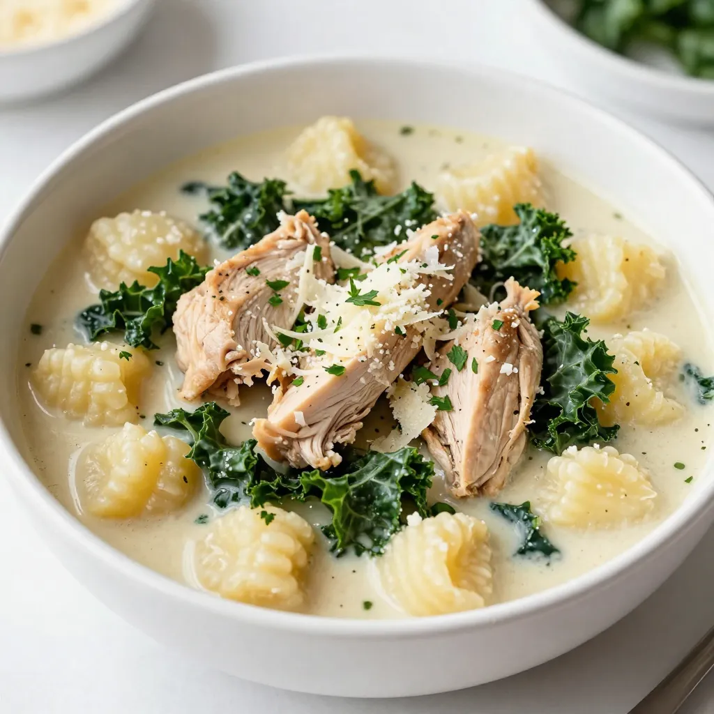 - 1 lb boneless, skinless chicken thighs - 16 oz potato gnocchi - 4 cups low-sodium chicken broth - 1 cup heavy cream - Fresh kale The main ingredients create a hearty base for the soup. The chicken adds protein. The potato gnocchi gives a nice texture. Chicken broth forms the soup's rich flavor. Cream brings a smooth finish. Fresh kale adds nutrition and color. - 1 medium onion - 2 cloves garlic - 2 medium carrots - 2 celery stalks - Dried oregano and thyme The vegetables bring crunch and taste. Onion and garlic add depth to the soup. Carrots and celery give a sweet flavor. Oregano and thyme add herbal notes. These ingredients make the soup bright and fresh. - Grated Parmesan cheese - Fresh parsley - Sea salt and freshly cracked black pepper Garnishing enhances the soup's appeal. Parmesan cheese adds a salty bite. Fresh parsley brightens the presentation. The salt and pepper balance the flavors. These finishing touches make each bowl special. {{ingredient_image_2}} - Heat 1 tablespoon of olive oil in a large pot over medium heat. - Once the oil is hot, add 1 pound of diced chicken thighs. - Season the chicken with sea salt and freshly cracked black pepper. - Cook the chicken for about 5-7 minutes. Stir occasionally until the chicken is golden brown and cooked through. - Remove the chicken from the pot and set it aside on a plate. - In the same pot, add 1 medium finely diced onion, 2 minced cloves of garlic, 2 chopped carrots, and 2 chopped celery stalks. - Sauté these veggies over medium heat for about 5 minutes. You want them to soften and the onion to turn translucent. - Sprinkle in 1 teaspoon of dried oregano and 1 teaspoon of dried thyme. Add a pinch more salt and pepper. - Stir for about 1 minute until the herbs release their fragrance and blend with the vegetables. - Pour in 4 cups of low-sodium chicken broth. Be sure to scrape up any tasty bits stuck to the pot. - Bring the mixture to a gentle simmer over medium-high heat. - Once simmering, add 1 package of potato gnocchi. Cook according to package instructions, usually about 3-5 minutes. The gnocchi is done when it floats to the top. - After the gnocchi cooks, return the chicken to the pot. Stir in 1 cup of heavy cream and 1 cup of chopped kale. - Let the soup simmer for another 5 minutes. This helps the kale wilt and everything heat through. - Taste the soup and adjust the seasoning with more salt and pepper if needed. To get the best taste in your Tuscan Chicken Gnocchi Soup, adjust your seasonings. Start with sea salt and black pepper. Taste as you cook and tweak if needed. You can also use fresh herbs instead of dried ones. Fresh oregano and thyme add a bright flavor. If you only have dried herbs, they work too, but use less. Dried herbs are stronger than fresh. When serving this soup, pair it with some warm bread. A crusty baguette or garlic bread works great. You can also add a simple side salad for freshness. For presentation, use bowls that show off the soup's colors. Top each bowl with a generous sprinkle of grated Parmesan. Fresh parsley adds a nice touch of green, making it look inviting. For cooking this soup, I suggest using a large pot. A Dutch oven is a great choice. It distributes heat evenly and holds enough soup for everyone. You’ll also need a wooden spoon to stir the soup and scrape up any bits. A ladle makes serving easier. A good knife and cutting board are important for chopping your veggies too. Pro Tips Perfect Chicken: Ensure that the chicken thighs are diced evenly to cook uniformly and achieve a tender texture. Seasoning Layers: Season each layer of the soup as you add ingredients for a more flavorful and well-rounded dish. Gnocchi Cooking: Do not overcook the gnocchi; they should only be added in the last few minutes of cooking to maintain their delicate texture. Garnishing: For an added touch, consider a drizzle of olive oil or a squeeze of lemon before serving for extra brightness. {{image_4}} You can switch out the chicken for turkey. Ground turkey works well in this soup. For a vegetarian twist, use chickpeas or lentils. They add protein and texture. Feel free to mix in other vegetables too. Spinach, zucchini, or bell peppers add freshness. Use what you have on hand to make it your own. Want some heat? Add a pinch of red pepper flakes. They’ll give your soup a spicy kick. You can also play with herbs. Fresh basil or rosemary can brighten up the flavors. Try different combinations to find your perfect blend. If you need a gluten-free option, use gluten-free gnocchi. They are available at many stores. You can also make your own with gluten-free flour. For a dairy-free version, swap heavy cream with coconut milk. It adds a nice richness without the dairy. Enjoy your soup without worry! To keep your Tuscan Chicken Gnocchi Soup fresh, let it cool first. Place it in an airtight container. This helps prevent bacteria and keeps flavors intact. Store it in the fridge for up to four days. When you want to serve it again, just reheat it on the stove. Stir it well to warm up evenly. If you want to save some for later, you can freeze it. First, let the soup cool completely. Then, pour it into freezer-safe containers. Leave some space at the top, as soups expand when frozen. It will be good for about three months. When ready to eat, thaw it in the fridge overnight. Reheat it on the stove, adding a splash of broth to keep it creamy. In the fridge, Tuscan Chicken Gnocchi Soup lasts up to four days. In the freezer, it can stay fresh for three months. Always check for changes in smell or color before eating. If it looks or smells off, it's best to discard it. Keeping track of dates helps you enjoy this tasty soup at its best! Tuscan Chicken Gnocchi Soup is a creamy and hearty dish. It combines tender chicken, soft gnocchi, and fresh veggies. You will taste the flavors of garlic, herbs, and kale. This soup is perfect for a cozy night in or a family meal. Yes, you can make this soup ahead of time. Cook it, then cool it before storing. Place it in an airtight container in the fridge. It should last for about three days. To reheat, warm it on the stove over low heat. You may need to add a splash of broth or cream for the best texture. To spice it up, add red pepper flakes when cooking. You can also include diced jalapeños for a fresh kick. If you like, try a dash of hot sauce at the end. Adjust the spice to suit your taste. Yes, store-bought gnocchi works well in this soup. Look for a good quality brand, like Rana or De Cecco. They offer fresh varieties that cook quickly. Just follow the package instructions for the best results. This blog post covers the delicious Tuscan Chicken Gnocchi Soup. You learned about the main ingredients, like chicken, gnocchi, and creamy broth. We shared step-by-step instructions for cooking and perfecting flavors. Don’t forget the tips for serving and storage! In the end, this soup is easy to make and customize. Whether you want to adjust flavors or try new ingredients, enjoy making it your own!