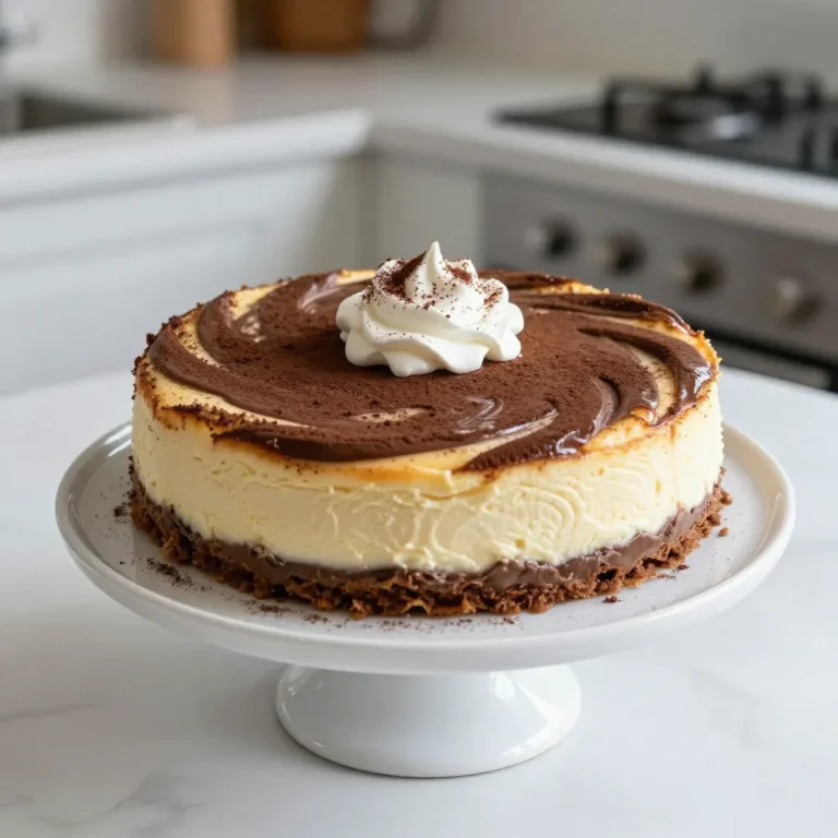 For the perfect mocha swirl cheesecake, gather these key items: - 1 ½ cups graham cracker crumbs - ½ cup unsalted butter, melted - 2 cups cream cheese, softened - 1 cup granulated sugar - 3 large eggs, at room temperature - 1 teaspoon pure vanilla extract - 1 cup sour cream, room temperature - ½ cup brewed espresso, cooled - 2 tablespoons unsweetened cocoa powder - 1 tablespoon instant coffee granules - A pinch of fine sea salt You will need some basic kitchen tools: - 9-inch springform pan - Mixing bowls - Electric mixer - Rubber spatula - Knife or toothpick for swirling - Measuring cups and spoons If you need to swap out some ingredients, here are a few ideas: - Use crushed cookies instead of graham cracker crumbs for the crust. - Swap unsalted butter with coconut oil for a dairy-free option. - Replace cream cheese with a dairy-free cream cheese for lactose-free diets. - Use brewed coffee instead of espresso for a milder flavor. - Substitute sour cream with Greek yogurt for a tangy twist. {{ingredient_image_2}} To start, preheat your oven to 325°F (160°C). Grease a 9-inch springform pan. This helps with easy removal later. In a bowl, mix 1 ½ cups of graham cracker crumbs with ½ cup of melted unsalted butter. Stir until the crumbs are coated. Press this mixture firmly into the bottom of the pan, forming a solid base. Bake it for 10 minutes and then let it cool completely. While the crust cools, let's make the cheesecake filling. In a large bowl, beat 2 cups of softened cream cheese with 1 cup of granulated sugar. Mix until it’s smooth and creamy, about 2-3 minutes. Add 3 large eggs one at a time, mixing on low speed after each addition. This keeps your batter smooth without too much air. Next, stir in 1 teaspoon of pure vanilla extract and 1 cup of sour cream until fully combined and creamy. Now, it’s time to add the mocha flavor. In a small bowl, mix ½ cup of cooled espresso with 2 tablespoons of unsweetened cocoa powder, 1 tablespoon of instant coffee granules, and a pinch of fine sea salt. Stir until everything dissolves. Divide the cheesecake filling into two bowls. Pour the espresso mixture into one bowl and fold it in gently to create a mocha batter. Using the crust as your base, alternate spoonfuls of the plain and mocha batters into the springform pan. This creates a swirled pattern. Use a knife or toothpick to swirl the two batters together softly for a beautiful marbled effect. Place the cheesecake in the oven and bake for 55-65 minutes. The edges should set, but the center can still jiggle a bit. After baking, turn off the oven and crack the door open. Leave the cheesecake inside for an hour to cool. This helps prevent cracks. Once cooled, let it reach room temperature, then refrigerate for at least 4 hours or overnight. To get the best swirl in your mocha cheesecake, use a simple technique. Start with two bowls of batter: one plain and one mocha. Alternate spoonfuls of each batter into the springform pan. Use a knife or toothpick to gently swirl them together. Don’t overdo it! A few gentle swirls create a lovely marbled look without mixing them completely. Baking the cheesecake requires care. Bake it at 325°F (160°C) for about 55-65 minutes. The edges should be set, but the center can jiggle slightly. After baking, turn off the oven and leave the door open for an hour. This slow cooling helps prevent cracks. Once cool, let it reach room temperature before refrigerating for at least 4 hours. Overnight chilling is best for flavor and texture. When serving, presentation matters. Place the cheesecake on a nice cake stand. Cut it into neat slices for a clean look. Top each slice with whipped cream and a dusting of cocoa powder for a special touch. You can add coffee beans or a drizzle of chocolate sauce for extra flair. Enjoy your mocha swirl cheesecake with friends and family for a delightful treat! Pro Tips Use Room Temperature Ingredients: Ensure all your dairy ingredients, like cream cheese and sour cream, are at room temperature for a smoother batter and better incorporation. Don't Overmix: When adding eggs to the batter, mix on low speed and only until just combined. Overmixing can incorporate too much air, leading to cracks during baking. Cool Gradually: After baking, allowing the cheesecake to cool in the oven with the door cracked helps prevent sudden temperature changes, which can cause cracking on the surface. Chill Overnight: For the best flavor and texture, refrigerate the cheesecake overnight. This allows the flavors to meld and the cheesecake to set properly. {{image_4}} You can easily make a gluten-free mocha swirl cheesecake. Use gluten-free graham cracker crumbs for the crust. Just check the labels to ensure they are free from gluten. The rest of the recipe stays the same. You still get that rich mocha flavor without the gluten. For a dairy-free mocha swirl cheesecake, swap the cream cheese and sour cream with dairy-free versions. You can find cream cheese made from nuts or soy. Use coconut cream in place of sour cream. These changes let you enjoy a creamy dessert without dairy. Want to mix things up? Try adding spices to your mocha swirl cheesecake. A pinch of cinnamon or nutmeg can add warmth. You could also use flavored extracts like almond or hazelnut to change the taste. Topping the cheesecake with fresh berries or nuts can add a fun crunch and extra flavor. After enjoying your mocha swirl cheesecake, you may have some leftovers. To store them, wrap the cheesecake tightly in plastic wrap. This keeps it fresh and prevents it from drying out. You can also place it in an airtight container. Store it in the fridge for up to five days. This cheesecake tastes great chilled! If you want to keep the cheesecake longer, freezing is a good option. Slice the cheesecake into individual pieces for easy serving later. Wrap each slice in plastic wrap, then place them in a freezer bag. Make sure to label the bag with the date. You can freeze it for up to three months. To serve, thaw the slices in the fridge overnight. You can enjoy the cheesecake cold, but if you prefer it warm, I have a simple method. Place the slice on a plate and cover it with a damp paper towel. Heat it in the microwave for about 10-15 seconds. This warms it up without cooking it. Just be careful not to overheat, as it can change the texture. Yes, you can change the crust! Try using Oreos or almond flour. Both give a new taste. Just remember to mix them with butter. If you want a nutty flavor, choose almond flour. Check the edges of the cheesecake. They should be firm while the center wiggles a bit. This slight jiggle shows it's not overcooked. Let it cool in the oven to set properly. Absolutely! You can make it a day or two before. Just store it in the fridge. This lets the flavors blend well. It’s perfect for parties or special events! You now have all the tools to create a Mocha Swirl Cheesecake. We covered essential ingredients, needed equipment, and smart substitutions. You learned how to prepare the crust, make the filling, and create that perfect mocha swirl. I shared tips for baking, cooling, and serving, plus variations for different diets and flavors. Remember, practice leads to perfection. Enjoy your cheesecake adventures and make it your own!