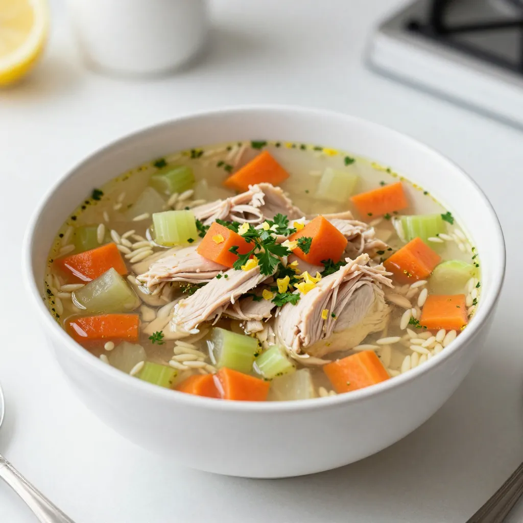 - 1 lb boneless, skinless chicken breasts - 6 cups chicken broth - 4 large carrots, diced - 3 stalks celery, diced - 1 medium onion, diced - 1 cup orzo pasta - 4 large eggs - 1/2 cup fresh lemon juice (juice from about 2-3 lemons) - Zest of 1 lemon - 2 tablespoons olive oil - 1/2 teaspoon dried oregano - Salt and pepper, to taste - Fresh parsley, chopped (for garnish) These ingredients come together to create a rich, tasty soup. The chicken gives protein while the veggies add crunch and nutrition. The orzo pasta makes it filling. The lemon juice and zest bring a bright flavor. The eggs add creaminess without heavy cream. Each ingredient plays a key role in the final dish. Gather these items before you start cooking. Fresh ingredients will enhance your soup's flavor. This meal is a great way to enjoy a healthy dish that warms the soul. Plus, it’s quick to make! {{ingredient_image_2}} To start, heat 2 tablespoons of olive oil in a large pot over medium heat. Once hot, add the diced onion, celery, and carrots. Sauté these vegetables for about 5 minutes. You want them soft and fragrant. Next, add 1 pound of boneless chicken breasts into the pot. Pour in 6 cups of chicken broth. Increase the heat to bring the mixture to a gentle simmer. Cover the pot and cook for 20 minutes. The chicken should be cooked through and no longer pink. After 20 minutes, carefully remove the chicken from the pot. Place it on a cutting board to cool for a few minutes. While the chicken cools, stir in 1 cup of orzo pasta and 1/2 teaspoon of dried oregano into the simmering broth. Cook the orzo according to the package instructions. This usually takes about 8-10 minutes. You want it to be al dente. Once the orzo is ready, shred the cooled chicken using two forks. Return the shredded chicken to the pot and mix it well. In a separate bowl, whisk together 4 large eggs, 1/2 cup of fresh lemon juice, and the zest of 1 lemon. Make sure the mixture is smooth. To add this to the soup without cooking the eggs, slowly ladle some hot soup broth into the egg mixture while whisking. This helps to temper the eggs. Once mixed, gradually pour the egg mixture back into the pot while stirring gently. Stir the soup well and season with salt and pepper to your taste. Let it simmer for an extra 2-3 minutes. This way, everything heats through and blends well. To make the best Greek Lemon Chicken Soup, you need to avoid curdled eggs. Curdled eggs happen when the hot soup cooks the eggs too quickly. To prevent this, you must temper the eggs. Slowly mix a small amount of hot broth into the egg mixture while whisking. This helps the eggs warm up gently. Once mixed, you can add it back to the pot. This keeps your soup smooth and creamy. Next, cooking the orzo to al dente is key. Al dente means "to the tooth" in Italian. It means the pasta is firm but cooked. Follow the package instructions, usually about 8-10 minutes. Check the pasta a minute early to ensure it doesn’t get too soft. This gives your soup a nice texture. For presentation, ladle the soup into deep bowls. Sprinkle fresh parsley on top for color. You can also add a slice of lemon on the side. This makes the soup look bright and fresh. Pair your soup with warm pita bread. It adds a nice touch and makes the meal more filling. You can dip the pita into the soup for added flavor. Pro Tips Use Fresh Ingredients: For the best flavor, opt for fresh chicken, vegetables, and lemons. Fresh ingredients enhance the overall quality and taste of the soup. Don't Rush the Tempering: When adding the egg mixture to the soup, take your time with tempering. This prevents curdling and ensures a smooth and creamy texture. Adjust the Lemon to Your Taste: The amount of lemon juice can be adjusted based on your preference for tartness. Start with less and add more if desired for a brighter flavor. Make it a Meal: Serve the soup with crusty bread or warm pita on the side. This will complement the soup and make for a hearty meal. {{image_4}} You can change up the protein in this soup easily. Try using shrimp instead of chicken. Shrimp cooks fast and adds a nice seafood flavor. If you prefer a plant-based option, use tofu. Tofu absorbs flavors well and gives a nice texture. Adding leafy greens is also a great idea. Spinach is a soft green that wilts down quickly. Kale is a bit tougher and holds its shape better. Both add nutrients and color to the soup. Fresh herbs can bring a bright taste to your soup. You might use dill or thyme for a new twist. They add a fragrant aroma and make the dish feel more vibrant. You can also adjust the soup's acidity with citrus. If you love lemon, add more juice or zest. A splash of lime juice can also work well, giving a different flavor. This balance of acidity makes the soup more refreshing and tasty. To keep your soup fresh, store it in an airtight container. Make sure to cool it down before sealing. Place it in the fridge if you plan to eat it within 3-4 days. When reheating, pour the soup into a pot over medium heat. Stir it often until it's warm. You can also use a microwave. Heat it in a bowl, stirring every 1-2 minutes until hot. If you want to save some for later, freezing is a great option. Let the soup cool completely. Then, pour it into freezer-safe bags or containers. Be sure to leave some space for expansion. To thaw it, move the soup to the fridge a day before you want to eat it. For quick thawing, place the sealed bag in a bowl of cold water. Once thawed, reheat it on the stove or in the microwave. Stir well to ensure it heats evenly. Greek Lemon Chicken Soup is a warm, comforting dish. It blends tender chicken, fresh veggies, and orzo pasta. The soup shines with bright lemon flavor. The eggs add creaminess and richness to each spoonful. Yes, you can make Greek Lemon Chicken Soup ahead of time. It tastes even better the next day. Store it in the fridge for up to three days. Just reheat it slowly on the stove. If you don't have orzo, you can use rice or small pasta shapes. Quinoa or even barley work well, too. These options still give a great texture to your soup. In this guide, you learned how to make Greek Lemon Chicken Soup. We covered the main ingredients like chicken, broth, and orzo. The step-by-step instructions helped you prepare, cook, and cream this dish perfectly. I shared tips to avoid curdled eggs and offered serving suggestions. Don’t forget variations to make it your own. Enjoy storing and reheating leftovers easily. With these tips and tricks, you're ready to make a delicious soup that warms the soul. Cook with confidence and impress your friends and family!