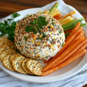 - 16 oz cream cheese - 1 cup shredded sharp cheddar cheese - 1/2 cup green onions - 1/2 cup cooked bacon bits or crispy coconut - 1 teaspoon garlic powder - 1 teaspoon onion powder - 1 tablespoon Worcestershire sauce - 1/4 cup everything bagel seasoning - Fresh parsley for garnish The main ingredients form the base of our cheese ball. Cream cheese gives it a creamy texture. Then, sharp cheddar adds a rich and tangy flavor. Green onions offer a mild onion taste that brightens the dish. For protein and crunch, you can use cooked bacon bits or crispy coconut for a vegetarian twist. The garlic and onion powders enhance the taste without overpowering it. Worcestershire sauce adds a savory depth. Finally, everything bagel seasoning gives that iconic flavor, making it a true party snack. Don't forget the fresh parsley! It adds color and freshness to the cheese ball. - Vegetarian alternatives - Spicy variations with jalape&ntilde;os - Additional cheeses to enhance flavor You can get creative with this cheese ball. If you want a vegetarian option, replace bacon bits with crispy coconut. For some heat, add finely chopped jalape&ntilde;os. This adds a spicy kick that pairs well with the creamy cheese. You can also mix in additional cheeses. Creamy goat cheese or tangy feta can elevate the flavor even more. Feel free to experiment! This cheese ball is versatile and can suit many tastes. {{ingredient_image_2}} Start by taking a large bowl. Add 16 oz of softened cream cheese. Next, mix in 1 cup of shredded sharp cheddar cheese. Use a sturdy spoon or spatula to blend well. You want a smooth, creamy texture. Now, finely chop 1/2 cup of green onions. Add them to the bowl. For added flavor, include 1/2 cup of cooked bacon bits or crispy coconut if you prefer a vegetarian option. Also, add 1 teaspoon of garlic powder and 1 teaspoon of onion powder. Finally, pour in 1 tablespoon of Worcestershire sauce. Mix everything until fully combined. Once your mixture is ready, it&rsquo;s time to shape it. Use your hands to mold the cheese mixture into a round ball. Make sure it holds its shape well without cracks. This step is key for the final look. After shaping, place the cheese ball on a sheet of plastic wrap. Wrap it tightly to keep its form. Now, refrigerate the cheese ball for at least 1 hour. This chilling time helps it firm up nicely. After the cheese ball has chilled, it&rsquo;s time for the fun part. Unwrap it gently from the plastic wrap. Roll the cheese ball in 1/4 cup of everything bagel seasoning. Make sure it gets coated evenly on all sides. This will add a burst of flavor. Now, carefully place the cheese ball on a serving plate. To finish, sprinkle the top with chopped fresh parsley. This adds a pop of color and a fresh taste. Feel free to serve this delightful cheese ball with crunchy vegetable sticks, crisp crackers, or pretzel crisps. Your guests will love it! To get the best texture for your cheese ball, start with the cream cheese. Make sure it's soft. Leave it out for about an hour before you mix. This helps it blend smoothly with the other ingredients. When mixing, use a sturdy spoon or spatula. This helps you combine the cheese and flavors well. Mix until you have a creamy texture with no lumps. A smooth mixture makes for a great cheese ball. After your party, store any leftovers in the fridge. Wrap the cheese ball tightly in plastic wrap. It can stay fresh for up to five days. If you want to prepare ahead, you can make the cheese ball the day before. Just wrap it well and chill. This lets the flavors blend nicely. When it's time to serve, roll it in the everything bagel seasoning just before your guests arrive. Pro Tips Chill for Best Texture: Allow the cheese ball to chill for at least an hour. This will help it firm up, making it easier to shape and enhancing its flavors. Experiment with Seasonings: Feel free to mix in different spices or herbs to customize the flavor profile of your cheese ball beyond the everything bagel seasoning. Choose Your Dippers Wisely: Pair your cheese ball with a variety of dippers like fresh veggies, pretzel crisps, or artisan crackers for a delightful textural contrast. Make Ahead: This cheese ball can be prepared a day in advance. Store it wrapped in the fridge until you're ready to serve for a hassle-free appetizer. {{image_4}} You can make this cheese ball even more fun with different flavors. Try adding a sweet twist. Mix in some finely chopped dried cranberries or figs. This adds a nice balance of sweet and savory. You can also try using honey to give it a rich flavor. For herb-infused options, consider adding fresh herbs like dill or chives. These herbs add freshness and depth to your cheese ball. You can even mix in a touch of pesto for a unique twist. Each option changes the flavor and keeps things interesting. When it comes to dippers, the choices are endless. Crunchy vegetable sticks like carrots and celery work well. They add a nice crunch and freshness. You can also serve with crisp crackers or pretzel crisps. These provide a great salty contrast to the creamy cheese. For plating, use a large wooden board. Arrange dippers around the cheese ball for a rustic look. You can also add small bowls of dips or spreads. This gives your guests more choices and makes your table look inviting. Try to keep the color balance in mind for a beautiful presentation. After making the Everything Bagel Cheese Ball, store it in the fridge. It stays fresh for about five days. You can tell it's still good if it smells fresh and looks smooth. If you see any mold or it smells off, toss it out. You can freeze the cheese ball for longer storage. Wrap it tightly in plastic wrap, then place it in a freezer bag. To thaw, move it to the fridge for several hours or overnight. Freezing may change the texture slightly, making it a bit crumbly. However, the flavor will still be tasty! Yes, you can make the cheese ball ahead of time. I recommend making it a day before your event. This lets the flavors blend well. Just wrap it tightly in plastic wrap after shaping it. Keep it in the fridge until you are ready to serve. You can use crispy coconut as a great substitute for bacon bits. It provides a nice crunch and flavor. Other options include chopped nuts or seeds. These alternatives keep the dish tasty and enjoyable for everyone. Yes, you can create a vegan version of this cheese ball. Use vegan cream cheese in place of regular cream cheese. Substitute the bacon bits with crispy coconut or nuts. For added flavor, include nutritional yeast and a splash of soy sauce. To enhance the flavor, try adding fresh herbs like dill or chives. You can also mix in a bit of hot sauce for a kick. Experiment with different cheeses, like pepper jack or smoked gouda, for a unique twist. The key is to taste as you go! This cheese ball is simple and fun to make. It combines cream cheese with cheddar and tasty mix-ins. You can customize it with your favorite flavors. Remember to prepare it ahead for gatherings and store it properly. Enjoying different variations keeps it fresh and exciting. Next time you want a great snack, try this recipe. You will impress your friends and family with its rich taste. Now, get ready to create a delicious cheese ball that everyone will love!