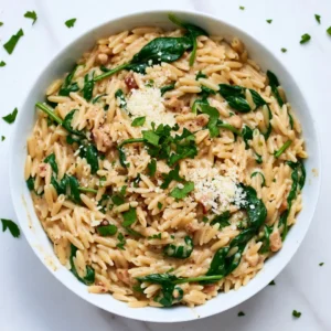 - 1 cup orzo pasta - 2 tablespoons extra virgin olive oil - 4 cloves garlic, finely minced - 4 cups fresh spinach leaves, packed - 1 cup heavy cream - 1/2 cup vegetable broth - 1/2 teaspoon red pepper flakes (optional) - 1/4 cup freshly grated Parmesan cheese - Salt and freshly cracked black pepper - 2 tablespoons fresh parsley, finely chopped For this creamy garlic spinach orzo, use high-quality ingredients. Choose extra virgin olive oil for its rich taste. Fresh garlic adds a strong and tasty flavor, so always use fresh over jarred. Opt for heavy cream with a high fat content for a luxuriously smooth sauce. When it comes to spinach, fresh leaves are best. Look for vibrant, crisp leaves without wilting. For cheese, fresh Parmesan adds depth. Avoid pre-grated cheese, as it can lack flavor. To keep your ingredients fresh, store spinach in a paper towel-lined bag in the fridge. Use it within a few days for the best taste. Store orzo in a cool, dry place, away from moisture. If you have leftovers, place them in an airtight container in the fridge. They will stay fresh for about three days. For longer storage, you can freeze the dish. Just make sure to thaw it in the fridge before reheating. {{ingredient_image_2}} 1. Boil Water: Start by boiling a large pot of salted water. This step is key for tasty orzo. 2. Cook Orzo: Add 1 cup of orzo pasta to the boiling water. Cook for 8-10 minutes until al dente. Drain and set aside. 3. Heat Oil: In the same pot, pour in 2 tablespoons of extra virgin olive oil. Heat it over medium until it shimmers. 4. Saut&eacute; Garlic: Add 4 minced garlic cloves. Stir for about 1 minute. Keep an eye on it to avoid burning. 5. Add Spinach: Toss in 4 cups of fresh spinach. Stir for 2-3 minutes until it wilts down. 6. Pour in Cream and Broth: Add 1 cup of heavy cream and 1/2 cup of vegetable broth. Mix well and let it simmer for 2-3 minutes. 7. Combine Orzo: Once thickened, add the cooked orzo to the pot. Stir until everything is well blended. 8. Add Cheese: Gradually mix in 1/4 cup of grated Parmesan cheese. Stir until melted and creamy. 9. Season: Add salt, black pepper, and red pepper flakes for heat if you like. 10. Rest: Take the pot off the heat. Let it sit for 2-3 minutes to enhance the flavors. - Boiling water: 5 minutes - Cooking orzo: 8-10 minutes - Heating oil and saut&eacute;ing garlic: 2 minutes - Cooking spinach: 2-3 minutes - Simmering cream and broth: 2-3 minutes - Combining orzo and cheese: 2 minutes - Resting: 2-3 minutes Total time: 25 minutes - Burning Garlic: Keep stirring to prevent burning. Burning makes it taste bitter. - Undercooking Spinach: Make sure it wilts completely. It should reduce in size. - Not Letting it Rest: Give it time to meld. This makes for a richer flavor. - Skipping Seasoning: Don&rsquo;t forget salt and pepper. They are key to a great taste. To boost the taste of your creamy garlic spinach orzo, add a squeeze of lemon juice. This brightens the dish and adds a fresh twist. You can also mix in sun-dried tomatoes for a rich, tangy flavor. Fresh herbs like basil or thyme will enhance the taste too. Try adding a splash of white wine while cooking the garlic for a deeper flavor. For a creamier texture, use full-fat coconut milk instead of heavy cream. This adds richness while keeping it dairy-free. Another option is to stir in some cream cheese. It melts well and thickens the sauce. If you want even more creaminess, blend some of the cooked orzo with the sauce before mixing it back in. If you like heat, add more red pepper flakes. Start with a little and taste as you go. For a milder dish, skip the red pepper flakes altogether. You can also use black pepper for a subtle kick. If you want a sweet heat, consider adding diced jalape&ntilde;os or a touch of smoked paprika instead. This gives a warm, smoky flavor without being too spicy. Pro Tips Tip Title: Use Starchy Pasta Water: Reserve a cup of pasta water before draining the orzo. Adding a splash of this starchy water to the sauce can help achieve a creamier texture and better sauce adherence. Tip Title: Fresh Spinach Alternatives: If fresh spinach is unavailable, you can use frozen spinach. Just ensure to thaw and drain it well before adding it to the dish to avoid excess moisture. Tip Title: Customize the Cheese: Feel free to experiment with different cheeses such as feta, goat cheese, or mozzarella for varied flavors. Each will bring a unique twist to the dish. Tip Title: Make it a Meal: To turn this dish into a heartier meal, consider adding cooked chicken, shrimp, or chickpeas for extra protein. {{image_4}} If you have specific dietary needs, you can easily adjust this recipe. For a lighter version, swap heavy cream for Greek yogurt or low-fat milk. This keeps it creamy without all the calories. If you're dairy-free, use coconut milk or a plant-based cream. Nutritional yeast can add a cheesy flavor without dairy. While orzo is the star here, you can use other pasta types. Try small shells, ditalini, or even quinoa for a gluten-free option. Each will give your dish a different texture but still pair well with the creamy sauce. Just make sure to cook the pasta according to package directions. Add seasonal veggies for extra flavor and nutrients. In spring, toss in peas or asparagus. In summer, add zucchini or bell peppers. For fall, consider butternut squash or kale. These additions make the dish more colorful and tasty. Plus, they help you enjoy fresh produce all year round! To store leftover creamy garlic spinach orzo, first let it cool down. Place it in an airtight container. This will keep moisture in and odors out. You can store it in the fridge for up to three days. Make sure to label the container with the date. This helps you keep track of freshness. When you want to reheat the orzo, choose low heat. You can use a pan on the stove or the microwave. If using the stove, add a splash of vegetable broth or cream. This keeps it creamy and prevents drying. Heat until warm, stirring gently. In the microwave, cover it loosely and heat in short bursts. Stir after each burst to ensure even warmth. If you have extra orzo, you can freeze it too. Place it in a freezer-safe container or bag. Remove as much air as possible to avoid freezer burn. It will last up to three months in the freezer. To use, let it thaw in the fridge overnight. Reheat it as described above for the best taste and texture. You can use coconut milk or cashew cream. Both options add richness. If you want a lighter choice, try Greek yogurt. Mix it with a bit of milk for a smoother texture. Yes, you can easily make this dish vegan. Substitute heavy cream with coconut milk or plant-based cream. Use nutritional yeast instead of Parmesan cheese for that cheesy flavor. Make sure your broth is also vegan. To boost flavor, use broth instead of water when cooking orzo. Adding herbs, like thyme or basil, can enhance the taste. You can also stir in some lemon juice for a fresh kick. This dish goes well with grilled chicken or shrimp for added protein. A side salad with lemon vinaigrette balances the creaminess. For a fun twist, serve it with garlic bread to complete the meal. We covered key ingredients to make creamy garlic spinach orzo. I shared tips on quality, freshness, and storage. I provided simple steps and timing for cooking. You learned common mistakes to avoid. I offered tricks to enhance flavor and creaminess too. Variations for dietary needs and seasonal veggies help customize your dish. Remember proper storage keeps leftovers tasty. Now you're ready to create this meal with confidence and ease. Enjoy cooking!