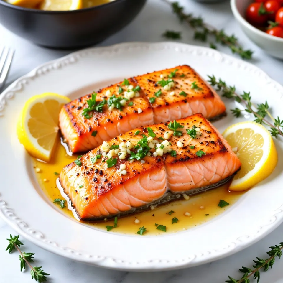 To make garlic butter roasted salmon, you need the following items: - 4 salmon fillets (approximately 6 oz each) - 4 tablespoons unsalted butter - 6 cloves garlic, finely minced - 1 tablespoon freshly squeezed lemon juice - 1 tablespoon fresh parsley, finely chopped - Salt and freshly ground black pepper, to taste - Lemon wedges, for serving - Fresh thyme sprigs, for garnish (optional) Each ingredient plays a role in making this dish flavorful and tasty. The salmon fillets are the star, providing a rich base. The unsalted butter and garlic create a creamy, aromatic sauce. Lemon juice adds brightness, while parsley gives color and freshness. Salt and pepper enhance all these flavors. Lemon wedges serve as a perfect side, adding zesty notes to each bite. If you like, thyme sprigs bring a lovely touch of earthiness. Gather these ingredients before you start cooking. They will help you create a delicious meal that shines on any table. {{ingredient_image_2}} First, set your oven to 400°F (200°C). This high heat gives the salmon a nice crust. To save time on cleanup, line a baking sheet with parchment paper. This way, the salmon won’t stick and the sheet stays clean. Use a small saucepan to melt the butter. Keep the heat low. This gentle cooking lets the butter melt without burning. Once it melts, add the minced garlic. Cook for about two minutes. You want it to smell great, not brown. Brown garlic can taste bitter. Now, take your salmon fillets. Place them skin-side down on the baking sheet. Make sure they have space around them. Next, use a brush to coat each fillet with the garlic butter mix. This adds amazing flavor. For extra taste, sprinkle more salt and pepper on top. Slide the baking sheet into the oven. Bake the salmon for 12 to 15 minutes. Check for doneness by using a fork. The fish should flake easily. If it does, it’s ready to eat! Once the salmon is out of the oven, let it rest for a couple of minutes. This helps keep it juicy. Serve the salmon with lemon wedges on the side. Add fresh thyme sprigs for a lovely look. Enjoy your delicious meal! To make your garlic butter shine, use fresh garlic. Fresh garlic gives a strong and rich aroma. You can also add herbs like thyme or rosemary. These herbs will boost the flavor and scent of your dish. When adding lemon juice, use fresh juice. This will balance the rich butter and add a bright taste. Just a tablespoon can lift the dish up. For the best salmon, aim for an internal temperature of 145°F (63°C). This ensures it is safe and moist. Overcooked salmon will be dry and tough. Look for the fish to flake easily with a fork. If it starts to look white around the edges, it may be overdone. Keep a close eye on your salmon as it bakes. Plating is key to a beautiful meal. Serve each salmon fillet on a bed of sautéed greens or colorful roasted vegetables. This adds color and nutrition. You can also arrange lemon wedges and thyme sprigs around the salmon. This creates a lovely and inviting look. These small touches can impress your guests and make the meal feel special. Pro Tips Use Fresh Ingredients: Always opt for fresh garlic and parsley for the best flavor in your garlic butter mixture. Fresh ingredients can elevate the dish significantly and enhance the overall taste. Don’t Overcook the Salmon: Salmon cooks quickly, so watch it closely. Remove it from the oven as soon as it flakes easily with a fork to maintain its moisture and tenderness. Experiment with Herbs: Feel free to add other fresh herbs like dill or basil for a unique twist on the classic garlic butter flavor. It can personalize the dish to your taste preferences. Serve with Sides: Pair the salmon with a light salad, roasted vegetables, or a grain like quinoa for a well-rounded meal. This not only enhances the dining experience but also adds nutritional value. {{image_4}} You can change the herbs in this dish. Instead of parsley, try rosemary or dill. Both herbs add a nice flavor. Rosemary gives a warm, earthy taste. Dill has a fresh, bright flavor. Use what you like or have on hand. It's fun to experiment! You can add vegetables for extra taste and nutrition. Consider using asparagus, cherry tomatoes, or bell peppers. These veggies roast well with salmon. Try adding chili flakes for a bit of heat. A touch of honey can add sweetness and depth. Mix and match to find your favorite combo. You can prepare salmon in advance for busy nights. Season and coat the fillets with the garlic butter. Store them in the fridge for up to two days. You can also freeze the salmon. Wrap each fillet tightly in plastic wrap. When ready, thaw them overnight in the fridge. Reheat in the oven for a quick meal. To keep your leftover salmon fresh, use airtight containers. Place the salmon in a container. Cover it tightly. Store it in the refrigerator. This method helps maintain its flavor and texture. Consume the salmon within three days for the best taste. For reheating, I recommend using the oven. Preheat the oven to 350°F (175°C). Place the salmon on a baking sheet. Cover it with foil to keep it moist. Heat for about 10 minutes. You can also use a microwave if you're in a hurry. Just heat it on low power for 30-second intervals. Check often to avoid overcooking. To tell if your salmon has gone bad, check for a few signs. Fresh salmon should smell like the ocean, not fishy. Look for a bright color and firm texture. If it feels slimy or has a dull color, it's best to toss it. Always trust your senses; if it seems off, don’t eat it. Yes, you can use frozen salmon. Just make sure to thaw it first. Place the salmon in the fridge overnight or use the cold water method. This method is quick and safe. Simply seal the salmon in a bag, then submerge it in cold water for about an hour. Once thawed, you can follow the recipe as usual. Garlic butter roasted salmon goes well with many sides. Here are some great options: - Steamed asparagus or green beans - Roasted potatoes or sweet potatoes - Garlic mashed potatoes - Quinoa or brown rice - Sautéed spinach or kale These sides complement the salmon's rich flavor and add color to your plate. You can tell salmon is done when it flakes easily with a fork. The flesh should turn opaque and lose its raw look. The safe cooking temperature for salmon is 145°F (63°C). A food thermometer can help you check this. If you don’t have one, just remember to look for that flaky texture. Absolutely! You can adjust the garlic butter to fit your taste. Here are some ideas: - Add fresh herbs like dill or rosemary for a new flavor. - Mix in a pinch of red pepper flakes for heat. - Swap lemon juice for lime juice for a different citrus twist. - Try using olive oil instead of butter for a lighter option. Feel free to experiment and make it your own! This blog post guides you in creating delicious garlic butter roasted salmon. We covered essential ingredients, oven preheating, and perfect cooking techniques. I shared tips on enhancing flavor and presentation. You can even customize the recipe to fit your taste. Whether you’re cooking for guests or meal prepping, this recipe shines. Enjoy the rich tastes and easy steps, knowing you'll impress everyone with your skills. With a few simple changes, you can make this dish your own. Happy cooking!