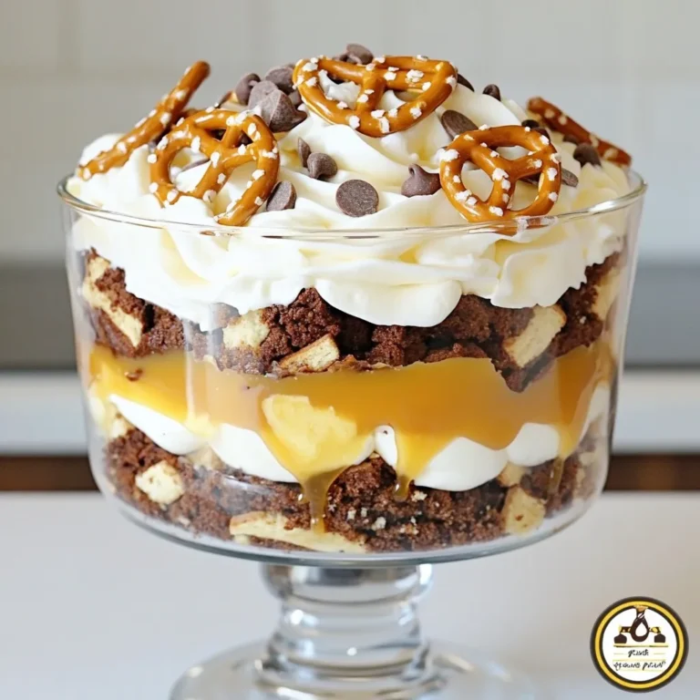 To make a salted caramel brownie trifle, gather your ingredients. Having everything ready will help the process go smoothly. Here is what you need: - Brownies: homemade or store-bought - Salted caramel sauce: store-bought or homemade - Heavy whipping cream - Powdered sugar - Vanilla extract - Mini chocolate chips - Crushed pretzels - Flaky sea salt for garnish Each ingredient plays a key role in building flavor and texture. The brownies create a rich base, while the salted caramel adds sweetness and depth. Heavy cream gives a light and fluffy layer. Powdered sugar and vanilla enhance the cream's flavor. Mini chocolate chips add little bursts of chocolate throughout. Crushed pretzels give a nice crunch and salty contrast. Finally, flaky sea salt on top brightens the whole dessert. It’s all about balance. You can choose homemade or store-bought options based on your time and skill level. Both will work well in this trifle. The key is to enjoy the process and make it your own. {{ingredient_image_2}} Making homemade brownies: Start by baking your favorite brownie recipe. Let them cool fully on a wire rack. This cooling is key. If they are warm, they will crumble when cut. Once cool, chop them into bite-sized squares. This will create a great base for your trifle. Using store-bought brownies: If you choose store-bought, pick a brand you enjoy. Cut them into squares as well. This saves time without losing taste. Combining ingredients: In a large bowl, mix the heavy whipping cream, powdered sugar, and vanilla. Use a whisk or mixer for this step. Whipping tips for perfect texture: Whip on medium speed. Watch for soft peaks. This should only take about 3-5 minutes. You want the cream light and fluffy, not too thick. Layering process: Grab a trifle dish or individual glasses. Start with a layer of brownie pieces. Drizzle salted caramel sauce over the brownies. Let it seep into the brownies for extra flavor. Tips for even layering: Use a spatula to spread the whipped cream evenly. This helps with the look and taste. Repeat the layers until you reach the top. The last layer should always be whipped cream. Adding toppings: Sprinkle mini chocolate chips and crushed pretzels on the final layer. The pretzels add a nice crunch. Chilling tips and importance of flavor melding: Cover the trifle with plastic wrap. Chill for at least 2 hours. This time lets the flavors blend. It also helps the brownies soak up moisture. Enjoy the richer taste when you serve it! - Ensuring perfect layers: Start with brownie pieces at the bottom. Press them down gently to make a solid base. Drizzle salted caramel sauce evenly over the brownies. This step is key for flavor. Add whipped cream next, spreading it smoothly. Repeat these layers until you reach the top. Finish with a layer of whipped cream. This method helps keep each flavor distinct. - How to achieve ideal whipped cream texture: Use cold heavy cream for best results. Combine it with powdered sugar and vanilla. Whip it on medium speed until soft peaks form. It should not be over-beaten; that can turn it into butter. The perfect whipped cream should be fluffy and stable. This will hold your trifle layers together nicely. - Gluten-free brownie options: You can use gluten-free brownie mixes. These are easy to find in stores. They provide a similar taste and texture. If you prefer homemade, use almond flour or a gluten-free flour blend. Just ensure your other ingredients are also gluten-free. - Vegan whipping cream alternatives: For a vegan option, use coconut cream or a store-bought vegan whipped cream. Both work well in this recipe. Just remember to chill the coconut cream overnight for best results. This ensures it whips up well and gives a creamy texture. - Creative serving ideas: You can use individual cups for a fun twist. This makes serving easy and looks great. Layer the ingredients in clear cups to showcase the beautiful layers. You can also use a large trifle dish for a stunning centerpiece. - Garnishing techniques for visual appeal: Top your trifle with mini chocolate chips and crushed pretzels. This adds texture and color. A sprinkle of flaky sea salt enhances the flavor and looks fancy. You can also add fresh mint leaves for a pop of green. These small touches make your dessert even more inviting. Pro Tips Brownie Consistency: Ensure your brownies are fully cooled before cutting them into squares. This prevents them from crumbling and helps maintain their shape in the trifle. Whipped Cream Stability: For a more stable whipped cream, consider adding a tablespoon of gelatin mixed with water or a stabilizer to help it hold its shape longer during serving. Flavor Infusion: Allow the trifle to chill for longer than 2 hours if possible. This extra time enhances the flavor melding and makes the dessert even more delicious. Layering Technique: When layering the trifle, use a spatula to spread each layer evenly, ensuring every bite has a perfect mix of brownie, caramel, and whipped cream. {{image_4}} You can change up the classic salted caramel brownie trifle in fun ways. For a fruity twist, try adding layers of berries or bananas. The fresh fruit brightens the dish and adds a nice contrast. Just slice the fruit and place a layer between the brownies and cream. It’s a simple change that makes a big difference. Another great option is to flavor the whipped cream. You can add mint or coffee to the cream for a unique taste. For mint, add a few drops of mint extract to the cream mix. If you love coffee, mix in some instant coffee granules. Both options will make your trifle stand out. You can also create themed trifles for special occasions. For seasonal treats, consider pumpkin spice in the fall or peppermint in the winter. Just swap the caramel sauce for pumpkin puree mixed with spices or crushed peppermint candies. For celebrations, think about birthday or holiday-themed trifles. Use bright colors or festive toppings to match the event. You can even customize layers with favorite candies or desserts. This makes your trifle not just a dessert but a fun part of the celebration. To keep your trifle fresh, cover it tightly with plastic wrap. This helps prevent it from drying out. Store it in the fridge for up to three days. If you want to keep the layers intact, it’s best to store each component separately. For the brownies, place them in an airtight container. The salted caramel sauce can also go in a jar. This way, you can enjoy the trifle later without losing its texture. If you freeze the brownies or caramel sauce, allow them to thaw in the fridge overnight. For the trifle, it’s best served chilled. You don't need to reheat it. Just take it out of the fridge before serving. Add fresh toppings, like mini chocolate chips and flaky sea salt, to revive its look and flavor. Enjoy each layer of this delightful treat! What can I use instead of heavy cream? You can use coconut cream or a dairy-free whipping cream. Both give a nice texture. If you prefer, you can also try half-and-half. It won't whip up as thick but can work in a pinch. How long can I store the trifle in the fridge? You can store the trifle in the fridge for up to three days. The flavors will mix and taste even better over time. Just make sure to cover it well to keep it fresh. Can I make the trifle ahead of time? Yes! You can prepare the trifle a day in advance. This makes it a great choice for parties. Just let it chill in the fridge overnight for the best results. What's the best way to serve a trifle? Serve the trifle chilled. Use a large spoon to scoop out portions. For a pretty touch, drizzle extra salted caramel on top. You can also add a mint leaf for color. How do I troubleshoot a runny whipped cream? If your whipped cream is runny, it might be under-whipped. Keep whipping until you see soft peaks. If it's too warm, chill it for a bit. Then, whip again until it thickens. What are the key differences between homemade and store-bought caramel sauce? Homemade caramel sauce is often richer and has a deeper flavor. You can control the sweetness and saltiness. Store-bought is quick and easy, but it may have extra preservatives. This blog post covers everything on making a delicious salted caramel brownie trifle. You learned about the ingredients, step-by-step preparation, and tips to perfect your trifle. Remember to layer the brownies, caramel, and whipped cream for the best flavor. Get creative with different flavors and presentations to make it your own. Finally, store any leftovers properly to enjoy later. Now, you can impress friends and family with your tasty trifle!