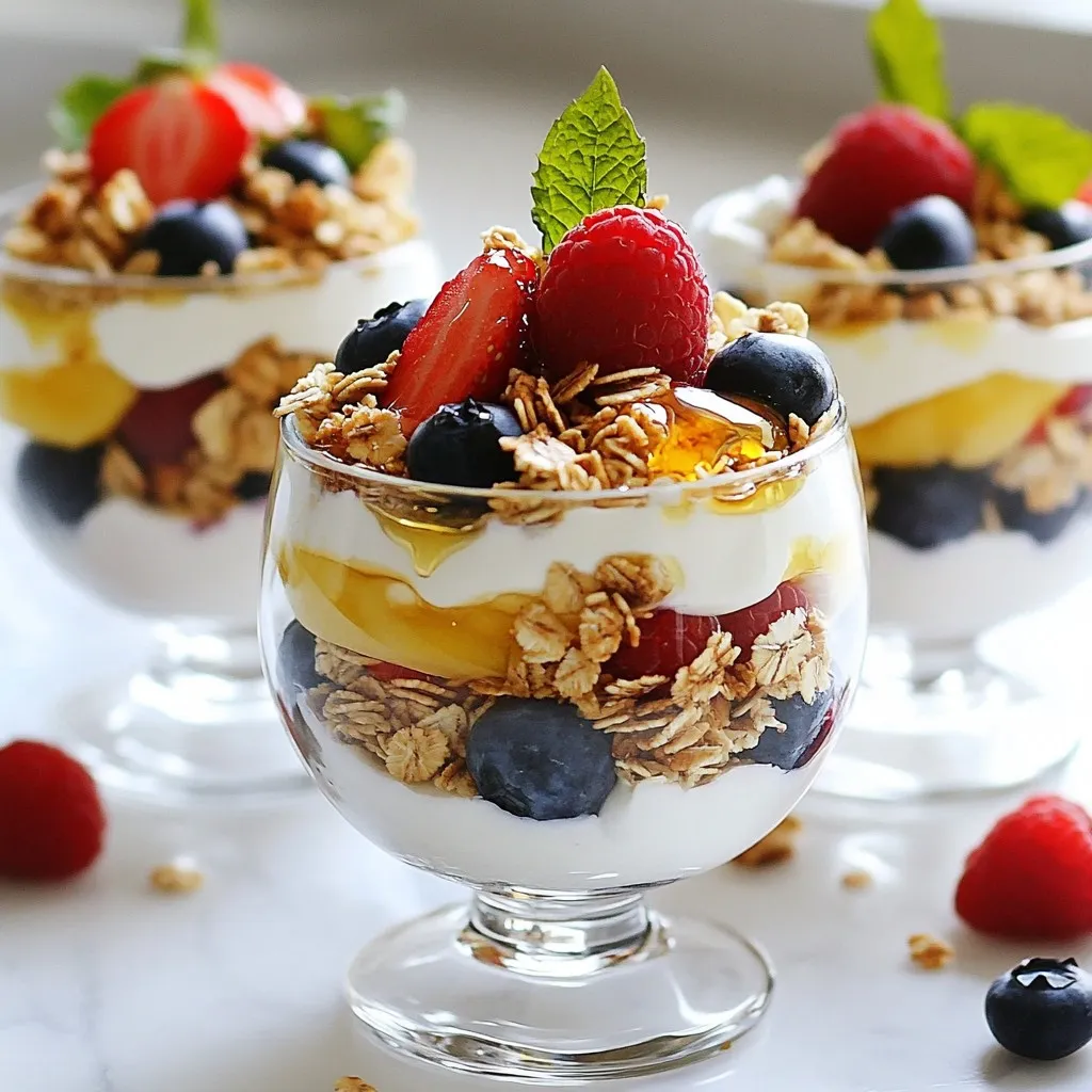 - 2 cups Greek yogurt (plain or vanilla) - 1 cup granola (your preferred blend) - 1 cup mixed berries (blueberries, sliced strawberries, raspberries) - 2 tablespoons honey or maple syrup - 1 teaspoon vanilla extract - Fresh mint leaves for garnish The main ingredients for the Berry Yogurt Parfait are simple yet packed with flavor. Greek yogurt gives a creamy base. You can choose plain or vanilla based on your taste. Granola adds a crunchy layer. I like to use a blend that I love. Mixed berries bring a pop of color and sweetness. Blueberries, strawberries, and raspberries work best together. You can also add optional ingredients. Honey or maple syrup sweetens the parfait. A splash of vanilla extract can give it a nice flavor boost. Fresh mint leaves are great for garnish. They add a fresh smell and look beautiful on top. Using fresh and high-quality ingredients makes the parfait tasty and healthy. Each bite will be a blend of creamy, crunchy, and fruity flavors. {{ingredient_image_2}} - First, rinse the mixed berries under cold running water. This removes dirt and ensures they are clean. - If you use strawberries, slice them to your preferred size. You can cut them in half or quarters for a better fit in your parfait. - In a mixing bowl, combine 2 cups of Greek yogurt with 2 tablespoons of honey or maple syrup for sweetness. - If you want extra flavor, add 1 teaspoon of vanilla extract. Stir the mixture until smooth and well blended. - Grab some clear glasses or bowls. Start by adding a spoonful of the yogurt mixture to the bottom of each glass. This layer is the base of your parfait. - Next, sprinkle a layer of granola over the yogurt. This adds a nice crunch and a great texture. - Then, add a lovely layer of mixed berries. Distribute them evenly across the glasses for a colorful look. - Keep layering! Repeat the yogurt, granola, and berry sequence until you reach the top. Make sure the top layer has a pretty mix of berries. - For a nice touch, garnish each parfait with fresh mint leaves. This adds color and a refreshing scent. This simple method makes a delicious and fun treat! Enjoy your Berry Yogurt Parfait right away for the best taste and texture. - Use clear glass cups or mason jars. This shows off the colorful layers. - Garnish with fresh mint leaves. They add a pop of color and a nice scent. - Enjoy the parfaits for breakfast or as a snack. They are great at any time! - Pair them with smoothies for a refreshing drink. Coffee also goes well with parfaits. - Greek yogurt is high in protein and low in fat. It helps keep you full. - Berries are full of vitamins and antioxidants. They are great for your health. - Using honey or maple syrup reduces added sugar. This makes your parfait even healthier. Pro Tips Choose Your Yogurt Wisely: Opt for full-fat Greek yogurt for a creamier texture, or choose a low-fat option for a lighter parfait. Layering Technique: For the best visual appeal, layer your ingredients carefully, starting with yogurt, followed by granola, then berries. This creates a stunning layered effect. Sweetness Adjustment: Taste your yogurt mixture before layering. Adjust the sweetness with more honey or syrup if needed, ensuring it complements the tartness of the berries. Berry Selection: Use seasonal berries for the freshest flavor, and feel free to mix in other fruits like bananas or kiwi for variety! {{image_4}} You can switch up the yogurt to fit your needs. Try using dairy-free yogurt made from almond or coconut milk. This keeps it tasty for those who avoid dairy. For a fun twist, experiment with different granola types. Look for flavors like honey almond or berry blend to add more taste and crunch. Each season brings its own fruits. In summer, try adding fresh peaches or sweet mangoes for a new flavor. You can also mix in superfoods like chia seeds or nuts. These add texture and extra nutrition. They make your parfait even better! If you need gluten-free options, look for gluten-free granola. Many brands make delicious blends that taste great. For vegan alternatives, use plant-based yogurt and swap honey for maple syrup. These changes keep your parfait healthy and suitable for all diets. To store your leftover parfaits, place them in airtight containers. This keeps the layers fresh and prevents them from mixing. You can use glass jars or plastic containers. Make sure to cover them well. It helps keep the yogurt creamy and the granola crunchy. You can keep your berry yogurt parfaits in the fridge for up to three days. After that, the berries may lose their freshness. Signs of spoilage include a sour smell or watery yogurt. If you see mold on the berries, it’s best to throw them away. Always check before eating. Yes, you can freeze berry yogurt parfaits! Just remember, freezing may change the texture. To freeze them properly, layer the yogurt, granola, and berries in a freezer-safe container. Leave some space at the top for expansion. When ready to enjoy, let them thaw in the fridge overnight. This way, they taste fresh and yummy! Making a Berry Yogurt Parfait is quick and easy. It only takes 10 minutes to prepare. You can have your tasty treat ready in no time. Yes, you can meal prep this parfait! Prepare layers of yogurt, granola, and berries in advance. Store them in separate containers. When you’re ready to eat, just layer them in a glass. This way, you save time during busy mornings. If you need a substitute for Greek yogurt, try these options: - Dairy-free yogurt made from almond, coconut, or soy. - Regular yogurt works well, but it may be thinner. - Cottage cheese offers a high-protein choice. These options fit different diets and still taste great in your parfait. This blog post covered how to make a delicious berry yogurt parfait. We went through the main ingredients, like Greek yogurt, granola, and mixed berries. You learned how to prepare the berries, mix the yogurt, and layer the parfait. I also shared tips for presentation, serving suggestions, and the health benefits of your ingredients. Now you have all the tools to create your own parfait. Enjoy experimenting with flavors and variations. Healthy, tasty snacks are just a few steps away!