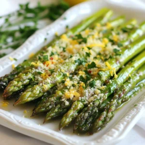 - 1 lb fresh asparagus, trimmed to even lengths - 3 tablespoons extra virgin olive oil - 3 cloves fresh garlic, finely minced - 1/3 cup freshly grated Parmesan cheese - 1 teaspoon freshly grated lemon zest - Sea salt and freshly ground black pepper, to taste - 1/4 teaspoon red pepper flakes (optional, for a spicy kick) - Fresh parsley, chopped for garnish (optional) You will need a few simple tools to make this dish. Here&rsquo;s what I use: - Large mixing bowl - Baking sheet - Parchment paper (for easy cleanup) - Oven (preheated to 400&deg;F) - Knife and cutting board (for trimming asparagus and mincing garlic) Garlic Parmesan roasted asparagus is not just tasty; it is also good for you! Here&rsquo;s a quick look at the nutrition per serving (about 1 cup): - Calories: 150 - Protein: 5g - Fat: 10g - Carbohydrates: 11g - Fiber: 5g - Vitamin K: 57% of the daily value - Vitamin A: 20% of the daily value This dish is low in calories and high in vitamins, making it a great choice for a healthy side dish. Enjoy this nutritious meal! {{ingredient_image_2}} Start by preheating your oven to 400&deg;F (200&deg;C). This step gets your oven hot and ready for roasting. Next, take 1 pound of fresh asparagus and trim the ends to make them even. This will help them cook uniformly. In a large bowl, mix the trimmed asparagus with 3 tablespoons of extra virgin olive oil. Add 3 cloves of minced garlic, sea salt, and black pepper to taste. If you want a little heat, toss in 1/4 teaspoon of red pepper flakes. Mix everything well so each stalk is coated with oil and seasonings. Now, line a baking sheet with parchment paper for easy cleanup. Spread the asparagus in a single layer on the sheet. This ensures they roast evenly. Next, sprinkle 1/3 cup of freshly grated Parmesan cheese over the asparagus. Make sure each piece gets some cheese for a rich flavor. Place the baking sheet in the preheated oven and roast for about 15-20 minutes. Keep an eye on them. You want the asparagus to be tender but still slightly crispy at the tips. Once the asparagus is roasted to your taste, take it out of the oven. Zest a fresh lemon over the top for a bright flavor. This adds a refreshing kick that complements the cheese. If you want, sprinkle chopped fresh parsley on top for color and extra taste. Serve your Garlic Parmesan Roasted Asparagus right away. Enjoy this healthy side dish! To make the best Garlic Parmesan Roasted Asparagus, start with fresh asparagus. Look for bright green stalks that are firm and straight. Trim them to even lengths. This helps them roast evenly. Use a large bowl to mix the olive oil, garlic, salt, and pepper with the asparagus. Toss well until every piece is coated. This coating adds flavor and helps with roasting. Line your baking sheet with parchment paper for easy cleanup. You want your asparagus to be tender yet crisp. After 15-20 minutes in the oven, check for doneness. The tips should be slightly crispy and the stalks tender. If they look a bit golden, that&rsquo;s a good sign. Use a fork to pierce a stalk. If it goes in easily, they are ready. You can always roast them a few more minutes if needed. To elevate the dish, add fresh lemon zest right after roasting. This brightens the flavors. You can also sprinkle fresh parsley on top for a pop of color and taste. If you enjoy spice, consider adding red pepper flakes before roasting. This gives a nice kick to the dish. Experiment with these garnishes to find your favorite flavor combinations! Pro Tips Use Fresh Asparagus: Always opt for fresh asparagus, as it will have the best flavor and texture. Look for bright green stalks that are firm and straight. Don&rsquo;t Overcrowd the Pan: For even roasting, make sure to arrange the asparagus in a single layer on the baking sheet. Overcrowding can cause steaming instead of roasting. Adjust Cooking Time: Keep an eye on your asparagus while roasting; thinner stalks may cook faster than thicker ones. Aim for a tender-crisp texture for the best bite. Add Flavor Variations: Experiment with different herbs and spices, such as thyme or paprika, to create unique flavor profiles that complement your meal. {{image_4}} You can switch up the cheese in this dish. Instead of Parmesan, try Pecorino Romano. It has a sharper taste that can bring a new twist. You can also use Grana Padano for a milder flavor. For a creamy touch, consider using mozzarella. Experiment and find your favorite! Mixing in other veggies makes this dish even better. Try adding cherry tomatoes for sweetness. You can also include bell peppers for a little crunch. Carrots or zucchini are great for extra color and nutrition. Just cut them to match the asparagus size for even cooking. If you like heat, boost the spice! Add more red pepper flakes for a stronger kick. You can also mix in some cayenne pepper for extra warmth. For a smoky flavor, try adding smoked paprika. These additions will give your dish a bold twist that wakes up the taste buds! Store your leftover Garlic Parmesan Roasted Asparagus in an airtight container. Let the asparagus cool before sealing the container. This helps keep it fresh. You can store it in the fridge for up to 3 days. To reheat, preheat your oven to 350&deg;F (175&deg;C). Place the asparagus on a baking sheet. Bake for about 10 minutes. This keeps the asparagus crispy and warm. You can also use a microwave. Heat on medium power for 1-2 minutes. If you want to freeze your asparagus, it's best to do it before cooking. Blanch the trimmed asparagus in boiling water for 2 minutes. Then, quickly transfer it to ice water to stop the cooking. Drain and pack in freezer bags. It can last up to 3 months in the freezer. When ready to use, roast it directly from frozen. Yes, you can use frozen asparagus. However, fresh asparagus gives the best taste and texture. Frozen asparagus may become softer when cooked. If you use frozen, thaw it first and pat it dry. This helps keep the dish from getting too watery. Garlic Parmesan Roasted Asparagus pairs well with many dishes. You can serve it with grilled chicken, baked fish, or a hearty steak. It also goes great with pasta or a creamy risotto. Add it to your favorite salad for a fresh crunch. To cut asparagus, hold each stalk and bend it gently. It will snap at the right point. This removes the tough part of the stalk. After snapping, cut the remaining stalks to even lengths. Aim for about six inches long for even cooking. In this guide, we explored how to prepare and roast asparagus. We covered the best ingredients, tools, and nutritional facts. You learned the step-by-step process for perfect roasting and how to add your own touch. Tips helped you enhance flavors, while variations offered creative options. We also discussed how to store leftovers effectively. Enjoy making this tasty dish. You&rsquo;ll love the rich flavors and the many ways to change it up. Happy cooking!