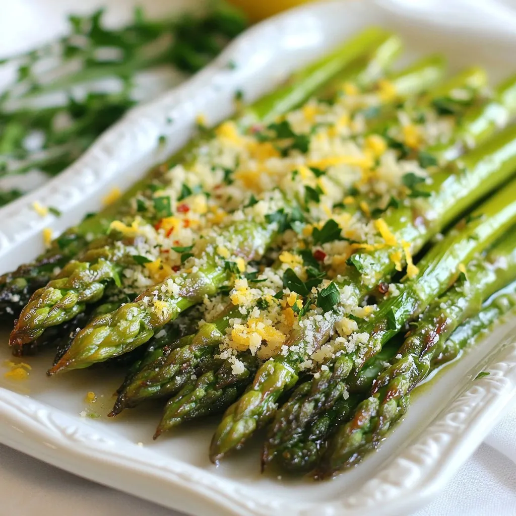 - 1 lb fresh asparagus, trimmed to even lengths - 3 tablespoons extra virgin olive oil - 3 cloves fresh garlic, finely minced - 1/3 cup freshly grated Parmesan cheese - 1 teaspoon freshly grated lemon zest - Sea salt and freshly ground black pepper, to taste - 1/4 teaspoon red pepper flakes (optional, for a spicy kick) - Fresh parsley, chopped for garnish (optional) You will need a few simple tools to make this dish. Here’s what I use: - Large mixing bowl - Baking sheet - Parchment paper (for easy cleanup) - Oven (preheated to 400°F) - Knife and cutting board (for trimming asparagus and mincing garlic) Garlic Parmesan roasted asparagus is not just tasty; it is also good for you! Here’s a quick look at the nutrition per serving (about 1 cup): - Calories: 150 - Protein: 5g - Fat: 10g - Carbohydrates: 11g - Fiber: 5g - Vitamin K: 57% of the daily value - Vitamin A: 20% of the daily value This dish is low in calories and high in vitamins, making it a great choice for a healthy side dish. Enjoy this nutritious meal! {{ingredient_image_2}} Start by preheating your oven to 400°F (200°C). This step gets your oven hot and ready for roasting. Next, take 1 pound of fresh asparagus and trim the ends to make them even. This will help them cook uniformly. In a large bowl, mix the trimmed asparagus with 3 tablespoons of extra virgin olive oil. Add 3 cloves of minced garlic, sea salt, and black pepper to taste. If you want a little heat, toss in 1/4 teaspoon of red pepper flakes. Mix everything well so each stalk is coated with oil and seasonings. Now, line a baking sheet with parchment paper for easy cleanup. Spread the asparagus in a single layer on the sheet. This ensures they roast evenly. Next, sprinkle 1/3 cup of freshly grated Parmesan cheese over the asparagus. Make sure each piece gets some cheese for a rich flavor. Place the baking sheet in the preheated oven and roast for about 15-20 minutes. Keep an eye on them. You want the asparagus to be tender but still slightly crispy at the tips. Once the asparagus is roasted to your taste, take it out of the oven. Zest a fresh lemon over the top for a bright flavor. This adds a refreshing kick that complements the cheese. If you want, sprinkle chopped fresh parsley on top for color and extra taste. Serve your Garlic Parmesan Roasted Asparagus right away. Enjoy this healthy side dish! To make the best Garlic Parmesan Roasted Asparagus, start with fresh asparagus. Look for bright green stalks that are firm and straight. Trim them to even lengths. This helps them roast evenly. Use a large bowl to mix the olive oil, garlic, salt, and pepper with the asparagus. Toss well until every piece is coated. This coating adds flavor and helps with roasting. Line your baking sheet with parchment paper for easy cleanup. You want your asparagus to be tender yet crisp. After 15-20 minutes in the oven, check for doneness. The tips should be slightly crispy and the stalks tender. If they look a bit golden, that’s a good sign. Use a fork to pierce a stalk. If it goes in easily, they are ready. You can always roast them a few more minutes if needed. To elevate the dish, add fresh lemon zest right after roasting. This brightens the flavors. You can also sprinkle fresh parsley on top for a pop of color and taste. If you enjoy spice, consider adding red pepper flakes before roasting. This gives a nice kick to the dish. Experiment with these garnishes to find your favorite flavor combinations! Pro Tips Use Fresh Asparagus: Always opt for fresh asparagus, as it will have the best flavor and texture. Look for bright green stalks that are firm and straight. Don’t Overcrowd the Pan: For even roasting, make sure to arrange the asparagus in a single layer on the baking sheet. Overcrowding can cause steaming instead of roasting. Adjust Cooking Time: Keep an eye on your asparagus while roasting; thinner stalks may cook faster than thicker ones. Aim for a tender-crisp texture for the best bite. Add Flavor Variations: Experiment with different herbs and spices, such as thyme or paprika, to create unique flavor profiles that complement your meal. {{image_4}} You can switch up the cheese in this dish. Instead of Parmesan, try Pecorino Romano. It has a sharper taste that can bring a new twist. You can also use Grana Padano for a milder flavor. For a creamy touch, consider using mozzarella. Experiment and find your favorite! Mixing in other veggies makes this dish even better. Try adding cherry tomatoes for sweetness. You can also include bell peppers for a little crunch. Carrots or zucchini are great for extra color and nutrition. Just cut them to match the asparagus size for even cooking. If you like heat, boost the spice! Add more red pepper flakes for a stronger kick. You can also mix in some cayenne pepper for extra warmth. For a smoky flavor, try adding smoked paprika. These additions will give your dish a bold twist that wakes up the taste buds! Store your leftover Garlic Parmesan Roasted Asparagus in an airtight container. Let the asparagus cool before sealing the container. This helps keep it fresh. You can store it in the fridge for up to 3 days. To reheat, preheat your oven to 350°F (175°C). Place the asparagus on a baking sheet. Bake for about 10 minutes. This keeps the asparagus crispy and warm. You can also use a microwave. Heat on medium power for 1-2 minutes. If you want to freeze your asparagus, it's best to do it before cooking. Blanch the trimmed asparagus in boiling water for 2 minutes. Then, quickly transfer it to ice water to stop the cooking. Drain and pack in freezer bags. It can last up to 3 months in the freezer. When ready to use, roast it directly from frozen. Yes, you can use frozen asparagus. However, fresh asparagus gives the best taste and texture. Frozen asparagus may become softer when cooked. If you use frozen, thaw it first and pat it dry. This helps keep the dish from getting too watery. Garlic Parmesan Roasted Asparagus pairs well with many dishes. You can serve it with grilled chicken, baked fish, or a hearty steak. It also goes great with pasta or a creamy risotto. Add it to your favorite salad for a fresh crunch. To cut asparagus, hold each stalk and bend it gently. It will snap at the right point. This removes the tough part of the stalk. After snapping, cut the remaining stalks to even lengths. Aim for about six inches long for even cooking. In this guide, we explored how to prepare and roast asparagus. We covered the best ingredients, tools, and nutritional facts. You learned the step-by-step process for perfect roasting and how to add your own touch. Tips helped you enhance flavors, while variations offered creative options. We also discussed how to store leftovers effectively. Enjoy making this tasty dish. You’ll love the rich flavors and the many ways to change it up. Happy cooking!