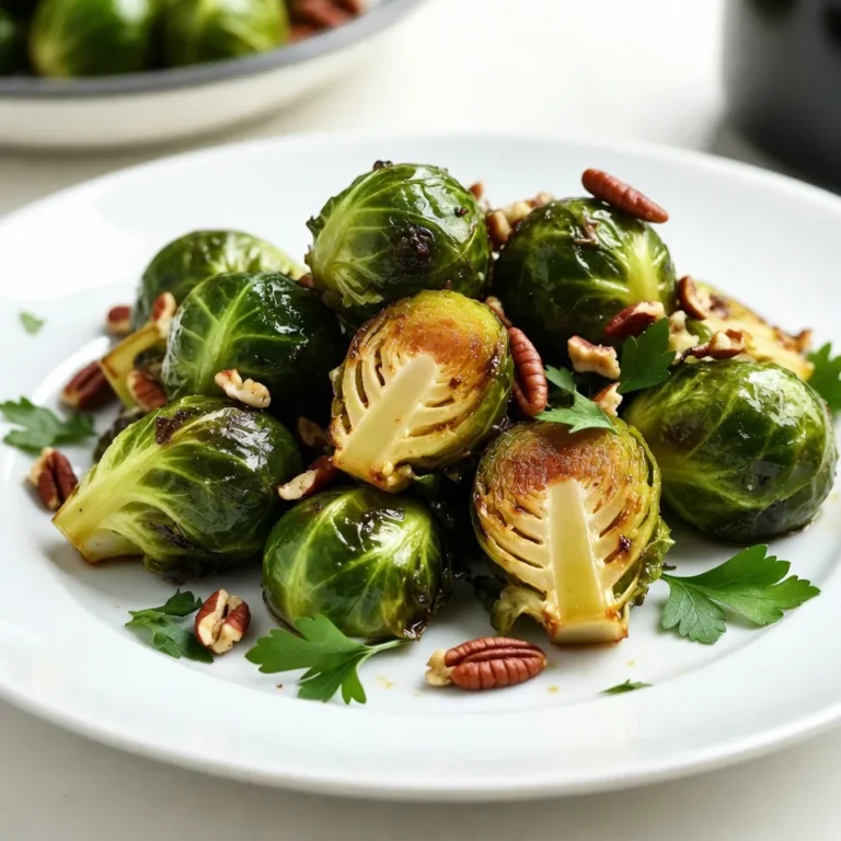 - Fresh Brussels sprouts - Extra virgin olive oil - Pure maple syrup - Balsamic vinegar - Garlic powder - Sea salt - Freshly ground black pepper - Chopped pecans (optional) - Fresh parsley for garnish These ingredients make the dish pop with flavor. Fresh Brussels sprouts are the star. They should be bright green and firm. Olive oil adds richness while the maple syrup brings sweetness. Balsamic vinegar offers a nice tang. Garlic powder gives a warm note, while sea salt and black pepper enhance all flavors. You can add chopped pecans for a great crunch. They also give a nutty taste. Fresh parsley is perfect for a bright garnish. It adds color and freshness to the plate. Each ingredient plays a role in making this dish tasty and fun to eat. When you gather these items, you set the stage for a delightful side dish. The mix of sweet and savory flavors makes this a must-try. Whether you're cooking for a family dinner or a holiday feast, these ingredients will shine bright on your table. {{ingredient_image_2}} 1. Preheat your oven to 400°F (200°C). This heat helps the sprouts roast evenly. 2. Take 1 lb of fresh Brussels sprouts. Trim and halve them for even cooking. 3. In a large bowl, mix 2 tablespoons of extra virgin olive oil, 1 teaspoon of garlic powder, 1/2 teaspoon of sea salt, and 1/4 teaspoon of black pepper. Add the halved Brussels sprouts and toss well. 1. Line a baking sheet with parchment paper for easy cleanup. 2. Spread the seasoned Brussels sprouts in a single layer on the sheet. 3. Roast the sprouts for about 20-25 minutes. Stir them halfway through for even browning. 4. While the sprouts roast, prepare the maple glaze. Whisk together 1/4 cup of pure maple syrup and 1 tablespoon of balsamic vinegar in a small bowl until combined. 1. Once the sprouts are golden-brown, take them out of the oven. 2. Drizzle the maple glaze over them while hot. Toss to coat them well. 3. Return the sprouts to the oven for another 5-10 minutes. This thickens the glaze and enhances flavors. 4. If you want a crunchy touch, add 1/4 cup of chopped pecans during the last 5 minutes of roasting. 5. When done, transfer the Brussels sprouts to a serving dish. Garnish with chopped parsley for a fresh look. Spacing is key when roasting Brussels sprouts. Place them on the baking sheet with space in between. This helps them roast evenly. If they are too close, they will steam instead of roast. Check for doneness by looking for a golden-brown color. They should be tender when pierced with a fork. Add spices to boost the flavor. Try smoked paprika for a smoky taste or cayenne for heat. To balance sweetness, add a splash of lemon juice. This gives a bright contrast to the maple syrup's sweetness. A touch of Dijon mustard can also add tanginess. For serving, use a wide bowl. This lets the colors shine. Sprinkle fresh parsley on top for a fresh look. If using pecans, add them for crunch. Place a few whole pecans on top for a nice touch. These simple steps make your dish look special and inviting. Pro Tips Choose Fresh Sprouts: For the best flavor and texture, select Brussels sprouts that are firm and vibrant green. Avoid any that are yellowing or soft. Perfect Glaze Timing: To achieve the best caramelization, make sure to drizzle the glaze over the sprouts only during the last 5-10 minutes of roasting. Adjust Sweetness: If you prefer a sweeter dish, feel free to add more maple syrup to the glaze, or balance it with a splash more balsamic vinegar for acidity. Serving Suggestions: These glazed Brussels sprouts pair wonderfully with roasted meats or as a component in a holiday feast. Consider adding a sprinkle of feta cheese for an extra layer of flavor! {{image_4}} You can change the sweetener in this recipe. Try honey or agave syrup for a different taste. You can also use brown sugar or coconut sugar. They each bring a unique flavor. For nuts, pecans are great, but walnuts or almonds work too. Seeds like sunflower or pumpkin seeds also add a nice crunch. This dish can easily fit vegan diets. Just make sure to use maple syrup without any additives. For gluten-free options, all the ingredients are safe. It is a perfect choice for anyone who needs to avoid gluten. You can try cooking the Brussels sprouts on the stovetop. Just sauté them in a pan with oil until they are tender. An air fryer is another great option. It cooks them quickly and gives them a nice crisp. Grilling is fun too! Toss the sprouts on the grill for a smoky flavor. To store leftovers, let your maple glazed Brussels sprouts cool down. Place them in an airtight container. This keeps them fresh for up to 3 days. I recommend using glass containers. They help prevent odors and keep the flavors intact. The best way to reheat Brussels sprouts is in the oven. Preheat it to 350°F (175°C). Spread the sprouts on a baking sheet. Heat for about 10-15 minutes. This method keeps them crispy and tasty. You can also use a microwave, but they may become soft. Yes, you can freeze Brussels sprouts! First, blanch them in boiling water for 3 minutes. Then, cool them in ice water. Drain and dry them well. Place them in a freezer bag, removing excess air. They can stay in the freezer for up to 3 months. To thaw, place them in the fridge overnight or use the microwave on defrost. Roast Brussels sprouts for about 20-25 minutes. Stir them halfway for even cooking. You want them golden brown and tender. Yes, you can use frozen Brussels sprouts. Just thaw them first. They may not be as crisp as fresh ones. These sprouts pair well with many dishes. Try them with roasted chicken, pork, or a grain salad. They add great flavor to any meal! Absolutely! Brussels sprouts are low in calories and high in vitamins. They are a good source of fiber and antioxidants, too. You can prep the sprouts ahead, but roast them fresh. Roasting brings out the best flavor and texture. This blog post covered how to make delicious maple-glazed Brussels sprouts. You learned about the key ingredients, step-by-step cooking instructions, and tips for perfect roasting. I also shared variations and storage tips to keep your sprouts fresh and tasty. Brussels sprouts offer a great dish for any meal. Whether you enjoy them roasted or grilled, these tips ensure you serve a flavorful side. Enjoy experimenting with this recipe and make it your own!