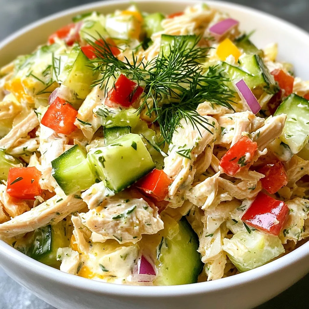 - 2 cups cooked chicken breast - 1 cup creamy plain Greek yogurt - 1/2 cup diced cucumber - 1/2 cup diced sweet red bell pepper - 1/4 cup finely chopped red onion - 1/4 cup diced celery - 1 tablespoon fresh dill - 1 tablespoon freshly squeezed lemon juice - 1 teaspoon garlic powder - Salt and pepper, to taste - Optional: 1/4 cup crumbled feta cheese When I make Greek yogurt chicken salad, I focus on fresh and tasty ingredients. The main star here is the chicken. I use cooked chicken breast. It can be shredded or diced, depending on your preference. The Greek yogurt adds a creamy texture. It’s also healthier than mayo. I like using plain Greek yogurt because it packs in protein. Next up, I love adding crunchy veggies. Diced cucumber gives a refreshing bite. Sweet red bell pepper adds a pop of color and flavor. These two ingredients make the salad bright and fun. For extra flavor, I include some finely chopped red onion and diced celery. The onion adds a mild kick, while the celery brings in a satisfying crunch. Fresh dill and lemon juice are my secret weapons. They brighten up the dish and make it taste fresh. I also add garlic powder for depth. Finally, I season with salt and pepper. If you want to take it up a notch, try adding crumbled feta cheese. It adds a creamy, tangy touch that I simply love. With these ingredients, you can create a salad that is not only delicious but also easy to prepare! {{ingredient_image_2}} Start by taking a large bowl and adding 2 cups of cooked chicken. You can use shredded or diced chicken, whichever you prefer. Next, add 1 cup of creamy plain Greek yogurt. Stir well to coat all the chicken in the yogurt. This step is key. It makes sure every piece of chicken gets that creamy goodness. Now it's time to add some crunch! Fold in 1/2 cup of diced cucumber, 1/2 cup of sweet red bell pepper, 1/4 cup of finely chopped red onion, and 1/4 cup of diced celery. Gently mix these fresh veggies into the chicken and yogurt. You want to keep the texture nice, so be careful not to mash them. Next, we’ll add some flavor! Mix in 1 tablespoon of fresh dill, 1 tablespoon of freshly squeezed lemon juice, and 1 teaspoon of garlic powder. Add salt and pepper to taste. If you like a little extra zing, fold in 1/4 cup of crumbled feta cheese. This will give your salad a delightful tang. Once everything is well mixed, cover the bowl and refrigerate for at least 30 minutes. This chilling time helps all the flavors blend together beautifully. After chilling, give it one last stir, taste, and adjust the seasoning if needed before you serve. Enjoy your Greek yogurt chicken salad! Chilling your Greek yogurt chicken salad is key. I recommend refrigerating it for at least 30 minutes. This time allows all the flavors to blend. When you chill the salad, the yogurt thickens. It also makes each bite taste better. The coolness adds to the freshness, making it more enjoyable. Presentation matters! Serve your salad in chilled bowls to keep it cool. The look adds excitement to your meal. For garnishing, I love using fresh dill. A sprinkle of crumbled feta on top adds a nice touch, too. Both enhance the flavor and make your dish more appealing. You can easily prepare this salad in advance. Just mix everything together and store it in the fridge. This dish stays fresh for a few days. For best results, use an airtight container. This keeps the ingredients crunchy and tasty. Meal prepping makes healthy eating easy and fun! Pro Tips Use Fresh Ingredients: Always opt for the freshest vegetables and herbs to enhance the flavor of your chicken salad. Fresh produce not only tastes better but also adds vibrant colors to your dish. Chill Before Serving: Allowing the salad to chill in the refrigerator for at least 30 minutes helps the flavors meld together, resulting in a more delicious and cohesive dish. Customize Your Ingredients: Feel free to add or substitute ingredients based on your preferences. Ingredients like chopped apples, walnuts, or even grapes can add an interesting twist to your chicken salad. Perfect Pairing: Serve your chicken salad on whole grain bread or with pita chips for a satisfying meal. This adds texture and complements the creamy dressing beautifully. {{image_4}} You can easily change up the proteins in your Greek yogurt chicken salad. Try using turkey for a different taste. If you want a plant-based option, tofu works well too. It absorbs flavors nicely. For vegetables, think outside the box. You can swap the cucumber for diced avocado. It adds creaminess and healthy fats. You could also use diced apples for a sweet crunch. This will give your salad a fun twist. Spices can really change the game. Add smoked paprika for a smoky flavor. Or, try cumin for a warm touch. Fresh herbs like basil or cilantro can also brighten your dish. You can experiment with flavored Greek yogurt too. Honey or vanilla yogurt can add a sweet note. Just remember to balance it with a little salt or acid. If you're going gluten-free, check your ingredients. Most of them are already gluten-free. Just make sure any add-ins are safe. For a dairy-free version, use a dairy-free yogurt. There are many good options made from almond or coconut milk. They work well in this salad. If you want a low-calorie option, skip the feta cheese. You can also cut back on the yogurt a bit. Use more veggies to keep it filling while lowering calories. To keep your Greek yogurt chicken salad fresh, use airtight containers. Glass or plastic containers work well. Make sure they seal tightly. This helps to keep air out, which can spoil your salad. To maintain the crunchiness of your ingredients, layer your salad. Place cucumbers and celery on top of the chicken mixture. This prevents them from getting soggy. If you plan to store it for a few days, keep the feta cheese separate. Add it just before serving for the best taste. Your Greek yogurt chicken salad stays fresh in the fridge for about three days. After that, the flavors may fade, and the texture may change. If you have leftovers, think about repurposing them. You can mix the salad into wraps or use it as a topping for baked potatoes. It creates a tasty and quick meal. You can freeze Greek yogurt chicken salad, but it’s not ideal. Freezing may change the texture of the yogurt and veggies. If you decide to freeze it, use a freezer-safe container. Leave some space for expansion, as mixtures can swell when frozen. To thaw, place the salad in the fridge overnight. Do not thaw at room temperature. Once thawed, stir well to combine all ingredients. You may need to add a bit more yogurt to restore creaminess. You can make Greek yogurt chicken salad healthier by using low-fat yogurt. This cuts calories and fat. You can also add more veggies like spinach or carrots. They boost fiber and nutrients. Reducing or skipping the feta cheese helps lower fat too. You can also use herbs instead of salt for flavor. Yes, rotisserie chicken works well in this recipe. It saves time and adds great flavor. When using rotisserie chicken, remove the skin to cut down on fat. Shred or chop the chicken before mixing it with the yogurt. This makes it easy to blend in with the other ingredients. Greek yogurt chicken salad pairs well with many sides. You can serve it on a bed of greens. It also goes great with whole-grain bread for a sandwich. Try it with crunchy veggie sticks or pita chips too. Fresh fruit like grapes or apple slices make a nice sweet touch. This blog post covered how to make a tasty Greek yogurt chicken salad. We talked about the main ingredients, flavor enhancers, and simple steps to mix it all. I shared tips for chilling and serving, plus ways to adjust flavors and ingredients. Remember, you can also store this salad properly to keep it fresh. Try different proteins and vegetables to customize it to your taste. Enjoy creating this healthy dish that fits your needs!