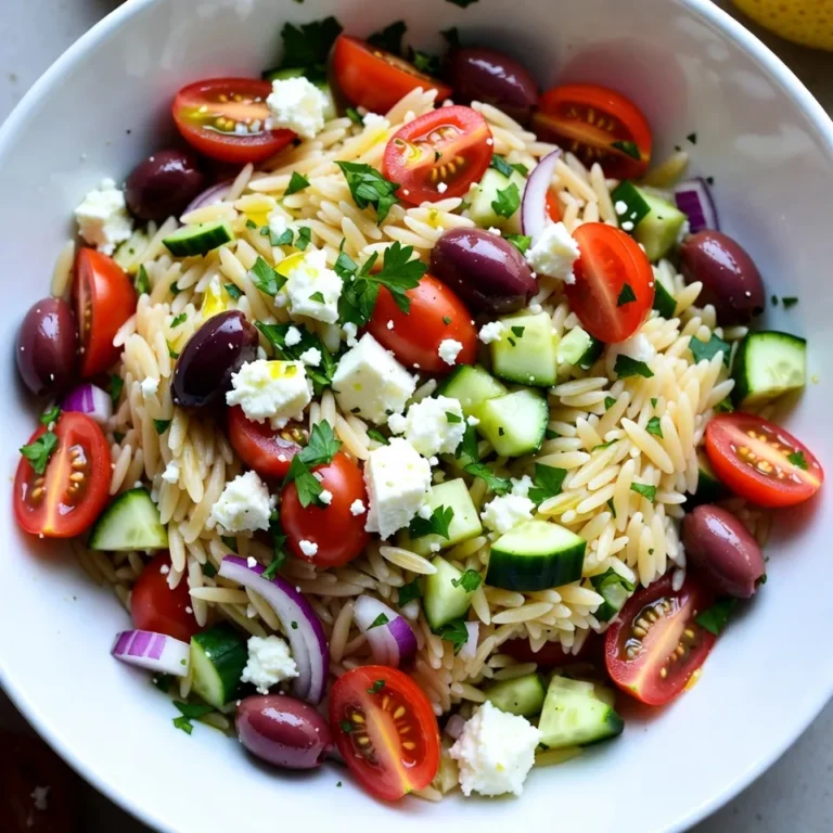 - 1 cup orzo pasta - 1 &frac12; cups cherry tomatoes, halved - 1 cucumber, diced - &frac12; red onion, finely chopped - &frac34; cup Kalamata olives, pitted and halved - &frac12; cup feta cheese, crumbled - &frac14; cup extra virgin olive oil - 2 tablespoons lemon juice - 1 teaspoon dried oregano - Salt and freshly ground black pepper - Additional fresh parsley - Extra feta cheese - Lemon wedges In this Greek Orzo Pasta Salad, fresh ingredients shine. The orzo pasta is the base. It cooks quickly and has a nice shape. Use about one cup. Cherry tomatoes add sweetness. Halve one and a half cups. The cucumber adds crunch. Dice one medium cucumber for freshness. Red onion gives a nice bite. Finely chop half a red onion to mix in. Kalamata olives bring a briny taste. Use three-quarters of a cup, pitted and halved. Feta cheese is the star. Crumble half a cup into the salad. It adds creaminess and a salty kick. For the dressing, start with a quarter cup of extra virgin olive oil. Add two tablespoons of lemon juice for brightness. A teaspoon of dried oregano gives it that Mediterranean flair. Don&rsquo;t forget salt and black pepper to taste. Optional garnishes make it special. Add extra parsley or feta cheese on top. Serve with lemon wedges for a zesty touch. This dish is not just tasty; it&rsquo;s colorful too! {{ingredient_image_2}} Start by boiling a large pot of salted water. Add 1 cup of orzo pasta and cook it until al dente. This usually takes about 8 to 10 minutes. When it&rsquo;s done, drain the orzo in a colander. Rinse it under cold water to stop the cooking process. This step ensures the orzo stays firm and tasty. In a mixing bowl, combine 1 and &frac12; cups of halved cherry tomatoes, 1 diced cucumber, &frac12; finely chopped red onion, and &frac34; cup of pitted and halved Kalamata olives. Gently toss these ingredients together. This mix adds a fresh crunch and bright flavor to your salad. Now, add the cooled orzo to the bowl with the vegetables. Using a spatula, carefully fold the orzo into the mixture. Be gentle to avoid mashing the tomatoes or cucumbers. After that, sprinkle in &frac12; cup of crumbled feta cheese and &frac14; cup of chopped parsley. Fold these in as well to evenly distribute the flavors. In a small bowl, whisk together &frac14; cup of extra virgin olive oil, 2 tablespoons of lemon juice, and 1 teaspoon of dried oregano. Add a pinch of salt and freshly ground black pepper. Whisk until the dressing is smooth and well mixed. This dressing adds a zesty kick to the salad. Drizzle the dressing over the orzo salad. Using tongs or a large spoon, gently toss the salad. Make sure everything is evenly coated with the dressing. This step brings all the flavors together. Taste your salad and adjust the seasoning with more salt and pepper if needed. Let the salad sit at room temperature for at least 15 minutes. This allows the flavors to meld beautifully, making every bite delicious. To get the best texture, always rinse your orzo after cooking. This step helps prevent the orzo from sticking together. Rinse it under cold water right after draining. It cools the pasta and stops the cooking. Let your orzo salad marinate for a while. This waiting time is key for flavor. Just 15 minutes can let the ingredients blend. The longer it sits, the better it tastes. If you want to boost flavor, try adding fresh herbs. Basil or mint can add a nice twist. You could also add a pinch of red pepper flakes for heat. Balancing acidity and saltiness is crucial. Taste your salad before serving. If it needs more zing, add a touch of lemon juice. If it&rsquo;s too salty, add a little more cucumber or tomato. Presentation is important for any dish. Serve the salad in a large, shallow bowl. This makes it easy for guests to serve themselves. Use fresh parsley and extra feta cheese as garnishes. A sprinkle of these on top looks inviting. Adding lemon wedges on the side gives a fresh touch. This way, guests can add more zest as they like. Pro Tips Use Fresh Ingredients: Opt for the freshest cherry tomatoes and herbs to enhance the overall flavor of your salad. Chill Before Serving: For the best taste, refrigerate the salad for about 30 minutes before serving to let the flavors meld. Customize Your Olives: Experiment with different types of olives, such as green or stuffed olives, for a unique twist on the classic recipe. Extra Zest: Add a pinch of lemon zest to the dressing for an extra burst of citrus flavor that complements the other ingredients. {{image_4}} You can boost your Greek Orzo Pasta Salad with protein. Grilled chicken adds a nice, smoky flavor. Simply slice it thin and mix it in. Shrimp is another great choice. Cook the shrimp until pink, then toss it in for a seafood twist. If you prefer a plant-based option, add chickpeas. They provide great texture and protein without meat. Feel free to switch up the veggies based on what is in season. Bell peppers add crunch and sweetness. Zucchini or yellow squash can bring a fresh taste. If you want a bit of spice, diced jalape&ntilde;os work well too. Carrots or radishes can also add color and a different bite. If you want to change the cheese, try mozzarella for a milder flavor. Goat cheese also pairs well and adds creaminess. For a dairy-free option, use a vegan feta substitute. Nutritional yeast can add a cheesy flavor without the dairy. To keep your Greek Orzo Pasta Salad fresh, store it in an airtight container. This will help avoid any smells from your fridge. Refrigerate it within two hours after serving. For best taste, eat it within three days. If you want to keep it fresh longer, consider adding the dressing just before serving. This keeps the orzo from getting soggy. Can you freeze Greek Orzo Pasta Salad? Yes, but it may change texture. If you freeze it, use a freezer-safe container. When you're ready to eat, thaw it overnight in the fridge. To warm it, let it sit at room temperature for an hour. You can also add a splash of lemon juice to freshen it up. How long does the salad stay fresh in the fridge? It lasts about three to five days. Check for signs like a sour smell or slimy vegetables. If you see these, it&rsquo;s best to throw it out. Always trust your senses. Fresh food is key to good health! To make Greek Orzo Pasta Salad vegetarian, swap out any non-veg ingredients. Use olives and feta cheese, which are naturally vegetarian. You can add more veggies like bell peppers or artichokes for extra flavor. If you want a protein boost, consider adding chickpeas. They are tasty and healthy. This way, you keep the salad fresh and vibrant while meeting dietary needs. Yes, you can prepare this salad ahead of time. Make the orzo and chop the veggies a day before. Mix them just before serving. This keeps everything crisp and fresh. If you dress the salad too early, the veggies may get soggy. To avoid this, store the dressing separately. Combine it only when you are ready to serve. Serve Greek Orzo Pasta Salad either cold or at room temperature. It&rsquo;s great for picnics, barbecues, or potlucks. Pair it with grilled meats or fish for a lovely meal. You can also add lemon wedges on the side. They bring a nice zesty touch. For an elegant look, serve it in a shallow bowl with extra parsley and feta on top. This Greek Orzo Pasta Salad is a blend of fresh ingredients and vibrant flavors. We discussed how to cook the orzo, prepare the veggies, and mix everything together with a tasty dressing. Don't forget the tips for perfect texture and presentation. You can make this salad your own with proteins or different veggies. It&rsquo;s easy to store, too! Enjoy this healthy dish at your next gathering or meal. Your friends and family will love it.