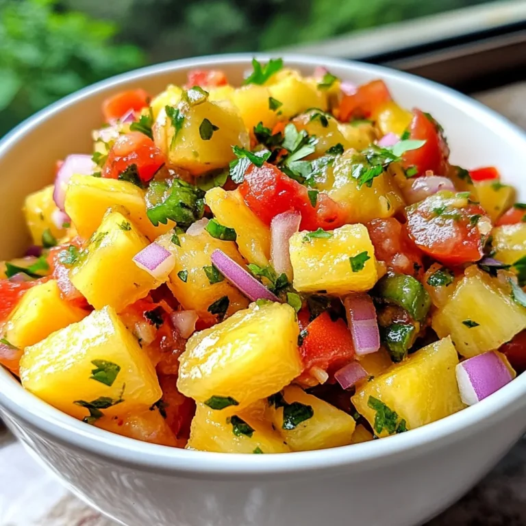 To make Spicy Pineapple Jalapeño Salsa, gather these fresh and vibrant ingredients: - 1 cup fresh pineapple, diced - 2 ripe tomatoes, diced - 1/2 small red onion, finely chopped - 1-2 jalapeños, seeded and minced - 1/4 cup fresh cilantro, chopped - 2 tablespoons lime juice - Salt to taste - Optional: 1 teaspoon honey - Optional: 1 clove garlic, minced Each ingredient plays a key role in this salsa. The pineapple gives a sweet touch, while jalapeños add heat. Ripe tomatoes bring juiciness, and red onions add a crisp bite. Cilantro adds a fresh note, and lime juice brightens the mix. You can adjust the heat by adding more or fewer jalapeños based on your taste. The honey is optional, but it can balance the heat with a hint of sweetness. Garlic, also optional, deepens the flavor and adds warmth. This salsa is not just a dip; it’s a burst of flavor in every bite! {{ingredient_image_2}} First, you need to get your fresh ingredients ready. Start by dicing 1 cup of pineapple into small cubes. The sweetness of the pineapple is the star of this salsa. Next, take 2 ripe tomatoes and dice them as well. Their juiciness adds a nice touch. Now, finely chop 1/2 of a small red onion. This will give your salsa a nice crunch and flavor. Don't forget to roughly chop 1/4 cup of fresh cilantro. The cilantro brings a bright, fresh taste that balances the heat. For the spicy kick, take 1-2 jalapeños. Seed and finely mince them. If you want less heat, start with one jalapeño. Finally, you can mince 1 clove of garlic if you want an extra layer of flavor. Once your ingredients are ready, it’s time to mix. In a medium mixing bowl, combine the diced pineapple, tomatoes, and chopped onion. Stir them gently to blend. Then, add the minced jalapeños and chopped cilantro. Next, pour in 2 tablespoons of freshly squeezed lime juice. This will add a tangy zest. Sprinkle salt over the mixture to taste. If you like a hint of sweetness, drizzle in 1 teaspoon of honey and mix in the minced garlic if you chose to use it. Make sure to stir everything well. You want all those vibrant flavors to mix nicely. For the best flavor, let your salsa rest for at least 15 minutes at room temperature. This allows the ingredients to meld together beautifully. If you want even better results, refrigerate the salsa for an hour before serving. Chilling it enhances the flavors even more. Enjoy the fresh burst of taste from your spicy pineapple jalapeño salsa! Choosing the right jalapeño is key. Look for firm, shiny peppers. The darker the color, the hotter they usually are. If you want less heat, remove all the seeds and ribs inside. Start with one jalapeño, then taste. You can always add more later. Using fresh ingredients makes a big difference. Fresh pineapple sweetens the salsa while tomatoes add juiciness. If you want more depth, add minced garlic. A touch of honey can balance the heat too. Don’t skip the lime juice; it brightens every bite. Serve the salsa in a colorful bowl to catch the eye. Garnish with extra cilantro leaves and lime wedges. This makes it look fresh and inviting. Pair it with crispy tortilla chips, or use it on grilled fish or chicken. This salsa adds a burst of flavor to any dish! Pro Tips Fresh Ingredients Matter: Use ripe, fresh pineapple and tomatoes for the best flavor in your salsa. The freshness will enhance the overall taste and texture. Heat Control: Adjust the amount of jalapeño based on your heat preference. Start with one, taste, and add more if you like it spicier. Remember, you can always add more, but you can't take it out! Resting Time: Allow the salsa to sit for at least 15 minutes before serving. This resting time helps the flavors to meld together, creating a more harmonious taste. Serving Suggestions: Serve your salsa with tortilla chips, or use it as a topping for grilled fish or chicken. It adds a refreshing kick that pairs perfectly with savory dishes. {{image_4}} You can make this salsa even more fun! Adding mango or kiwi gives it a fruity twist. The sweetness from the mango or kiwi balances the heat of the jalapeños. You can try different herbs too. For example, mint adds a cool flavor that brightens the salsa. Experimenting keeps it exciting and fresh. Do you want to change the heat level? You can swap jalapeños with other peppers. For less heat, try using bell peppers or poblano peppers. If you like it hot, serrano or habanero peppers work well too. You can also make a milder version for those who are sensitive to spice. Just use fewer jalapeños or leave them out completely. How you prepare your salsa can change its feel. You can blend the ingredients for a smooth salsa. Or, chop everything for a chunkier texture. If you want even more texture, consider adding corn or black beans. These add a nice crunch and make the salsa heartier. Choose what you like best! To keep your salsa fresh, place it in an airtight container. This method helps maintain its vibrant flavors. Store your salsa in the fridge right after you finish eating. The salsa will stay good for about three to five days. You can enjoy it as a snack or a topping during this time. If you want to keep the salsa longer, freezing is a great option. Pour the salsa into a freezer-safe container, leaving some space at the top for expansion. This salsa can last up to three months in the freezer. When you're ready to use it, move it to the fridge overnight to thaw. You can also run warm water over the container to speed up thawing. After storing, the salsa may lose some freshness. To bring back its bright flavors, stir in a little fresh lime juice and chopped cilantro. This helps revive the taste and makes it more vibrant. You can also use stored salsa in other dishes. Try adding it to tacos, grilled chicken, or even as a topping for nachos. Each option adds a burst of flavor to your meal. Yes, you can! I recommend making the salsa up to a day ahead. Let it sit in the fridge. This time lets the flavors blend nicely. For the best taste, wait at least 15 minutes before serving. If you can, let it rest for an hour after mixing. This step really helps enhance the flavor. This salsa is very versatile. Here are some great ideas: - Crispy tortilla chips - Grilled chicken or fish - Tacos, especially fish or shrimp - Nachos for a fun snack - Quesadillas to add a fresh touch Want more heat? Here are some tips: - Use more jalapeños. Start with two and taste. - Try adding a pinch of cayenne pepper. - Mix in diced habanero for a bold kick. - Leave some seeds in the jalapeños for extra heat. Yes, it is! Here’s why: - Gluten-free: All the ingredients are safe for gluten-free diets. - Vegan: It has no animal products. - You can skip the honey if you prefer. This keeps it vegan-friendly. Enjoy this salsa worry-free! This article covers how to make Spicy Pineapple Jalapeño Salsa, from fresh ingredients to mixing and storing. You learned how to prepare each component, tips for heat levels, and variations to try. Making this salsa is simple and fun. Enjoy it with chips, tacos, or grilled meats for a burst of flavor. Remember, fresh ingredients make the biggest difference. Try your own twists and keep experimenting to find your favorite mix. You'll love sharing this crowd-pleaser. Enjoy making and tasting your homemade salsa!