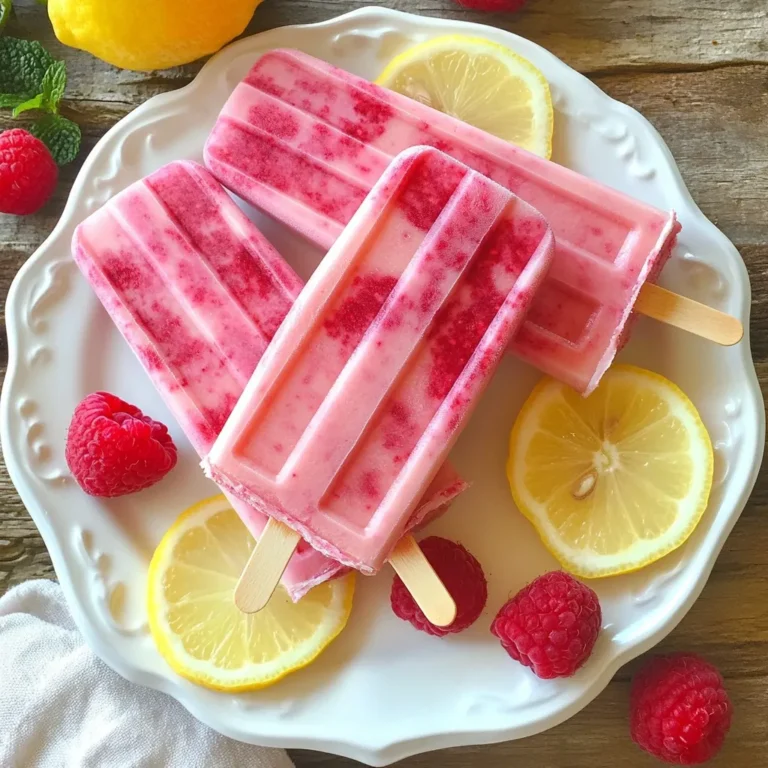 - 2 cups fresh raspberries - 1 cup freshly squeezed lemon juice (about 4-5 medium lemons) - 1 cup water - ½ cup granulated sugar These main ingredients create a bright and tangy flavor. Fresh raspberries give a sweet and tart taste. The lemon juice adds a zesty kick. Granulated sugar balances the flavors perfectly. You can adjust the sugar to make it sweeter or less sweet. - 1 teaspoon grated lemon zest - ½ teaspoon vanilla extract Grated lemon zest adds a burst of lemon flavor. This makes the popsicles taste even fresher. Vanilla extract is optional but can add a nice depth to the flavor. It’s a small touch that makes a big difference. - Alternative sweeteners If you want a healthier option, you can use honey or agave instead of sugar. Just keep in mind that the taste will change slightly. - Using frozen raspberries If fresh raspberries are not available, frozen ones work great too. Just let them thaw before blending. This can be a quick and easy option that still tastes delicious. {{ingredient_image_2}} To start, grab a small saucepan. Combine 1 cup of water with ½ cup of granulated sugar in it. Place the saucepan over medium heat. Stir consistently until the sugar fully dissolves. This creates a simple syrup. Once the sugar is gone, take the saucepan off the heat. Allow the syrup to cool at room temperature. Next, take out your blender. Add the fresh raspberries, freshly squeezed lemon juice, and the cooled simple syrup. If you want a deeper flavor, toss in ½ teaspoon of vanilla extract. Blend everything on high speed. Aim for a smooth texture. If you like raspberry bits, pulse the mixture a few times instead. Now, it's time to remove the seeds. Strain the blended mix through a fine mesh sieve into a large bowl. Use a spatula or the back of a spoon to press down on the solids. This helps to get as much liquid as possible. Discard the seeds left in the sieve. Carefully pour the smooth mixture into your popsicle molds. Fill each mold about three-quarters full. This space allows for expansion as they freeze. Insert the popsicle sticks into the molds. Now, transfer them to the freezer. Freeze for at least 6 hours. You want them completely solid. To remove the popsicles, hold the molds under warm running water for a few seconds. This will help loosen them. Gently pull them out without breaking. Enjoy your refreshing raspberry lemonade popsicles! To make your raspberry lemonade popsicles shine, start with sweetness. Taste the mixture before freezing. If it's too tart, add more sugar. You can also try honey or agave syrup. These sweeteners can give a unique flavor twist. Consider adding herbs or spices. A bit of fresh mint or basil can elevate the taste. Just a few leaves mixed in can create a refreshing layer. You might also try a pinch of salt to enhance the sweetness. For a smooth texture, blend the mixture on high speed. If you want bits of raspberry, pulse it a few times instead of blending fully. This keeps some fruit pieces intact. To create fun swirls, save a bit of the raspberry puree. After filling the molds, add this puree. Use a skewer to swirl it gently. This gives a beautiful effect and adds flavor. To make your popsicles look great, serve them on a colorful platter. Garnish with whole fresh raspberries. Thin lemon slices add brightness too. Both make your popsicles more inviting. For an extra touch, drizzle some honey or melted chocolate over the popsicles before serving. This adds flavor and a nice look. Enjoy your popsicles on a sunny day and impress your friends! Pro Tips Choose Ripe Raspberries: Opt for ripe, plump raspberries for the best flavor in your popsicles. They should be deep red, firm, and fragrant. Adjust Sweetness to Taste: Feel free to tweak the sugar amount according to your preference. You can replace granulated sugar with honey or agave syrup for a natural alternative. Experiment with Zest: Incorporating additional citrus zest, like lime or orange, can add a unique twist to the flavor profile of your popsicles. Layering Flavors: For added depth, consider mixing in herbs like mint or basil into the raspberry mixture before blending for a refreshing herbaceous note. {{image_4}} You can make your raspberry lemonade popsicles even more fun by adding other fruits. Try mixing in strawberries, blueberries, or peaches. Each fruit brings its own taste and color. For a berry blend, combine raspberries with blackberries and strawberries. This mix creates a beautiful swirl of colors and flavors. Want to take your popsicles up a notch? Infuse them with herbs. Mint or basil adds a refreshing twist. Just add a few leaves to the blender with the other ingredients. For citrus lovers, try adding lime or orange juice. This gives a zesty kick that pairs well with the sweetness of the raspberries. Looking for a grown-up treat? You can add a splash of alcohol to your popsicles. A bit of vodka or rum gives a tasty twist. Just mix in about half a cup to the blender. Make sure to adjust the sugar if you do this. Enjoy these popsicles at your next summer gathering! To freeze your raspberry lemonade popsicles, follow these tips: - Make sure the popsicle molds are clean and dry. - Pour the mixture carefully into each mold, filling them three-quarters full. - Insert the sticks and freeze for at least 6 hours. These popsicles last for up to 2 months in the freezer. Just wrap them in plastic wrap for extra protection. When it is time to enjoy your popsicles, thaw them safely: - Hold the popsicle under warm running water for about 10 seconds. - This helps loosen it from the mold. You can refreeze popsicles, but only if they have not melted completely. If they have melted, it’s best to discard them to avoid food safety issues. Making a large batch of popsicles is simple: - Use the same recipe to create multiple batches at once. - Store extras in airtight containers or freezer bags. For best results, use popsicle molds or silicone molds. They make it easier to remove the popsicles when they are frozen. You can tell when your popsicles are ready by checking their firmness. They should feel solid and not mushy. If you gently press on the side, it should not yield to pressure. A fully frozen popsicle will also have a smooth surface without any ice crystals. If you see ice crystals, it may need more time to freeze. Yes, you can use store-bought lemon juice, but fresh juice tastes better. Fresh lemon juice has a bright and vibrant flavor. Bottled juice may contain preservatives that affect taste. Fresh juice also offers more nutrients. If you want the best flavor, go for fresh lemons whenever possible. If you don’t have popsicle molds, you can use small cups or muffin tins. Just pour the mixture into these containers. Insert a popsicle stick into the center once they start to freeze. You can also use ice cube trays for smaller bites. Just adjust the freezing time since smaller pieces freeze faster. You learned how to make tasty raspberry popsicles. We covered key ingredients, like fresh raspberries, sugar, and lemon juice. You can also adjust flavors or mix in other fruits. I shared steps to create the perfect texture and tips for fun presentation. Remember, these popsicles freeze well and store easily. Enjoy experimenting with flavors and storage methods. Get creative and have fun with your popsicle making!