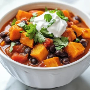 - 2 medium sweet potatoes, peeled and diced into &frac12;-inch cubes - 1 can (15 oz) black beans, rinsed thoroughly under cold water and drained - 1 can (14.5 oz) diced tomatoes with green chilies, including juices - 1 cup vegetable broth - 1 medium onion, finely chopped - 3 cloves garlic, minced - 1 bell pepper (your choice of color), chopped into bite-sized pieces - 1 teaspoon ground cumin - 1 teaspoon smoked paprika - 1 teaspoon chili powder - &frac12; teaspoon cayenne pepper (or adjust to your spice preference) - Salt and black pepper, to taste - 2 tablespoons extra virgin olive oil - Fresh cilantro leaves, for garnish - Sour cream or a dairy-free alternative, for serving (optional) This chili is not just tasty; it is also healthy. A serving of this dish provides: - Calories: Approximately 250 - Protein: 10 grams - Fiber: 8 grams - Carbohydrates: 45 grams - Fat: 7 grams Sweet potatoes are rich in vitamins A and C. They help keep our skin healthy. Black beans offer a great source of protein and fiber. They help with digestion and keep you full longer. Tomatoes provide antioxidants, which can boost heart health. Garlic has anti-inflammatory properties. It may help fight colds and improve heart health. Each ingredient adds flavor and health benefits to this chili. Enjoying this dish is a delicious way to nourish your body! {{ingredient_image_2}} To make this chili, you will need: - A large pot or Dutch oven - A cutting board - A sharp knife - Measuring spoons - A wooden spoon 1. Heat the olive oil in your pot over medium heat. Wait for it to shimmer. 2. Add chopped onion and bell pepper. Saut&eacute; for 4-5 minutes until soft. 3. Mince the garlic and add it to the pot. Saut&eacute; for 1 minute until fragrant. 4. Stir in diced sweet potatoes. Mix them with the onions and peppers well. 5. Add cumin, smoked paprika, chili powder, and cayenne pepper. Stir to coat the sweet potatoes. 6. Pour in the diced tomatoes with juices and vegetable broth. Add rinsed black beans. 7. Bring the mixture to a gentle boil. Then reduce the heat to low and cover. 8. Let it simmer for 25-30 minutes. Stir occasionally until sweet potatoes are tender. 9. Taste the chili. Adjust seasoning with salt and pepper as needed. 10. Ladle the chili into bowls. Garnish with fresh cilantro and add sour cream if you like. - Make sure to chop your sweet potatoes into even cubes. This helps them cook evenly. - Taste the chili before serving to adjust spices. You can always add more heat! - Serve with tortilla chips or crusty bread for a nice crunch. - A squeeze of lime juice right before serving brightens all the flavors. To make this chili sing, use fresh spices. Ground cumin, smoked paprika, and chili powder are key. They add warmth and depth. Experiment with a pinch of cayenne for extra heat. Always taste as you go. You can adjust spices to your liking. If you want more flavor, add a splash of lime juice at the end. This brightens the dish nicely. You can easily make this chili your own. Try adding corn for sweetness. Chopped zucchini or carrots also work well. For a protein boost, add cooked quinoa or lentils. If you prefer meat, ground turkey or beef can replace the beans. Don't hesitate to swap black beans for pinto or kidney beans. The options are endless! Serve your chili hot in deep bowls. A sprinkle of fresh cilantro adds color and flavor. If you like, top with a dollop of sour cream or its alternative. For a crunch, pair it with tortilla chips or crusty bread. A squeeze of lime over the top enhances the taste. You can even set out toppings like shredded cheese or diced avocado for fun! Pro Tips Adjust the Spice Level: Feel free to modify the amount of cayenne pepper and chili powder according to your heat preference. Start with less, and you can always add more as it cooks! Make it Ahead: This chili tastes even better the next day! Prepare it in advance and let the flavors meld for a day in the fridge before serving. Vegetable Variations: Experiment with adding other vegetables like zucchini, corn, or spinach for extra nutrition and flavor. These can be added during the last 10 minutes of cooking. Storage Tips: Store leftover chili in an airtight container in the refrigerator for up to 5 days, or freeze for up to 3 months for a quick meal later. {{image_4}} You can easily make Sweet Potato Black Bean Chili vegetarian or vegan. The base of the chili is already vegetarian. Use vegetable broth to keep it vegan. For a creamier texture, add a dollop of vegan sour cream. This will give you that delightful finish without dairy. You may want to swap some ingredients based on your diet. If you need a gluten-free option, check that your broth is labeled gluten-free. You can also replace black beans with chickpeas for a different flavor. If you prefer a milder chili, leave out the cayenne pepper. This chili is perfect for making ahead. Cook it, let it cool, and store it in the fridge for up to three days. You can also freeze it for longer storage. Just put it in a freezer-safe container, and it will last for about three months. To reheat, just thaw it overnight in the fridge. Heat it on the stove until warm. Enjoy the same great taste later! To keep your sweet potato black bean chili fresh, store it in an airtight container. Make sure the chili cools to room temperature before sealing it. This helps prevent moisture build-up, which can spoil the chili. You can use glass or plastic containers; just ensure they are tightly closed. When you're ready to enjoy leftovers, reheat the chili on the stove or in the microwave. If using the stove, warm it over low heat. Stir it often to prevent sticking. In the microwave, heat it in short bursts, stirring in between until hot. Always check the temperature before serving. Your sweet potato black bean chili can last up to five days in the fridge. If you want to keep it longer, consider freezing it. Properly frozen chili can last up to three months. Just remember to label your containers with the date. Yes, you can use fresh sweet potatoes! Just peel and dice them. Fresh sweet potatoes add great flavor and texture. They will cook down in the chili, adding to the dish's heartiness. To spice up your chili, add more cayenne pepper or chili powder. You can also toss in fresh jalape&ntilde;os or crushed red pepper flakes. Start with a small amount and taste as you go. This way, you can find the right level of heat for your taste. Serve this chili with crusty bread or tortilla chips. You can also pair it with a side salad. For extra creaminess, add a dollop of sour cream or a dairy-free alternative. A squeeze of lime juice brightens up the flavors too. Yes, this chili is perfect for meal prep! It stores well in the fridge for a few days. You can also freeze it for later. Just make sure to cool it down completely before freezing. When ready to eat, thaw and reheat until hot. This blog post covers how to make a healthy sweet potato black bean chili. We explored key ingredients and their health benefits. I shared step-by-step cooking instructions to make it easy. Tips for spicing and personalizing your dish enhance flavor. Variations included vegetarian options and storage techniques. In closing, you have everything you need to create this delicious chili. Enjoy your cooking adventure and feel proud of your meal!
