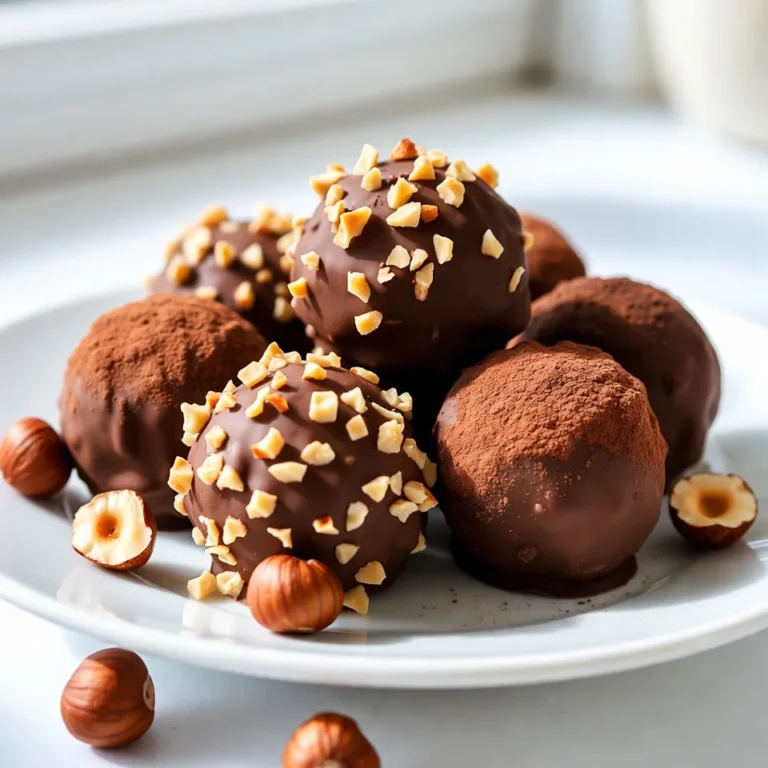 - 200g dark chocolate (70% cocoa), finely chopped - 100ml heavy cream - 2 tablespoons hazelnut paste - 1 teaspoon pure vanilla extract - 1/2 cup finely chopped, toasted hazelnuts - Unsweetened cocoa powder, for dusting - A pinch of flaky sea salt You can swap dark chocolate for milk chocolate if you prefer a sweeter taste. Use coconut cream instead of heavy cream for a dairy-free option. If hazelnut paste is hard to find, almond paste works well. For those who can’t have vanilla, try using almond extract. Using high-quality dark chocolate makes your truffles taste rich and smooth. Look for chocolate with at least 70% cocoa content. Fresh heavy cream adds creaminess and flavor. Always use fresh hazelnuts for a crunchy texture. Remember, the better your ingredients, the better your truffles will be! {{ingredient_image_2}} Making chocolate hazelnut truffles is simple and fun. You start by melting chocolate and cream. Then, mix in hazelnut paste and vanilla. Chill the mixture, scoop it into balls, and roll them in nuts or cocoa. It is all about layering flavors and textures. 1. Chop the chocolate: Use a knife to cut 200g of dark chocolate into small pieces. 2. Heat the cream: Pour 100ml of heavy cream into a small pan. Heat it until it gently simmers. 3. Combine cream and chocolate: Pour the hot cream over the chopped chocolate. Let it sit for 2 minutes. 4. Add flavors: After waiting, mix in 2 tablespoons of hazelnut paste, 1 teaspoon of vanilla extract, and a pinch of flaky sea salt. Stir well until smooth. 5. Chill the mixture: Cover the bowl with plastic wrap. Place it in the fridge for about 1 hour until firm. 6. Scoop and roll: Use a melon baller or spoon to scoop the chilled mixture. Roll each scoop into a ball with your hands. 7. Coat the truffles: Roll the truffles in 1/2 cup of finely chopped toasted hazelnuts or cocoa powder. Make sure they are evenly coated. 8. Set the truffles: Place the finished truffles on a baking sheet lined with parchment paper. 9. Final chill: Refrigerate the truffles again for 30 minutes to set completely. - Chop evenly: Make sure the chocolate pieces are the same size for even melting. - Watch the cream: Keep an eye on the cream while heating. It should not boil over. - Mix gently: Stir the chocolate mixture slowly to avoid adding too much air. - Chill well: Make sure you chill the mixture long enough for easy scooping. - Use clean hands: When rolling the truffles, use clean, dry hands for the best results. Follow these steps and tips, and you will create delicious chocolate hazelnut truffles! When making chocolate hazelnut truffles, avoid a few common slip-ups. First, don’t let the cream boil. Boiling can hurt the chocolate's texture. Always watch the cream closely. Second, when mixing, don’t rush. Take your time to stir gently. This helps create a smooth and shiny finish. Lastly, use a scale. Accurate measurements lead to better results. To keep your truffles fresh, store them in an airtight container. Place parchment paper between layers to avoid sticking. Keep them in the fridge, where they last about two weeks. If you want to keep them longer, consider freezing them. Just make sure to wrap each truffle well in plastic wrap before freezing. They can stay good for up to three months. Achieving the right texture is key for tasty truffles. After mixing, let the mixture chill until it’s firm, but not too hard. If it's too soft, the truffles will not hold shape. If it’s too hard, you can’t scoop it. Use a melon baller or spoon for even portions. Also, rolling them in your hands will help create a smooth finish. If your hands get too warm, take breaks to cool down. Pro Tips Chill for Best Texture: Ensure the chocolate mixture is well chilled before rolling into truffles. This not only makes it easier to handle but also ensures a smoother texture. Quality Chocolate Matters: Use high-quality dark chocolate for the best flavor. The higher the cocoa content, the richer the truffles will be. Experiment with Coatings: While hazelnuts and cocoa powder are classic choices, feel free to roll your truffles in shredded coconut, crushed cookies, or even sprinkles for a fun twist! Storage Tips: Store your truffles in an airtight container in the refrigerator for up to two weeks. Bring them to room temperature before serving for the best taste. {{image_4}} You can play with flavors in chocolate hazelnut truffles. Try adding zest from an orange. It adds a bright, fresh taste. You can also mix in espresso for a rich coffee kick. A hint of sea salt can enhance all the flavors too. Another great idea is to use almond or coconut extracts. Each change makes the truffles unique and fun. If you want vegan truffles, swap out the heavy cream. Use coconut cream instead for a creamy texture. Make sure your chocolate is dairy-free. Hazelnut paste should also be vegan-friendly. These small swaps keep the taste rich while fitting different diets. Coatings can change the look and taste of your truffles. Instead of just cocoa powder, roll them in crushed nuts. Finely chopped almonds or pecans work well. You can also use shredded coconut for a tropical touch. For a playful look, try colorful sprinkles. Each choice adds a fun twist to your truffles, making them a delight to share. To keep your chocolate hazelnut truffles fresh, store them in an airtight container. Line the container with parchment paper to avoid sticking. Keep them in a cool, dry place away from sunlight. If it’s warm, the fridge is a good choice. Avoid keeping them near strong-smelling foods. This helps keep their flavor intact. When stored correctly, these truffles can last up to two weeks. If you keep them in the fridge, they may stay fresh for about three weeks. Just remember that their texture can change over time. They may become firmer if chilled for too long. Enjoy them while they are creamy and soft! If you want to keep truffles for longer, freezing is a great option. Place each truffle on a baking sheet lined with parchment paper. Freeze them for about an hour until they are firm. Then, transfer them to an airtight container or freezer bag. Label it with the date. They can last for up to three months in the freezer. When you want to enjoy them, thaw at room temperature for a few hours before serving. Yes, you can make these truffles ahead of time. They keep well in the fridge for up to a week. Just store them in an airtight container. This way, you can enjoy them later or serve them at a party. I recommend using dark chocolate with at least 70% cocoa. This gives the truffles a rich flavor and smooth texture. You can also use milk chocolate if you prefer a sweeter taste. Just remember, higher cocoa content means more intense flavor. No, hazelnuts are not safe for people with nut allergies. They belong to the tree nut family. If you need a nut-free option, try using seeds like sunflower seeds or coconut. Just ensure to adjust the recipe accordingly for flavor and texture. You now have all you need to make delicious chocolate hazelnut truffles. We covered key ingredients, how to prepare them step-by-step, and tips for success. You learned how to avoid common mistakes and explore fun variations. Remember, using quality ingredients makes a difference. Store your truffles well to keep them fresh. Don't hesitate to try different flavors or coatings to make them your own. Enjoy your sweet creation!
