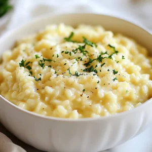To make creamy garlic Parmesan risotto, gather these ingredients: - 1 cup Arborio rice - 4 cups vegetable broth - 1 cup finely chopped yellow onion - 4 cloves garlic, minced - 1 cup freshly grated Parmesan cheese - 1 cup heavy cream - 2 tablespoons unsalted butter - 2 tablespoons extra virgin olive oil - Salt and freshly ground black pepper to taste - Fresh parsley, finely chopped (for garnish) When choosing ingredients, focus on quality. Select fresh garlic and a good brand of Parmesan. Look for high-quality Arborio rice. The rice should be plump and slightly shiny. For the vegetable broth, low-sodium options work well, letting you control the salt. Fresh parsley should be bright green with no wilting. Always check for freshness in all items. If you need dairy-free options, swap heavy cream with coconut cream or cashew cream. For a vegan version, use nutritional yeast in place of Parmesan. You can also replace butter with vegan butter or olive oil. If gluten is a concern, check labels for broth and rice to ensure they are gluten-free. These swaps keep the dish tasty and satisfying. {{ingredient_image_2}} 1. Start by warming the vegetable broth in a medium saucepan. Keep it over low heat. It should be warm, not boiling. 2. Finely chop the yellow onion and mince the garlic. This makes them easy to cook. 3. Measure out one cup of Arborio rice. This rice is key for risotto's creamy texture. 4. Gather your other ingredients: heavy cream, Parmesan cheese, butter, and olive oil. 1. In a large skillet, heat the olive oil and butter over medium heat. Wait until the butter melts and shimmers. 2. Add the chopped onion to the skillet. Saut&eacute; for about five minutes. You want the onion to be soft and clear. 3. Mix in the minced garlic and cook for one to two minutes. Stir it often. You don&rsquo;t want the garlic to burn. 4. Now, pour in the Arborio rice. Stir well to coat each grain in the buttery mix. Toast the rice for about two to three minutes. This enhances its flavor. 5. Begin adding the warm vegetable broth one ladleful at a time. Stir often and wait for the rice to absorb the broth before adding more. 6. Continue this process for about 18 to 20 minutes. The risotto should become creamy, and the rice should be al dente. 1. When the rice is cooked just right, take the skillet off the heat. Stir in the heavy cream and Parmesan cheese. Mix until it&rsquo;s smooth and creamy. 2. Taste your risotto. Add salt and freshly ground black pepper to your liking. 3. Let it rest for one minute. This helps the risotto thicken even more. 4. Serve the risotto hot, topping each plate with fresh chopped parsley and more Parmesan if you like. This method gives you a rich and flavorful dish you will love! When making risotto, avoid rushing the cooking. Do not add all the broth at once. This leads to mushy rice. Also, skip pre-rinsing the Arborio rice. Rinsing removes the starch needed for creaminess. Lastly, don&rsquo;t skip resting the risotto after cooking. This step enhances the creamy texture. To boost flavor, use fresh garlic and good-quality Parmesan cheese. Saut&eacute; the garlic until fragrant, but don&rsquo;t let it burn. Use warm vegetable broth for a smooth blend. You can also add a splash of white wine before the broth. This adds depth and a hint of acidity. Adjust the salt and pepper last, as the cheese adds saltiness. For this recipe, a large skillet is best. It allows for even cooking and stirring. A wooden spoon or silicone spatula helps mix without scratching the pan. Use a ladle for adding broth. A medium saucepan is ideal for warming the broth. These tools make the process easier and more enjoyable. Pro Tips Use Warm Broth: Always keep your vegetable broth warm while cooking the risotto. Cold broth can shock the rice and prevent it from cooking evenly. Stir Constantly: Stirring the risotto constantly helps release the starches from the rice, which is what gives risotto its signature creamy texture. Toast the Rice: Toasting Arborio rice before adding the broth enhances its nutty flavor and ensures a better texture in the final dish. Rest Before Serving: Letting the risotto rest for a minute off the heat allows flavors to meld and the dish to thicken slightly, resulting in a creamier consistency. {{image_4}} You can boost your risotto by adding protein. Chicken, shrimp, or sausage work well. Cook the protein first, then set it aside. Add it back in when you mix in the cheese and cream. This makes the dish heartier and more filling. If you want a vegetarian risotto, skip the meat and use vegetable broth. For a vegan version, replace heavy cream with coconut milk or almond milk. Use nutritional yeast instead of Parmesan for that cheesy flavor. These swaps keep the dish rich and tasty while meeting dietary needs. Herbs and spices can make your risotto pop! Try adding fresh basil or thyme for a fragrant twist. A pinch of red pepper flakes gives it a nice kick. You can also add lemon zest for brightness. These simple additions can elevate the flavor and make each bite exciting. Store leftover risotto in an airtight container. Let it cool before sealing. It keeps well in the fridge for up to three days. Make sure to label the container with the date. To reheat, use a saucepan over low heat. Add a splash of broth or water. Stir often to prevent sticking. Heat until warm, around 5 to 7 minutes. You can also microwave it. Use a microwave-safe dish and cover it to retain moisture. Heat for one minute, stir, then heat again if needed. You can freeze risotto, but it may change texture. Place it in a freezer-safe container. Leave space at the top as it expands. It can be frozen for up to two months. Thaw overnight in the fridge before reheating. Stir in a little broth when reheating to help it regain creaminess. Risotto is a creamy rice dish from Italy. It uses short-grain rice, like Arborio. This rice is high in starch, which gives risotto its creamy texture. You cook it slowly by adding broth little by little. This method makes the rice absorb flavors well. You can add many ingredients like cheese, vegetables, or meats to make it rich. Yes, you can use other types of rice. However, I recommend sticking with Arborio rice. It gives the best creamy texture. Other options include Carnaroli or Vialone Nano. If you use long-grain rice, the dish will not be as creamy. Long-grain rice does not have the same starch content. To make this risotto gluten-free, use gluten-free vegetable broth. Most store-bought broths are gluten-free, but check the label. Also, the ingredients in this recipe, like rice and cheese, are naturally gluten-free. Just avoid adding any gluten-containing items, like regular bread for garnish. Creamy Garlic Parmesan Risotto pairs well with many dishes. For a light meal, serve it with a simple salad. A fresh green salad with lemon dressing works well. If you want protein, grilled chicken or shrimp are great choices. For a vegetarian option, serve it with roasted vegetables or mushrooms. You can also enjoy it as a side dish with steak or fish. In this post, we explored key ingredients for risotto and how to choose them wisely. I shared step-by-step instructions for making creamy risotto, including tips to avoid common mistakes. We examined tasty variations, from protein options to vegetarian ideas. Lastly, we discussed proper storage and reheating for leftovers. Risotto is versatile and fun to make. With these tips, you can impress anyone at your table. Enjoy experimenting with flavors and finding your favorite version.