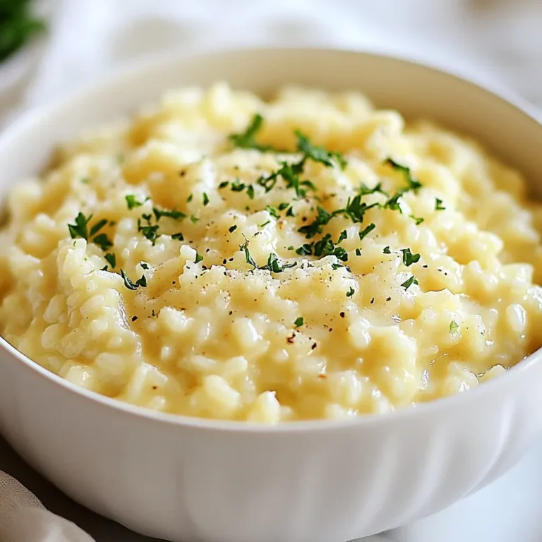 To make creamy garlic Parmesan risotto, gather these ingredients: - 1 cup Arborio rice - 4 cups vegetable broth - 1 cup finely chopped yellow onion - 4 cloves garlic, minced - 1 cup freshly grated Parmesan cheese - 1 cup heavy cream - 2 tablespoons unsalted butter - 2 tablespoons extra virgin olive oil - Salt and freshly ground black pepper to taste - Fresh parsley, finely chopped (for garnish) When choosing ingredients, focus on quality. Select fresh garlic and a good brand of Parmesan. Look for high-quality Arborio rice. The rice should be plump and slightly shiny. For the vegetable broth, low-sodium options work well, letting you control the salt. Fresh parsley should be bright green with no wilting. Always check for freshness in all items. If you need dairy-free options, swap heavy cream with coconut cream or cashew cream. For a vegan version, use nutritional yeast in place of Parmesan. You can also replace butter with vegan butter or olive oil. If gluten is a concern, check labels for broth and rice to ensure they are gluten-free. These swaps keep the dish tasty and satisfying. {{ingredient_image_2}} 1. Start by warming the vegetable broth in a medium saucepan. Keep it over low heat. It should be warm, not boiling. 2. Finely chop the yellow onion and mince the garlic. This makes them easy to cook. 3. Measure out one cup of Arborio rice. This rice is key for risotto's creamy texture. 4. Gather your other ingredients: heavy cream, Parmesan cheese, butter, and olive oil. 1. In a large skillet, heat the olive oil and butter over medium heat. Wait until the butter melts and shimmers. 2. Add the chopped onion to the skillet. Sauté for about five minutes. You want the onion to be soft and clear. 3. Mix in the minced garlic and cook for one to two minutes. Stir it often. You don’t want the garlic to burn. 4. Now, pour in the Arborio rice. Stir well to coat each grain in the buttery mix. Toast the rice for about two to three minutes. This enhances its flavor. 5. Begin adding the warm vegetable broth one ladleful at a time. Stir often and wait for the rice to absorb the broth before adding more. 6. Continue this process for about 18 to 20 minutes. The risotto should become creamy, and the rice should be al dente. 1. When the rice is cooked just right, take the skillet off the heat. Stir in the heavy cream and Parmesan cheese. Mix until it’s smooth and creamy. 2. Taste your risotto. Add salt and freshly ground black pepper to your liking. 3. Let it rest for one minute. This helps the risotto thicken even more. 4. Serve the risotto hot, topping each plate with fresh chopped parsley and more Parmesan if you like. This method gives you a rich and flavorful dish you will love! When making risotto, avoid rushing the cooking. Do not add all the broth at once. This leads to mushy rice. Also, skip pre-rinsing the Arborio rice. Rinsing removes the starch needed for creaminess. Lastly, don’t skip resting the risotto after cooking. This step enhances the creamy texture. To boost flavor, use fresh garlic and good-quality Parmesan cheese. Sauté the garlic until fragrant, but don’t let it burn. Use warm vegetable broth for a smooth blend. You can also add a splash of white wine before the broth. This adds depth and a hint of acidity. Adjust the salt and pepper last, as the cheese adds saltiness. For this recipe, a large skillet is best. It allows for even cooking and stirring. A wooden spoon or silicone spatula helps mix without scratching the pan. Use a ladle for adding broth. A medium saucepan is ideal for warming the broth. These tools make the process easier and more enjoyable. Pro Tips Use Warm Broth: Always keep your vegetable broth warm while cooking the risotto. Cold broth can shock the rice and prevent it from cooking evenly. Stir Constantly: Stirring the risotto constantly helps release the starches from the rice, which is what gives risotto its signature creamy texture. Toast the Rice: Toasting Arborio rice before adding the broth enhances its nutty flavor and ensures a better texture in the final dish. Rest Before Serving: Letting the risotto rest for a minute off the heat allows flavors to meld and the dish to thicken slightly, resulting in a creamier consistency. {{image_4}} You can boost your risotto by adding protein. Chicken, shrimp, or sausage work well. Cook the protein first, then set it aside. Add it back in when you mix in the cheese and cream. This makes the dish heartier and more filling. If you want a vegetarian risotto, skip the meat and use vegetable broth. For a vegan version, replace heavy cream with coconut milk or almond milk. Use nutritional yeast instead of Parmesan for that cheesy flavor. These swaps keep the dish rich and tasty while meeting dietary needs. Herbs and spices can make your risotto pop! Try adding fresh basil or thyme for a fragrant twist. A pinch of red pepper flakes gives it a nice kick. You can also add lemon zest for brightness. These simple additions can elevate the flavor and make each bite exciting. Store leftover risotto in an airtight container. Let it cool before sealing. It keeps well in the fridge for up to three days. Make sure to label the container with the date. To reheat, use a saucepan over low heat. Add a splash of broth or water. Stir often to prevent sticking. Heat until warm, around 5 to 7 minutes. You can also microwave it. Use a microwave-safe dish and cover it to retain moisture. Heat for one minute, stir, then heat again if needed. You can freeze risotto, but it may change texture. Place it in a freezer-safe container. Leave space at the top as it expands. It can be frozen for up to two months. Thaw overnight in the fridge before reheating. Stir in a little broth when reheating to help it regain creaminess. Risotto is a creamy rice dish from Italy. It uses short-grain rice, like Arborio. This rice is high in starch, which gives risotto its creamy texture. You cook it slowly by adding broth little by little. This method makes the rice absorb flavors well. You can add many ingredients like cheese, vegetables, or meats to make it rich. Yes, you can use other types of rice. However, I recommend sticking with Arborio rice. It gives the best creamy texture. Other options include Carnaroli or Vialone Nano. If you use long-grain rice, the dish will not be as creamy. Long-grain rice does not have the same starch content. To make this risotto gluten-free, use gluten-free vegetable broth. Most store-bought broths are gluten-free, but check the label. Also, the ingredients in this recipe, like rice and cheese, are naturally gluten-free. Just avoid adding any gluten-containing items, like regular bread for garnish. Creamy Garlic Parmesan Risotto pairs well with many dishes. For a light meal, serve it with a simple salad. A fresh green salad with lemon dressing works well. If you want protein, grilled chicken or shrimp are great choices. For a vegetarian option, serve it with roasted vegetables or mushrooms. You can also enjoy it as a side dish with steak or fish. In this post, we explored key ingredients for risotto and how to choose them wisely. I shared step-by-step instructions for making creamy risotto, including tips to avoid common mistakes. We examined tasty variations, from protein options to vegetarian ideas. Lastly, we discussed proper storage and reheating for leftovers. Risotto is versatile and fun to make. With these tips, you can impress anyone at your table. Enjoy experimenting with flavors and finding your favorite version.