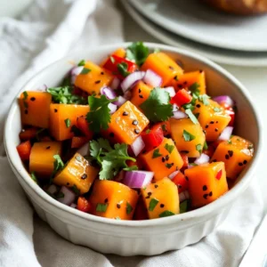 - 1 ripe mango, diced into 1/2-inch pieces - 1 cup fresh pineapple, diced into 1/2-inch pieces - 1/2 red bell pepper, finely chopped - 1/4 red onion, finely chopped - 1 jalape&ntilde;o, deseeded and minced (optional) - 1/4 cup fresh cilantro leaves, roughly chopped - Juice of 1 lime (about 2 tablespoons) - Salt, to taste Selecting ripe mango and pineapple is key for great flavor. Look for mangoes that feel slightly soft when pressed. Their skin should have a mix of green and yellow. For pineapples, choose those that smell sweet at the base. The color should be rich and golden. If fresh ingredients aren't available, consider using frozen mango or pineapple. Just make sure to thaw them first and drain any excess liquid. You can also swap red bell pepper for yellow or orange for a different taste. If you want a milder salsa, skip the jalape&ntilde;o or use a small amount. Each serving has about 80 calories. Here&rsquo;s the breakdown: - Carbohydrates: 20g - Fiber: 3g - Sugars: 10g - Protein: 1g - Fat: 0g This salsa is low in calories and packed with vitamins. It&rsquo;s a fresh way to enjoy fruits while adding flavor to your meals. {{ingredient_image_2}} 1. Start with a ripe mango. Peel it and cut it into 1/2-inch pieces. 2. Next, take fresh pineapple and chop it into 1/2-inch pieces as well. 3. Place the diced mango and pineapple in a medium bowl. 4. Then, finely chop 1/2 of a red bell pepper. Add it to the bowl. 5. Now, finely chop 1/4 of a red onion and mix it in with the fruits. 1. If you like heat, grab a jalape&ntilde;o. Deseed it and mince it. 2. Add the minced jalape&ntilde;o to the bowl. Stir gently to mix. 3. Next, take 1/4 cup of fresh cilantro leaves. Roughly chop them. 4. Toss the chopped cilantro into the bowl with the other ingredients. 1. Squeeze the juice of one lime over the mixture. This adds zing. 2. Stir everything together until well combined. 3. Season with salt to taste. Adjust lime and salt as needed. 4. Let the salsa rest for 10-15 minutes at room temperature. 5. This helps the flavors blend beautifully. Enjoy your fresh salsa! To make your Mango Pineapple Salsa shine, start with balancing flavors. The lime juice adds brightness, while salt enhances sweetness. Mix these in small amounts until it tastes just right. Always remember, fresh ingredients make a huge difference. They bring out the best flavors. Timing is key in the marination process. Letting the salsa rest for 10-15 minutes allows flavors to blend. This little wait makes the salsa even better. It creates a burst of flavor in every bite. For serving, use a colorful bowl. This adds visual appeal to your dish. Place tortilla chips around it for a fun touch. You can also serve it with grilled fish. This brings a tropical feel to your meal. Garnishing with fresh cilantro adds a pop of color. It also enhances the fresh flavor. Just sprinkle a few leaves on top for a stunning look. Use a medium mixing bowl for making your salsa. It gives you enough space to mix without spills. A sharp knife is also a must for chopping. It makes cutting the fruits easier and faster. For storage, choose airtight containers. This keeps your salsa fresh for longer. Look for glass or plastic options, depending on your preference. Pro Tips Choose Ripe Fruits: Ensure your mango and pineapple are ripe for optimal sweetness and flavor. A ripe mango will yield slightly to pressure, while a ripe pineapple will have a sweet aroma and a slight give when squeezed. Adjust Heat Level: The jalape&ntilde;o can be omitted or adjusted based on your spice preference. For a milder salsa, remove the seeds and membranes, which contain most of the heat. Chill Before Serving: For a refreshing taste, chill the salsa in the refrigerator for 30 minutes before serving. This allows the flavors to meld even further and enhances the overall experience. Experiment with Add-ins: Feel free to add other ingredients such as diced avocado, corn, or black beans for added texture and flavor variety. This salsa is versatile and can be customized to your taste. {{image_4}} To heat things up, try adding more jalape&ntilde;o. You can also use other hot peppers. Serrano or habanero peppers work well if you like it hot. Just remember to adjust the amount to your taste. Start small, then add more if you want extra spice. The heat adds a fun kick that pairs nicely with the sweet mango and pineapple. For a sweeter twist, think about adding more fruits. Kiwi and strawberries are great choices. Dicing kiwi gives a lovely green color and adds a tangy taste. Strawberries add a bright red hue and a sweet burst. Mix these fruits into your salsa for a tropical feel. Feel free to combine different fruits based on what you have. If you want to change up the herbs, consider using mint or basil. Mint brings a refreshing flavor that complements the fruits well. Basil adds a unique taste that pairs nicely with the lime. You can try both options to see which one you enjoy more. Each herb gives the salsa a different twist, making it fun to experiment. To keep your salsa fresh, store it in an airtight container. Place the container in the fridge right after serving. This will help maintain its bright flavors. Use the salsa within three days for the best taste. If you notice any browning, that's normal from the lime juice. Just stir it back in before serving. If you want to save some salsa for later, freezing is a great option. First, pour the salsa into a freezer-safe container or a zip-top bag. Leave some space at the top, as it will expand when frozen. Seal it tightly and label it with the date. When you're ready to eat it, move it to the fridge to thaw overnight. For quick thawing, place the sealed bag in cold water for about an hour. In the fridge, your mango pineapple salsa stays good for about three days. If you freeze it, it lasts for up to three months. After that, the flavors may fade. Always check for any off smells or changes in texture before enjoying your salsa. Keeping track of dates helps ensure you savor every bite! Yes, you can use canned fruits. Canned fruits are convenient and save time. They can also have a longer shelf life. However, fresh fruits taste better and have a crisp texture. Canned fruits may be softer and have added sugars or syrups. If you choose canned, rinse them to reduce extra sugar. Fresh ingredients give the best flavor and nutrition. Mango pineapple salsa pairs well with many dishes. You can enjoy it with grilled chicken or fish. It also works great as a topping for tacos or burritos. Serve it with tortilla chips for a tasty snack. It adds a bright flavor to salads, too. You can mix it into rice or quinoa for a fresh twist. You can store mango pineapple salsa in the fridge for about three days. After that, the flavors may fade and the texture might change. To keep it fresh, store it in an airtight container. If you notice any off smells or colors, it's best to throw it away. Enjoy your salsa while it's fresh for the best taste! Mango pineapple salsa brings a burst of flavor and color to any table. We covered essential ingredients, preparation steps, and tips for the best results. Don&rsquo;t forget the variations to keep it exciting. Storing leftovers properly helps maintain freshness. With this guide, you gain the knowledge to impress friends and family with your salsa skills. Enjoy making this dish, and remember, creativity can lead to delicious surprises!